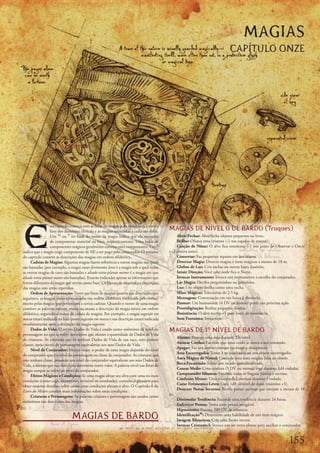 MAGIAS
                                                                                                                               CAPÍTULO ONZE




E
                  ste	capitulo	começa	com	as	listas	de	magias	para	cada	classe	e	com	a	
                  lista	dos	domínios	clericais	e	as	magias	associadas	a	cada	um	deles.	   MAGIAS DE NÍVEL 0 DE BARDO (Truques)
                  Um	 M	ou	 F	no	final	do	nome	da	magia	indica	que	ela	necessita	              Abrir/Fechar:	Abre/fecha	objetos	pequenos	ou	leves.
                  de	componente	material	ou	foco,	respectivamente.	Uma	bolsa	de	               Brilho:	Ofusca	uma	criatura	(-1	nas	jogadas	de	ataque).
                  componentes	mágicos	geralmente	contém	estes	componentes.	Um	X	               Canção de Ninar:	O	alvo	fica	sonolento	(-1	nos	testes	de	Observar	e	Ouvir	
indica	que	a	magia	exige	componente	de	XP,	a	ser	pago	pelo	conjurador.	O	restante	        e	-2	contra	sono).
do	capitulo	contem	as	descrições	das	magias	em	ordem	alfabética.                               Consertar:	Faz	pequenos	reparos	em	um	objeto.
     Cadeias de Magias:	Algumas	magias	fazem	referência	a	outras	magias,	nas	quais	            Detectar Magia:	Detecta	magias	é	itens	mágicos	a	menos	de	18	m.
são	baseadas	(por	exemplo,	a	magia	curar ferimentos leves	é	a	magia	sob	a	qual	todas	          Globos de Luz:	Cria	tochas	ou	outras	luzes	ilusórias.
as	outras	magias	de	cura	são	baseadas	e	aliado extra-planar menor	é	a	magia	em	que	            Intuir Direção:	Você	sabe	onde	fica	o	Norte.
aliado extra-planar maior	são	baseadas).	Estarão	indicadas	apenas	as	informações	que	          Invocar Instrumento:	Invoca	um	instrumento	a	escolha	do	conjurador.
forem	diferentes	da	magia	que	serviu	como	base.	Os	blocos	de	estatística	e	descrições	         Ler Magia:	Decifra	pergaminhos	ou	grimórios.
das	magias	não	serão	repetidos.                                                                Luz:	Um	objeto	brilha	como	uma	tocha.
     Ordem de Apresentação:	Tanto	nas	listas	de	magias	quanto	nas	descrições	que	              Mãos Mágicas:	Telecinésia	de	2,5	kg.
seguintes,	as	magias	serão	apresentadas	em	ordem	alfabética	(ordenada	pelo	nome)	              Mensagem:	Conversação	em	voz	baixa	á	distância.
exceto	pelas	magias	que	pertençam	a	certas	cadeias.	Quando	o	nome	de	uma	magia	                Pasmar:	Um	humanóide	(4	DV	ou	menos)	perde	sua	próxima	ação.
contiver	as	palavras	menor,	maior	ou	massa	a	descrição	da	magia	estará	em	ordem	               Prestidigitação:	Realiza	pequenas	ilusões.
alfabética,	seguindo	o	nome	da	cadeia	de	magias.	Por	exemplo,	a	magia	sugestão em              Resistência:	O	alvo	recebe	+1	para	lestes	de	resistência.
massa	estará	indicada	na	lista	como	sugestão em massa	e	sua	descrição	estará	indicada	         Som Fantasma:	Imita	sons.
imediatamente	após	a	descrição	da	magia	sugestão.
     Dados de Vida:	O	termo	Dados	de	Vida	é	usado	como	sinônimo	de	nível	do	              MAGIAS DE 1 NÍVEL DE BARDO
personagem	no	que	se	refere	aos	efeitos	que	afetam	a	quantidade	de	Dados	de	Vida	
                                                                                               Alarme:	Protege	uma	área	durante	2	h/nível.
de	criaturas.	As	criaturas	que	só	tenham	Dados	de	Vida	de	sua	raça,	sem	possuir	
                                                                                               Animar Cordas:	Faz	com	que	uma	corda	se	mova	a	seu	comando.
classes,	terão	níveis	de	personagem	equivalerias	aos	seus	Dados	de	Vida.
                                                                                               Apagar:	Faz	um	escrito	comum	ou	mágico	desaparecer.
     Nível de Conjurador:	Muitas	vezes,	o	poder	de	uma	magia	depende	do	nível	
                                                                                               Área Escorregadia:	Torna	3	m	quadrados	ou	um	objeto	escorregadio.
do	conjurador	que	é	o	nível	do	personagem	na	classe	de	conjurador.	As	criaturas	que	
                                                                                               Aura Mágica de Nystul:	Concede	uma	aura	mágica	falsa	ao	objeto.
não	tenham	classe,	possuem	um	nível	do	conjurador	equivalente	aos	seus	Dados	de	
                                                                                               Boca Encantada:	Emite	um	recado	quando	ativada.
Vida,	a	menos	que	sua	descrição	determine	outro	valor.	A	palavra	nível	nas	listas	de	
                                                                                               Causar Medo:	Uma	criatura	(5	DV	ou	menos)	foge	durante	1d4	rodadas.
magia	sempre	se	refere	ao	nível	do	conjurador.
                                                                                               Compreender Idiomas:	Entenda	todas	as	línguas	faladas	e	escritas.
     Efeitos Mágicos e Condições:	Se	uma	magia	afetar	seu	alvo	com	uma	ou	mais	
                                                                                               Confusão Menor:	Uma	criatura	fica	confusa	durante	1	rodada.
condições	(como	cego,	incorpóreo,	invisível	ou	atordoado),	consulte	o	glossário	para	
                                                                                               Curar Ferimentos Leves:	Cura	1d8	+l/nível	de	dano	(máximo	+5).
obter	maiores	detalhes	sobre	como	estas	condições	afetam	o	alvo.	O	Capítulo	8	do	
                                                                                               Detectar Portas Secretas:	Revela	portas	secretas	que	estejam	a	menos	de	18	
Livro do Mestre	contém	mais	informações	sobre	estas	condições.
                                                                                          m.
     Criaturas e Personagens:	As	palavras	criatura	e	personagem	são	usados	como	
                                                                                               Dissimular Tendência:	Esconde	uma	tendência	durante	24	horas.
sinônimos	nas	descrições	das	magias.
                                                                                               Enfeitiçar Pessoa:	Torna	uma	pessoa	amigável.
                                                                                               Hipnotismo:	Fascina	2d4	DV	de	criaturas.
                               MAGIAS DE BARDO                                                 IdentificaçãoM:	Determina	uma	habilidade	de	um	item	mágico.
                                                                                               Imagem Silenciosa:	Cria	uma	ilusão	menor.
                                                                                               Invocar Criaturas I:	Invoca	um	ser	extra-planar	para	auxiliar	o	conjurador.


                                                                                                                                                                  1
 