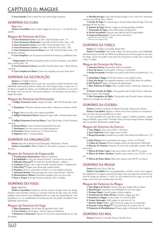 CAPÍTULO 11: MAGIAS
       9 Sexto Sentido:	Sexto	sentido	lhe	avisa	sobre	perigo	iminente.                      4 Muralha de Fogo:	Causa	2d4	de	dano	de	fogo	a	3	m	e	1d4	a	6	m.	Atravessar	
                                                                                        o	muro	causa	2d6	de	dano	+l/nível.
DOMÍNIO DA CURA                                                                             5 Escudo do Fogo:	As	criaturas	que	o	atacam	sofrem	dano	de	fogo.	Você	está	
                                                                                        protegido	de	frio	ou	calor.
     Deus:	Pelor.                                                                           6 Semente de Fogo:	Bolotas	e	bagas	se	tornam	granadas	e	bombas.
     Poderes Concedidos:	Você	conjura	magias	de	cura	com	+1	no	nível	de	con-                7 Tempestade de Fogo:	Causa	1d6	de	dano	de	fogo/nível.
jurador.                                                                                    8 Nuvem Incendiária:	Nuvem	causa	4d6	de	dano	de	fogo/rodada.
                                                                                            9 Grupo de Elementais**:	Invoca	vários	elementais.
Magias do Domínio da Cura                                                                   *	Somente	para	resistir	ao	frio	ou	ao	fogo.
      1 Curar Ferimentos Leves:	Cura	1d8	+	l/nível	de	dano	(máx.	+5).                       **	Somente	como	magia	do	fogo.
      2 Curar Ferimentos Moderados:	Cura	2d8	+l/nível	de	dano	(máx.	+10).
      3 Curar Ferimentos Graves:	Cura	3d8	+1/nível	de	dano	(máx.	+15).                  DOMÍNIO DA FORÇA
      4 Curar Ferimentos Críticos:	Cura	4d8+	l/nível	de	dano	(máx.	+20).
                                                                                             Deuses:	St.	Cuthbert,	Gruumsh,	Kord,	Pelor.
      5 Curar Ferimentos Leves em Massa:	Cura	1d8	+l/nível	de	dano	(máx.	+25)	
                                                                                             Poderes Concedidos:	Você	pode	realizar	um	feito	de	força,	uma	habilidade	
de	diversas	criaturas.
                                                                                        sobrenatural	que	concede	um	bônus	de	melhoria	para	sua	Força	igual	ao	seu	nível	
      6 Cura Completa:	Cura	10	pontos	de	dano/nível,	doenças	e	problemas	men-
                                                                                        de	clérigo.	Ativar	esse	poder	é	uma	ação	livre.	Ele	pode	ser	usado	uma	vez	por	dia	
tais.
                                                                                        e	dura	1	rodada.
      7 Regeneração:	Membros	decepados	do	alvo	crescem	novamente,	cura	4d8	de	
dano	+l/nível	(máx.	35).
      8 Curar Ferimentos Críticos:	Cura	4d8+	l/nível	de	dano	(máx.	+40)	de	diversas	
                                                                                        Magias do Domínio da Força
                                                                                             1 Aumentar Pessoa:	Humanóide	dobra	de	tamanho.
criaturas.
                                                                                             2 Força do Touro:	O	alvo	ganha	+4	For	por	1	min/nível.
      9 Cura Completa em Massa:	Como	cura	rompida,	mas	para	vários	alvos.
                                                                                             3 Roupa Encantada:	Armadura	ou	escudo	recebe	bônus	de	melhoria	de	+1/4	
                                                                                        níveis.
DOMÍNIO DA DESTRUIÇÃO                                                                        4 Imunidade à Magia:	O	alvo	fica	imune	a	uma	magia/4	níveis.
     Deuses:	St.	Cuthbert,	Hextor.                                                           5 Força dos Justos:	Seu	tamanho	aumenta	e	você	recebe	bônus	de	combate.
     Poderes Concedidos:	Uma	vez	por	dia,	você	ganha	o	poder	de	destruir,	uma	               6 Pele RochosaM:	Ignora	10	pontos	de	dano/ataque.
habilidade	sobrenatural;	pode-se	realizar	um	único	ataque	corpo	a	corpo	com	+4	              7 Mão Poderosa de Bigby:	Mão	Grande	fornece	cobertura,	empurra	ou	
de	bônus	na	jogada	de	ataque	e	um	modificador	de	dano	equivalente	ao	seu	nível	         agarra.
de	clérigo	(caso	você	acerte).	Você	precisa	declarar	o	uso	do	poder	antes	de	fazer	a	        8 Punho Cerrado de Bigby:	Uma	grande	mão	Grande	fornece	cobertura,	
jogada	de	ataque.                                                                       empurra	ou	ataca	seus	inimigos.
                                                                                             9 Mão Esmagadora de Bigby:	Uma	grande	mão	Grande	fornece	cobertura,	
Magias do Domínio da Destruição                                                         empurra	ou	esmaga	seus	inimigos.
       1 Infligir Ferimentos Leves:	Ataque	de	toque,	1d8	+l/nível	de	dano	(máx.	
+5).                                                                                    DOMÍNIO DA GUERRA
       2 Despedaçar:	Vibrações	sônicas	causam	dano	a	objetos	ou	criaturas	cristali-
                                                                                             Deuses:	Corellon	Larethian,	Erythnul,	Gruumsh,	Heironeous,	Hextor.
nas.
                                                                                             Poderes Concedidos:	Adquire	o	talento	Usar	Arma	Comum	(se	necessário)	e	
     3 Praga:	Infecta	um	alvo	com	a	doença	escolhida.
                                                                                        Foco	em	Arma	da	arma	predileta	de	seu	deus.
     4 Infligir Ferimentos Críticos:	Ataque	de	toque,	4d8	+1/nível	de	dano	(máx.	
                                                                                             As	armas	prediletas	de	cada	deus	estão	a	seguir	Corellon	Larethian,	espada	
+20).
                                                                                        longa;	Erythnul,	maça-estrela;	Gruumsh,	lança	(ou	lança	longa);	Hextor,	mangual	
     5 Infligir Ferimentos Leves em Massa:	Causa	1d8	de	dano	+l/nível	a	diversas	
                                                                                        (leve	ou	pesado);	Heironeous,	espada	longa.
criaturas.
     6 Doença Plena:	Causa	10	pontos	de	dano/nível	no	alvo.
     7 Desintegrar:	Faz	uma	criatura	ou	objeto	desaparecer.
                                                                                        Magias do Domínio da Guerra
                                                                                             1 Arma Mágica:	Uma	arma	recebe	+1	de	bônus.
     8 Terremoto:	Tremor	intenso	em	1,5	m/nível	de	raio.
                                                                                             2 Arma Espiritual:	Arma	mágica	ataca	sozinha.
     9 Implosão:	Mata	1	criatura/rodada.
                                                                                             3 Roupa Encantada:	Armadura	ou	escudo	recebe	bônus	de	melhoria	de	+1/4	
                                                                                        níveis.
DOMÍNIO DA ENGANAÇÃO                                                                         4 Poder Divino:	Você	recebe	bônus	de	ataque,	+6	For	e	1	PV/nível.
     Deuses:	Boccob,	Erythnul,	Garl	Glittergold,	Olidammara,	Nerull.                         5 Coluna de Chamas:	Destrói	inimigos	através	de	fogo	divino	(1d6/nível).
     Poderes Concedidos:	Blefar,	Disfarces	e	Esconder-se	passam	a	ser	perícias	              6 Barreira de Lâminas:	Lâminas	em	torno	do	conjurador	causam	1d6	de	
de	classe.                                                                              dano/nível.
                                                                                             7 Palavra de Poder, Cegar:	Cega	uma	criatura	com	200	PV	ou	menos.
Magias do Domínio da Enganação                                                               8 Palavra de Poder, Atordoar:	Atordoa	uma	criatura	com	150	PV	ou	me-
       1   Transformação Momentânea:	Muda	sua	aparência.                                nos.
       2   Invisibilidade:	O	alvo	fica	invisível	durante	1	min/nível	ou	até	atacar.          9 Palavra de Poder, Matar:	Mata	uma	criatura	com	100	PV	ou	menos.
       3   Dificultar DetecçãoM:	Esconde	alvo	de	adivinhações	e	vidência.
       4   Confusão:	Obriga	o	alvo	a	agir	de	modo	estranho	durante	1	rodada/nível.      DOMÍNIO DA MAGIA
       5   Visão FalsaM:	Engana	uma	observação	usando	ilusões.
                                                                                             Deuses:	Boccob,	Vecna,	Wee	Jas.
       6   Despistar:	Deixa	o	conjurador	invisível	e	cria	uma	duplicata	ilusória.
                                                                                             Poderes Concedidos:	Você	usa	pergaminhos,	varinhas	e	outros	itens	mágicos	
       7   Animação Ilusória:	Ilusão	protege	área	contra	visão	normal	e	vidência.
                                                                                        de	complemento	a	magia	ou	ativação	de	magia	como	um	mago	com	metade	de	seu	
       8   Metamorfosear Objetos:	Transforma	qualquer	alvo	em	outra	coisa.
                                                                                        nível	de	clérigo	(no	mínimo	1°	nível).	Se	você	também	for	um	mago,	seu	nível	de	
       9   Parar o Tempo:	Você	age	livremente	durante	1d4+1	rodadas.
                                                                                        mago	e	esses	níveis	são	somados	para	esses	fins.

DOMÍNIO DO FOGO                                                                         Magias do Domínio da Magia
    Deus:	Obad-Hai.                                                                         1   Aura Mágica de Nystul:	Concede	uma	aura	mágica	falsa	ao	objeto.
    Poderes Concedidos:	Expulsa	ou	destrói	criaturas	da	água	como	um	clérigo	               2   Identificação:	Determina	uma	habilidade	de	um	item	mágico.
bondoso	usaria	Expulsar.	Fascina	ou	comanda	criaturas	do	fogo	como	um	clérigo	              3   Dissipar Magia:	Cancela	magias	e	efeitos	mágicos.
maligno	usaria	Fascinar.	Essa	habilidade	pode	ser	usada	uma	quantidade	de	vezes	            4   Transferência de Poder Divino:	Transfere	magias	para	alvo.
equivalente	a	3+	seu	modificador	de	Carisma	por	dia.	Este	poder	concedido	é	uma	            5   Resistência à Magia:	O	alvo	recebe	12+	l/nível	de	RM.
habilidade	sobrenatural.                                                                    6   Campo Antimagia:	Anula	magia	em	uma	área	de	3	m.
                                                                                            7   Reverter Magia:	Reflete	1d4+6	níveis	de	magia	em	seu	conjurador.
Magias do Domínio do Fogo                                                                   8   Proteção Contra MagiasMF:	Concede	bônus	de	resistência	de	+8.
    1 Mãos Flamejantes:	1d4	de	dano	de	fogo/nível	(máx.	5d4).                               9   Disjunção de Mordenkainen:	Dissipa	magia	e	desencanta	itens	mágicos.
    2 Criar Chamas:	1d6	de	dano	+	l/nível,	toque	ou	à	distância.
    3 Resistência a Elementos*:	Ignora	10	(ou	mais)	ataque/rodada	de	um	tipo	           DOMÍNIO DO MAL
de	energia.
                                                                                            Deuses:	Erythnul,	Gruumsh,	Hextor,	Nerull,	Vecna.


10
 