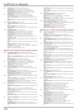 CAPÍTULO 11: MAGIAS
Evoc	  Bola de Fogo:	1d6	de	dano	por	nível,	6	m	de	raio.                          	      Parede Ilusória:	Muro,	chão	ou	teto	parecem	reais,	mas	qualquer	coisa	
	      Luz do Dia:	Ilumina	18	m	de	raio	com	uma	luz	brilhante.                           pode	atravessá-los.
	      Muralha de Vento:	Desvia	disparos,	criaturas	pequenas	e	gases.             	      Terreno Ilusório:	Faz	um	tipo	de	terreno	parecer	outro	(de	campo	para	
	      Pequeno Refúgio de Leomund:	Cria	um	abrigo	para	10	criaturas.                     floresta,	etc.).
	      Relâmpago:	Eletricidade	causa	1d6	de	dano/nível.                           Necro	 Criar Mortos-Vivos Menor:	Cria	zumbis	e	esqueletos.
Ilus	  Deslocamento:	Os	ataques	têm	50%	de	chance	de	fracassar.                   	      Drenar Temporário:	Alvo	perde	1d4	níveis.
	      Escrita IlusóriaM:	Somente	o	leitor	designado	pode	entendê-la.             	      Medo:	Os	alvos	dentro	do	cone	fogem	durante	1	rodada/nível.
	      Esfera de Invisibilidade:	Torna	todos	dentro	de	uma	área	de	3	m	invi-      	      Praga:	Infecta	um	alvo	com	a	doença	escolhida.
       síveis.                                                                    	      Rogar Maldição:	-6	numa	habilidades;	-4	nos	ataques,	testes	de	resistências	
	      Imagem Maior:	Como	imagem silenciosa,	mas	com	som,	cheiro	e	tempera-              e	testes;	ou	50%	de	chance	de	perder	cada	ação
       tura                                                                       Trans	 Aumentar Pessoa em Massa:	Aumenta	diversas	criaturas.
Necro	 Descanso Tranqüilo:	Preserva	um	corpo.                                     	      Melhoria Mnemônica de RaryF:	(Somente	Mago)	Prepare	magias	adi-
	      Imobilizar Mortos-Vivos:	Imobiliza	mortos-vivos	durante	1	rodada/                 cionais	ou	mantenha	uma	recentemente	lançada.
       nível.                                                                     	      Metamorfose:	Alvo	voluntário	assume	uma	nova	forma.
	      Raio de Exaustão:	Raio	torna	o	alvo	exausto.                               	      Moldar Rochas:	Molda	pedra	em	qualquer	forma.
	      Toque Vampírico:	Toque	causa	1d6/2	níveis,	o	conjurador	recebe	o	dano	     	      Reduzir Pessoa em Massa:	Reduz	diversas	criaturas.
       como	PV.
Trans	 Arma Mágica Maior:	+1/4	níveis,	máx.	+5.
	      Encolher Item:	Objeto	encolhe	para	um	1/16	de	seu	tamanho.
                                                                                  MAGIAS DE 5 NÍVEL DE FEITICEIRO E MAGO
	      Flecha de Chamas:	Flechas	causam	+1d6	de	dano	de	fogo.                     Abjur	 Cancelar Encantamento:	Liberta	os	alvos	de	encantamentos,	alterações,	
	      Forma Gasosa:	O	alvo	fica	incorpóreo	e	pode	voar	lentamente.                      maldições	e	petrificação.
	      Lâmina Afiada:	Dobra	a	margem	de	ameaça	normal	da	arma.                           Expulsão:	Força	uma	criatura	a	retornar	para	seu	plano	nativo.
	      Lentidão:	1	alvo/nível	pode	realizar	apenas	1	ação/rodada,	-2	na	CA,	-2	          Santuário Particular de Mordenkainen:	Evita	espionagem	ou	vidência	
       nas	jogadas	de	ataque.                                                            por	24	horas.
	      Página Secreta:	Altera	uma	página	para	esconder	seu	verdadeiro	con-        Adiv	 Contato Extra-planar:	Pergunte	algo	a	uma	entidade	extra-planar.
       teúdo.                                                                            Ligação Telepática de Rary:	Ligação	permite	que	aliados	se	comuni-
	      Piscar:	Você	desaparece	e	reaparece	aleatoriamente	durante	1	rodada/              quem.
       nível.                                                                            Olhos Observadores:	1d4	olhos	flutuantes	+1/nível	espionam	por	você.
	      Respirar na Água:	Os	alvos	podem	respirar	sob	a	água.                      Conj	 Âncora Planar Menor:	Prende	um	ser	extra-planar	(6	DV	ou	menos)	até	
	      Velocidade:	1	criatura/nível	se	move	com	mais	rapidez,	+1	no	ataque,	CA	          cumprir	uma	tarefa.
       e	testes	de	resistência	de	Reflexos.                                              Arca Secreta de LeomundF:	Esconde	um	baú	no	Plano	Etéreo;	o	conju-
	      Vôo:	O	alvo	voa	(deslocamento	de	18	m).                                           rador	pode	pegá-lo	quando	desejar.
                                                                                         Cão Fiel de Mordenkainen:	Cachorro	fantasma	pode	guardar	e	atacar.
                                                                                         Criar Itens Temporários:	Como	criar itens efêmeros,	mas	também	pedra	
MAGIAS DE 4 NÍVEL DE FEITICEIRO E MAGO                                                  e	metal.
Abjur	 Âncora Dimensional:	Impede	movimento	extra-dimensional.                           Invocar Criaturas V:	Invoca	um	ser	extra-planar	para	auxiliar	o	conju-
	      Armadilha de FogoM:	Objeto	causa	1d4	de	dano	+1/nível	quando	ab-                  rador.
       erto.                                                                             Muralha de Pedra:	Cria	uma	barreira	de	pedra	que	pode	ser	moldada.
	      Globo de Invulnerabilidade Menor:	Impede	efeitos	de	magias	de	1°	a	3°	            Névoa Mortal:	Mata	sem	resistência	(3	DV);	com	resistência	(4-6	DV)	
       nível.                                                                            ou	dano	de	Com.
	      Pele RochosaM:	Ignora	10	pontos	de	dano/ataque.                                   Teletransporte:	Transporta	você	instantaneamente	para	150	km/nível
	      Remover Maldição:	Liberta	objeto	ou	pessoa	de	maldição.                    Encan	 Dominar Pessoa:	Controla	humanóide	por	telepatia.
Adiv	 Detectar Vidência:	Alerta	o	conjurador	sobre	espionagem	mágica.             	      Enfraquecer o Intelecto:	Inteligência	e	Carisma	do	alvo	caem	para	1.
	      Localizar Criatura:	Indica	a	direção	de	uma	criatura	familiar.             	      Imobilizar Monstro:	Como	imobilizar	pessoa,	mas	com	qualquer	cria-
	      Olho Arcano:	Olho	invisível	flutua	a	9	m/rodada.                                  tura.
	      VidênciaF:	Espiona	alguém	à	distância.                                     	      Névoa Mental:	Os	alvos	na	névoa	recebem	-10	na	Sab	e	testes	de	Von-
Conj	 Criar Itens Efêmeros:	Cria	um	objeto	de	pano	ou	madeira.                           tade.
	      Invocar Criaturas IV:	Invoca	um	ser	extra-planar	para	auxiliar	o	conju-    	      Símbolo do SonoM:	Runa	ativada	coloca	as	criaturas	próximas	para	
       rador.                                                                            dormir.
	      Névoa Sólida:	Bloqueia	visão	e	diminui	deslocamento.                       Evoc	 Cone Glacial:	1d6	de	dano	de	frio/nível.
	      Porta Dimensional:	Teletransporta	o	conjurador	a	uma	distância	curta.      	      Enviar Mensagem:	Entrega	mensagem	curta	em	qualquer	lugar	instanta-
	      Refúgio Seguro de Leomund:	Cria	uma	cabana	resistente.                            neamente.
	      Tentáculos Negros de Evard:	Tentáculos	agarram	em	4,5	m.                   	      Mão Interposta de Bigby, A:	Mão	fornece	cobertura	contra	1	opo-
Encan	 Confusão:	Obriga	o	alvo	a	agir	de	modo	estranho	durante	1	rodada/                 nente.
       nível.                                                                     	      Muralha de Energia:	Muralha	imune	a	dano.
	      Desespero Esmagador:	Vítimas	sofrem	-2	nas	jogadas	de	ataque,	dano,	       Ilus	  Evocação de Sombras:	Imita	evocação	menor	que	5°	nível,	mas	apenas	
       testes	de	resistência,	perícia	e	de	habilidade.                                   20%	real.
       Enfeitiçar Monstro:	Obriga	um	monstro	a	acreditar	que	é	seu	aliado.        	      Imagem Persistente:	Como	imagem	maior,	mas	não	é	necessária	concen-
	      Missão Menor:	Comanda	um	alvo	de	7	DV	ou	menos.                                   tração.
Evoc	 Escudo do Fogo:	Criaturas	atacantes	sofrem	dano	de	fogo.	Protege	de	frio	   	      Miragem Arcana:	Como	terreno	ilusório,	mas	com	estruturas.
       ou	calor.                                                                  	      Pesadelo:	Envia	visão	que	causa	1d10	de	dano	e	fadiga.
	      Esfera Resiliente de Otiluke:	Globo	de	força	protege	(mas	aprisiona)	um	   	      Similaridade:	Muda	a	aparência	de	1	pessoa/2	níveis.
       alvo.                                                                      	      Sonho:	Envia	uma	mensagem	para	qualquer	alvo	dormindo.
	      Grito:	Deixa	todos	no	cone	surdos	e	causa	5d6	de	dano	sônico.              	      Visão FalsaM:	Engana	uma	vidência	usando	ilusões.
	      Muralha de Fogo:	Causa	2d4	de	dano	de	fogo	a	3	m	e	1d4	a	6	m.	Atraves-     Necro	 Malogro:	Murcha	1	planta	ou	causa	1d6/nível	de	dano	contra	criaturas	
       sar	o	muro	causa	2d6	+l/nível.                                                    tipo	planta.
	      Muralha de Gelo:	Parede	de	gelo	com	15	PV	+	l/nível,	ou	esfera	que	        	      Onda da Fadiga:	Diversos	alvos	ficam	fatigados.
       aprisiona	alvo.                                                            	      Recipiente ArcanoF:	Permite	possuir	outra	criatura.
	      Tempestade Glacial:	Granizo	causa	5d6	de	dano	em	um	cilindro	de	12	        	      Símbolo da DorM:	Runa	ativada	causa	dor	às	criaturas	próximas.
       m.                                                                         Trans	 Ampliar Animais:	Um	animal/2	níveis	dobra	de	tamanho.
Ilus	  Assassino Fantasmagórico:	Ilusão	temerária	mata	alvo	ou	causa	3d6	de	      	      Compor:	Transforma	matéria	prima	em	itens	trabalhados.
       dano.                                                                             Criar Passagens:	Abre	um	buraco	madeira	ou	pedra.
	      Conjuração de Sombras:	Imita	conjurações	de	até	4*	nível,	mas	apenas	      	      Lama em Pedra:	Transforma	dois	cubos	de	3	m/nível.
       20%	reais.                                                                 	      Metamorfose Tórrida:	Transforma	o	alvo	num	animal	inofensivo.
	      Invisibilidade Maior:	Como	Invisibilidade,	mas	o	alvo	pode	atacar.         	      Pedra em Lama:	Transforma	dois	cubos	de	3	m/nível.
	      Padrão Prismático:	Luz	impede	24	DV	de	criaturas	de	atacar	ou	se	afa-      	      Telecinésia:	Arremessa	ou	movimenta	objeto,	ataca	ou	arremessa	cria-
       star.                                                                             tura.



1
 