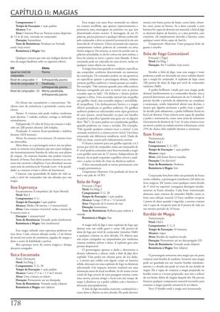 CAPÍTULO 11: MAGIAS
    Componentes:	V                                                Essa	magia	cria	uma	boca encantada	no	objeto	           metais	com	baixo	ponto	de	fusão,	como	latão,	chum-
    Tempo de Execução:	1	ação	padrão                         ou	criatura	escolhida,	que	aparece	repentinamente	e	         bo,	ouro,	prata	ou	bronze.	Se	o	dano	causado	a	uma	
    Alcance:	9	m                                             pronuncia	uma	mensagem	na	próxima	vez	que	um	                barreira	for	capaz	de	destruir	seu	material,	a	bola de fogo	
    Área:	Criaturas	Boas	ou	Neutras	numa	dispersão	          determinado	evento	ocorrer.	A	mensagem,	de	até	25	           se	alastrará	depois	da	barreira,	se	a	área	permitir,	caso	
de	12	m	de	raio,	centrada	no	conjurador                      palavras,	precisa	pertencer	a	qualquer	idioma	conhecido	     contrário,	ela	simplesmente	derruba	a	barreira	como	
    Duração:	Instantânea                                     pelo	conjurador	e	deve	ser	possível	pronunciá-la	em	um	      qualquer	outro	efeito	capaz	de	fazê-lo.
    Teste de Resistência:	Nenhum	ou	Vontade	                 intervalo	de	10	minutos.	A	boca encantada	não	expressa	           Componentes Materiais:	Uma	pequena	bola	de	
anula	(veja	texto)                                           componentes	verbais,	palavras	de	comando	ou	ativa	           guano	e	enxofre.
    Resistência à Magia:	Sim                                 efeitos	mágicos.	No	entanto,	se	move	de	acordo	com	as	
                                                             palavras	articuladas;	se	ela	for	coloca	em	uma	estátua,	a	   Bola de Fogo Controlável
     Qualquer	criatura	que	não	seja	maligna	dentro	da	       boca	da	estatua	se	move	e	parece	estar	falando.	A	boca            Evocação	[	Fogo]
área	da	magia	blasfêmia	sofre	os	seguintes	efeitos:          encantada	pode	ser	colocada	em	uma	árvore,	rocha	ou	              Nível:	Fet/Mag	7
                                                             qualquer	outro	objeto	ou	criatura.                                Duração:	Até	5	rodadas	(veja	texto)
DV                           Efeito                               A	magia	funciona	quando	as	condições	específicas	
Igual ao nível de            Pasma                           são	compridas,	conforme	determinado	no	momento	                   Similar	a	bola de fogo,	mas	esta	magia	é	mais	
conjurador                                                   da	conjuração.	Os	comandos	podem	ser	tão	genéricos	          poderosa	e	pode	ser	detonada	até	cinco	rodadas	depois	
Nível de conjurador -1  Enfraquecida, pasma                  ou	específicos	quanto	o	personagem	desejar,	embora	          que	a	magia	foi	conjurada.	A	explosão	de	fogo	causa	
Nível de conjurador -5  Paralisada,                          somente	gatilhos	auditivos	e	visuais	possam	ser	usados.	     1d6	pontos	de	dano	de	fogo	por	nível	de	conjurador	
                        enfraquecida, pasma                  Por	exemplo:	“Fale	somente	quando	uma	velha	senhora	         (máximo	20d6).
Nível de conjurador -10 Morta, paralisada,                   humana	carregando	um	saco	se	sentar	com	as	pernas	                A	pedra	brilhante	criada	por	esta	magia	pode	
                        enfraquecida, pasma                  cruzadas	aqui	ao	lado”.	Os	disfarces	e	ilusões	podem	        detonar	imediatamente	se	o	conjurador	desejar,	mas	é	
                                                             enganar	o	efeito.	Uma	escuridão	natural	não	atrapalha	       possível	determinar	um	adiamento	de	até	5	rodadas.	É	
                                                             um	gatilho	visual,	mas	escuridão mágica	e	invisibilida-      preciso	decidir	o	período	de	adiamento	ao	completar	
     Os	efeitos	são	cumulativos	e	concorrentes.	Ne-                                                                       a	conjuração,	sendo	impossível	alterar	essa	decisão,	a	
                                                             de	atrapalham.	Um	deslocamento	furtivo	e	a	magia	
nhum	teste	de	resistência	é	permitido	contra	estes	                                                                       menos	que	alguém	arremesse	a	pedra	(veja	a	seguir).	
                                                             silêncio	prejudicam	os	gatilhos	auditivos.	Os	gatilhos	
efeitos.                                                                                                                  Se	decidir	pelo	adiamento,	a	pedra	brilhante	ficará	no	
                                                             auditivos	podem	ser	selecionados	entre	tipos	genéricos	
     Pasma:	A	criatura	não	pode	realizar	nenhuma	                                                                         local	até	detonar.	Uma	criatura	seria	capaz	de	apanhar	
                                                             de	sons	(passos,	metal	batendo)	ou	para	um	barulho	
ação	durante	1	rodada,	embora	consiga	se	defender	                                                                        a	pedra	e	arremessá-la,	como	uma	arma	de	arremesso	
                                                             ou	palavra	específica	(quando	uma	gota	cair	ou	alguém	
normalmente.                                                                                                              (incremento	de	distância	de	3	m).	Se	uma	criatura	tocar	
                                                             dizer	“Bu!”).	As	ações	podem	ser	consideradas	gatilhos	
     Enfraquecida:	O	valor	de	Força	da	criatura	é	redu-                                                                   ou	mover	a	pedra	na	rodada	anterior	à	detonação,	existe	
                                                             quando	puderem	ser	vistas	e	ouvidas.	Por	exemplo,	
zido	em	2d6	pontos	durante	2d4	rodadas.                                                                                   25%	de	chance	dela	explodir	durante	o	arremesso.
                                                             “Fale	quando	qualquer	criatura	tocar	a	estátua”	é	um	
     Paralisada:	A	criatura	ficará	paralisada	e	indefesa	
                                                             comando	aceitável	se	a	criatura	estiver	visível.	Uma	boca	
durante	1d10	minutos.
                                                             encantada	não	diferencia	tendência,	nível,	Dado	de	          Bom Fruto
     Morta:	As	criaturas	vivas	morrem.	Os	mortos-vivos	                                                                        Transmutação
                                                             Vida	ou	classe,	exceto	pela	indumentária	externa.
são	destruídos.                                                                                                                Nível:	Drd	1
                                                                  O	alcance	máximo	para	um	gatilho	equivale	a	4,5	
     Além	disso,	se	o	personagem	estiver	em	seu	plano	                                                                         Componentes:	V,	G,	FD
                                                             metros	por	nível	de	conjurador,	então	um	conjurador	de	
natal,	as	criaturas	extra-planares	que	não	sejam	malignas	                                                                     Tempo de Execução:	1	ação	padrão
                                                             6°	nível	poderia	comandar	uma	boca encantada	a	reagir	
são	instantaneamente	banidas	de	volta	aos	seus	planos	                                                                         Alcance:	toque
                                                             a	um	gatilho	num	raio	de	27	metros.	Independente	do	
de	origem.	As	criaturas	banidas	não	podem	retornar	                                                                            Alvos:	2d4	frutos	frescos	tocados
                                                             alcance,	ela	só	pode	responder	a	gatilhos	visíveis	e	audí-
durante	24	horas.	Esse	efeito	acontece	mesmo	se	as	cria-                                                                       Duração:	Um	dia/nível
                                                             veis	e	a	ações	na	linha	de	visão	ou	distância	audível.
turas	não	ouvirem	a	blasfêmia.	Caso	obtenham	sucesso	                                                                          Teste de Resistência:	Nenhum
                                                                  A	boca encantada	pode	se	tornar	permanente	com	
num	teste	de	resistência	de	Vontade	(com	–4	de	penali-                                                                         Resistência à Magia:	Sim
                                                             a	magia	permanência.
dade)	as	criaturas	evitam	o	efeito	de	banimento.
                                                                  Componentes Materiais:	Um	punhado	de	favos	de	
     Criaturas	cuja	quantidade	de	dados	de	vida	ex-
                                                             mel	e	um	jade	de	10	PO.                                           Conjurando	bom fruto	sobre	um	punhado	de	frutos	
ceda	o	nível	do	conjurador	não	são	afetadas	por	esta	
                                                                                                                          recém-colhidos,	o	personagem	transforma	2d4	deles	em	
magia.                                                       Bola de Fogo                                                 itens	mágicos.	Ele	(assim	como	qualquer	outro	druida	
                                                                 Evocação	[	Fogo]
Boa Esperança                                                    Nível:	Fet/Mag	3
                                                                                                                          de	3°	nível	ou	superior)	conseguirá	distinguir	imedia-
    Encantamento	(Compulsão)	[de	Ação	Mental]                                                                             tamente	os	frutos	afetados.	Cada	fruto	transmutado	
                                                                 Componentes:	V,	G,	M                                     alimenta	uma	criatura	de	tamanho	Médio	como	se	
    Nível:	Brd	3
                                                                 Tempo de Execução:	1	ação	padrão                         fosse	uma	refeição	normal.	O	fruto	também	recupera	
    Componentes:	V,	G
                                                                 Alcance:	Longo	(120	m	+	12	m/nível)                      1	ponto	de	dano	quando	é	ingerido;	a	mesma	criatura	
    Tempo de Execução:	l	ação	padrão
                                                                 Área:	Dispersão	de	6	metros	de	raio
    Alcance:	Médio	(30	metros	+	3	metros/nível)                                                                           não	é	capaz	de	recuperar	mais	de	8	pontos	de	vida	em	
                                                                 Duração:	Instantânea
    Alvos:	Uma	criatura	viva/nível,	todas	a	menos	de	                                                                     um	mesmo	período	de	24	horas.
                                                                 Teste de Resistência:	Reflexos	para	reduzir	á	
9	metros	entre	si
    Duração:	1	minuto/nível
                                                             metade                                                       Bordão de Magia
                                                                 Resistência à Magia:	Sim                                      Transmutação
    Teste de Resistência:	Vontade	anula	(inofensiva)
    Resistência à Magia:	Sim	(inofensiva)                                                                                      Nível:	Drd	6
                                                                  A	magia	bola de fogo	é	uma	explosão	de	fogo	que	             Componentes:	V,	G,	F
                                                             detona	com	um	ruído	grave	e	causa	1d6	pontos	de	                  Tempo de Execução:	10	minutos
     Essa	magia	infunde	uma	esperança	poderosa	em	
                                                             dano	de	fogo	por	nível	de	conjurador	(máximo	10d6)	               Alcance:	toque
seus	alvos.	Cada	criatura	afetada	recebe	+2	de	bônus	
                                                             a	qualquer	criatura	na	área	afetada.	Os	objetos	que	              Alvos:	Bordão	de	madeira	tocado
de	moral	nos	testes	de	resistência,	jogadas	de	ataque	e	
                                                             não	sejam	carregados	ou	empunhados	por	nenhuma	                   Duração:	Permanente	até	ser	descarregado	(D)
dano	e	testes	de	habilidade	e	perícia.
                                                             criatura	também	sofrem	o	dano.	A	explosão	gera	uma	
     Boa esperança	serve	de	contra	mágica	e	dissipa	                                                                           Teste de Resistência:	Vontade	anula	(objeto)
                                                             pressão	desprezível.
desespero esmagador.                                                                                                           Resistência à Magia:	Sim	(objeto)
                                                                  O	personagem	aponta	o	dedo	e	determina	o	
                                                             alcance	(distância	e	altura)	onde	a	bola de fogo	deve	
Boca Encantada                                               explodir.	Uma	pedra	em	chamas	parte	do	seu	dedo,	
                                                                                                                               O	personagem	armazena	uma	magia	que	ele	possa	
    Ilusão	(Sensação)                                                                                                     conjurar	num	bordão	de	madeira.	Somente	uma	magia	
                                                             e,	a	menos	que	colida	com	algum	corpo	ou	barreira	
    Nível:	Fet/Mag	2                                                                                                      pode	ser	guardada	em	um	mesmo	bordão	simultane-
                                                             sólida,	detonará	em	uma	explosão	de	fogo	na	distância	
    Componentes:	V,	G,	M                                                                                                  amente	e	o	druida	não	pode	ter	mais	de	um	bordão de
                                                             selecionada.	Um	impacto	anterior	resultará	em	uma	
    Tempo de Execução:	1	ação	padrão                                                                                      magia.	Ele	é	capaz	de	conjurar	a	magia	preparada	no	
                                                             detonação	antes	do	local	escolhido.	Se	ele	tentar	enviar	
    Alcance:	Curto	(7,5	m	+	1,5	m/2	níveis)                                                                               bordão	como	se	a	tivesse	preparado,	mas	não	a	subtrai	
                                                             a	bola	de	fogo	através	de	uma	passagem	estreita,	como	
    Alvos:	Uma	criatura	ou	objeto                                                                                         do	seu	limite	diário	de	magias	daquele	dia.	Ele	precisa	
                                                             uma	seteira,	precisa	atingir	o	local	com	um	ataque	de	
    Duração:	Permanente	até	ser	dissipada.                                                                                fornecer	qualquer	componente	material	necessário	para	
                                                             toque	à	distância	ou	a	pedra	colidirá	com	a	barreira	e	
    Teste de Resistência:	Vontade	anula	(objeto)                                                                          conjurar	a	magia	quando	armazená-la	no	objeto.
                                                             detonará	antecipadamente.
    Resistência à Magia:	sim	(objeto)                                                                                          Foco:	O	bordão	onde	a	magia	será	armazenada.
                                                                  A	bola de fogo	incendeia	materiais	combustíveis	e	
                                                             causa	dano	a	objetos	na	área	afetada.	Ela	pode	derreter	



17
 