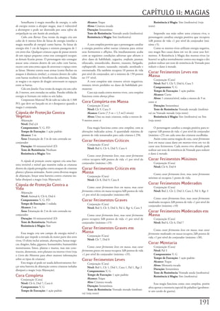 CAPÍTULO 11: MAGIAS
     Semelhante	à	magia	muralha	de	energia,	o	cubo              Alcance:	Toque                                               Resistência à Magia:	Sim	(inofensiva)	(veja	
de energia	resiste	a	dissipar magia,	mas	é	vulnerável	          Alvos:	Criatura	tocada                                  texto)
a	desintegrar	e	pode	ser	destruído	por	uma	esfera da            Duração:	Instantânea
aniquilação	ou	um	bastão da anulação.                           Teste de Resistência:	Vontade	anula	(inofensiva)             Impondo	sua	mão	sobre	uma	criatura	viva,	o	
     Cubo com Barras:	Essa	versão	da	magia	cria	um	             Resistência à Magia:	Sim	(inofensiva)                   personagem	canaliza	energia	positiva	que	recupera	
cubo	de	6	metros	feito	de	faixas	de	energia	(similar	a	                                                                 1d8	pontos	de	vida	+1	por	nível	de	conjurador	(má-
magia	muralha de energia)	como	barras.	As	faixas	de	             A	cura completa	permite	que	o	personagem	canalize	     ximo	+5).
energia	têm	1	cm	de	largura	e	existem	passagens	de	1	       a	energia	positiva	sobre	outras	criaturas	para	retirar	          Como	os	mortos-vivos	utilizam	energia	negativa,	
cm	entre	elas.	Qualquer	criatura	capaz	de	passar	através	   seus	ferimentos	e	aflições.	Ela	imediatamente	acaba	        esta	magia	lhes	causa	dano	em	vez	de	curar	seus	feri-
de	um	espaço	pequeno	como	esse	conseguirá	escapar;	         com	as	seguintes	condições	adversas	que	afetam	o	           mentos.	A	Resistência	à	Magia	dos	mortos-vivos	(se	
as	demais	ficarão	presas.	O	personagem	não	consegue	        alvo:	dano	de	habilidade,	cegueira,	confusão,	pasmar,	      houver)	se	aplica	normalmente	contra	esta	magia	e	eles	
atacar	uma	criatura	dentro	de	um	cubo	com	barras,	          ofuscado,	ensurdecido,	doente,	exausto,	fatigado,	          podem	realizar	um	teste	de	resistência	de	Vontade	para	
exceto	com	uma	arma	capaz	de	atravessar	o	espaço	entre	     enfraquecido,	insano,	nauseado,	enjoado,	atordoado	e	       reduzir	o	dano	à	metade.
as	faixas.	Mesmo	contra	essas	armas	(como	flechas	ou	       envenenado.	Ela	também	recupera	10	pontos	de	vida	
ataques	à	distância	similar),	a	criatura	dentro	do	cubo	    por	nível	do	conjurador,	até	o	máximo	de	150	pontos	
                                                                                                                        Curar Ferimentos Leves em
com	barras	receberá	os	benefícios	da	cobertura.	Todas	      no	15°	nível.
                                                                                                                        Massa
                                                                                                                             Conjuração	(Cura)
as	magias	e	os	sopros	de	dragão	atravessam	os	espaços	           A	cura completa	não	remove	níveis	negativos,	
                                                                                                                             Nível:	Brd	5,	Clr	5,	Drd	6,	Cura	5
entre	as	barras.                                            restaura	níveis	perdidos	ou	dano	de	habilidade	per-
                                                                                                                             Componentes:	V,	G
     Cela sem Janelas:	Essa	versão	da	magia	cria	um	cubo	   manente.
                                                                                                                             Tempo de Execução:	1	ação	padrão
de	3	metros,	sem	entradas	ou	saídas.	Paredes	sólidas	de	         Caso	seja	usada	contra	mortos-vivos,	cura completa	
                                                                                                                             Alcance:	Curto
energia	se	formam	em	todos	os	seis	lados.                   funciona	como	doença plena.
                                                                                                                             Alvos:	1	criatura/nível,	todas	a	menos	de	9	m	
     Componente Material:	Pó	de	rubi	no	valor	de	1.500	
PO,	que	deve	ser	lançado	no	ar	e	desaparece	quando	a	
                                                            Cura Completa em Massa                                      entre	si
                                                                Conjuração	[Cura]                                            Duração:	Instantânea
magia	é	conjurada.
                                                                Nível:	Clr	9,	Cura	9                                         Teste de Resistência:	Vontade	metade	(inofensi-
Cúpula de Proteção Contra                                       Alcance:	Curto	(7,5	m	+	1,5	m/2	níveis)                 va)	ou	Vontade	metade	(veja	texto)
Vegetais                                                        Alvos:	Uma	ou	mais	criaturas,	todas	a	menos	de	              Resistência à Magia:	Sim	(inofensiva)	ou	Sim	
    Abjuração                                               9	metros	entre	si                                           (veja	texto)
    Nível: Drd	a]4
    Componentes:	V,	G,	FD                                        Essa	magia	funciona	como	cura completa,	com	as	              O	personagem	canaliza	a	energia	positiva	para	re-
    Tempo de Execução:	1	ação	padrão                        alterações	indicadas	acima.	A	quantidade	máxima	de	         cuperar	1d8	pontos	de	vida	+1	por	nível	de	conjurador	
    Alcance:	3	m                                            pontos	de	vida	restaurados	para	cada	criatura	é	250.        (máximo	+25)	em	cada	uma	das	criaturas	escolhidas.
    Área:	Emanação	de	3	m	de	raio	centrada	no	                                                                                Assim	como	outras	magias	de	cura,	curar ferimentos
conjurador
                                                            Curar Ferimentos Críticos                                   leves em massa	causa	dano	em	mortos-vivos	em	vez	de	
                                                                Conjuração	(Cura)
    Duração:	10	minutos/nível	(D)                                                                                       curar	seus	ferimentos.	Cada	morto-vivo	afetado	pode	
                                                                Nível:	Brd	4,	Clr	4,	Drd	5,	Cura	4
    Teste de Resistência:	Nenhum                                                                                        realizar	um	teste	de	resistência	de	Vontade	para	reduzir	
    Resistência a Magia:	Sim                                                                                            o	dano	à	metade.
                                                                  Como	curar ferimentos leves,	mas	curar ferimentos
     A	cúpula de proteção contra vegetais	cria	uma	bar-
                                                            críticos	recupera	4d8	pontos	de	vida	+1	por	nível	do	       Curar Ferimentos Mínimos
                                                            conjurador	(máximo	+20).                                        Conjuração	(Cura)
reira	invisível	e	móvel	que	mantém	todas	as	criaturas	
                                                                                                                            Nível:	Clr	0,	Drd	0
dentro	da	cúpula	protegidas	contra	ataques	de	criaturas	    Curar Ferimentos Críticos em
planta	e	plantas	animadas.	Assim	como	diversas	magias	      Massa                                                           Como	curar ferimentos leves,	mas	curar ferimentos
de	abjuração,	forçar	uma	barreira	contra	criaturas	iso-         Conjuração	(Cura)
                                                                                                                        mínimos	só	recupera	1	ponto	de	vida.
ladas	dissipará	a	magia	(veja	Abjuração).                       Nível:	Clr	8,	Drd	9,	Cura	8
Cúpula de Proteção Contra a                                                                                             Curar Ferimentos Moderados
                                                                 Como	curar ferimentos leves em massa,	mas	curar            Conjuração	(Cura)
Vida
                                                            ferimentos críticos em massa	recupera	4d8	pontos	de	vida	       Nível:	Brd	2,	Clr	2,	Drd	3,	Cura	2,	Pal	3,	Rgr	3
    Abjuração
                                                            +1	por	nível	do	conjurador	(máximo+40).
    Nível:	Animal	6,	Clr	6,	Drd	6
                                                                                                                            Como	curar ferimentos leves,	mas	curar ferimentos
    Componentes:	V,	G,	FD                                   Curar Ferimentos Graves                                     moderados	recupera	2d8	pontos	de	vida	+1	por	nível	do	
    Tempo de Execução:	1	rodada                                 Conjuração	(Cura)
                                                                                                                        conjurador	(máximo	+10)
    Alcance:	3	m                                                Nível:	Brd	3,	Clr	3,	Drd	4,	Pal	4,	Rgr	4,	Cura	3
    Área:	Emanação	de	3	m	de	raio	centrada	no	                                                                          Curar Ferimentos Moderados em
conjurador                                                      Como	curar ferimentos leves,	mas	curar ferimentos       Massa
    Duração:	10	minutos/nível	(D)                           graves	recupera	3d8	pontos	de	vida	+1	por	nível	de	             Conjuração	(Cura)
    Teste de Resistência:	Nenhum                            conjurador	(máximo	+15)                                         Nível:	Brd	6,	Clr	6,	Drd	7
    Resistência à Magia:	Sim
                                                            Curar Ferimentos Graves em                                       Como	curar ferimentos leves em massa,	mas	curar
     Essa	magia	cria	um	campo	de	energia	móvel	e	           Massa                                                       ferimentos moderados em massa	recupera	2d8	pontos	de	
circular	que	impede	a	entrada	da	maior	parte	dos	seres	         Conjuração	(Cura)
                                                                                                                        vida	+1	por	nível	do	conjurador	(máximo	+30).
vivos.	O	efeito	inclui	animais,	aberrações,	bestas	mági-        Nível:	Clr	7,	Drd	8
cas,	dragões,	fadas,	gigantes,	humanóides,	humanóides	                                                                  Curar Montaria
monstruosos,	limos,	plantas	e	insetos,	mas	não	cons-             Como	curar ferimentos leves em massa,	mas	curar            Conjuração	(Cura)
tructos,	dementais,	seres	planares	ou	mortos-vivos	(veja	   ferimentos graves em massa	recupera	3d8	pontos	de	vida	         Nível:	Pal	3
o	Livro dos Monstros	para	obter	maiores	informações	        +1	por	nível	do	conjurador	(máximo	+35).                        Componentes:	V,	G
                                                                                                                            Tempo de Execução:	1	ação	padrão
sobre	os	tipos	de	criatura).                                Curar Ferimentos Leves                                          Alcance:	Toque
     Esta	magia	só	pode	ser	usada	defensivamente;	for-           Conjuração	(Cura)
çar	uma	barreira	de	abjuração	contra	criaturas	isoladas	                                                                    Alvos:	Montaria	tocada
                                                                 Nível:	Brd	1,	Clr	1,	Drd	1,	Cura	1,	Pal	1,	Rgr	2
dissipará	a	magia	(veja	Abjuração).                                                                                         Duração:	Instantânea
                                                                 Componentes:	V,	G
                                                                                                                            Teste de Resistência:	Vontade	anula	(inofensiva)
Cura Completa                                                    Tempo de Execução:	1	ação	padrão
                                                                                                                            Resistência à Magia:	Sim	(inofensiva)
    Conjuração	[Cura]                                            Alcance:	Toque
    Nível:	Clr	6,	Drd	7,	Cura	6                                  Alvo:	Criatura	tocada
                                                                                                                             Essa	magia	funciona	como	cura completa,	porém	
    Componentes:	V,	G                                            Duração:	Instantânea
                                                                                                                        afeta	apenas	a	montaria	especial	do	paladino	(geralmen-
    Tempo de Execução:	1	ação	padrão                             Teste de Resistência:	Vontade	metade	(inofensi-
                                                                                                                        te	um	cavalo	de	guerra).
                                                            va)	(veja	texto)


                                                                                                                                                                      11
 