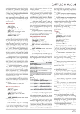 CAPÍTULO 11: MAGIAS
penalidade	para	as	jogadas	de	ataque	e	dana	A	armadura	       ou	um	alvo	voador	num	sapo),	ela	recebe	+4	de	bônus	             usar	uma	lufada de vento	para	espalhar	as	partes.	De	
têm	seu	bônus	na	CA	reduzido	em	2.	As	armas	afetadas	         no	teste	de	resistência.	                                        modo	geral,	o	dano	quando	a	nova	forma	é	afetada	
por	esta	magia	se	quebram	em	um	resultado	de	1	ou	2	               Caso	fracasse	no	teste	de	resistência,	a	vítima	deve	       por	forças	físicas,	mas	o	Mestre	terá	que	julgar	muitas	
natural	e	uma	armadura	perde	um	ponto	adicional	na	           realizar	um	teste	de	resistência	de	Vontade	adicional.	Se	       dessas	situações.
CA	sempre	que	for	atingida	por	uma	jogada	de	ataque	          fracassar	nesse	segundo	teste,	a	criatura	perde	todas	as	             Um	objeto	mundano	não	pode	se	tornar	mágico	
com	resultado	de	19	ou	20	natural.                            suas	habilidades	extraordinárias,	sobrenaturais,	similares	      através	dessa	magia.	Um	item	mágico	não	é	afetado	
     Somente	um	desejo restrito,	milagre,	desejo	ou	magia	    à	magia,	perde	sua	habilidade	de	conjurar	magias	(caso	          por	essa	magia.
similar	podem	fazer	um	objeto	transmutado	retornar	           tenha	essa	habilidade)	e	adquire	a	tendência,	habilidades	            Esta	magia	não	pode	criar	material	de	grande	valor	
ao	seu	estado	metálico.	Caso	contrário,	uma	porta	de	         especiais	e	os	valores	de	Inteligência,	Sabedoria	e	Caris-       como	cobre,	prata,	gemas,	seda,	ouro,	platina,	mitral	
metal,	por	exemplo,	ficará	como	uma	porta	de	madeira	         ma	de	sua	nova	forma	no	lugar	dos	seus	próprios.                 e	adamante.	Ela	também	não	pode	reproduzir	as	pro-
permanentemente.                                                   A	vítima	ainda	conserva	seu	nível	e	classes	(ou	            priedades	especiais	do	ferro	frio	em	relação	a	atravessar	
                                                              DV),	assim	como	todos	os	benefícios	derivados	disso	             a	Redução	de	Dano	de	algumas	criaturas.
Metamorfose                                                   (como	bônus	base	de	ataque,	de	resistência	e	pontos	de	               Esta	magia	pode	ser	usada	para	duplicar	os	efeitos	
    Transmutação                                              vida).	Ela	também	conserva	quaisquer	características	            de	metamorfose,	carne em pedra,	pedra em carne,	lama
    Nível:	Fet/Mag	4                                          de	classe	(exceto	pela	habilidade	de	conjuração)	que	            em pedra,	água em pó	e	pedra em lama.
    Componentes:	V,	G,	M                                      não	sejam	habilidades	extraordinárias,	sobrenaturais	                 Componentes Materiais Arcanos:	Mercúrio,	goma	
    Tempo de Execução:	1	ação	padrão                          ou	similares	a	magia.                                            arábica	e	fumaça.
    Alcance:	Toque                                                 As	criaturas	incorpóreas	ou	gasosas	são	imunes	
    Alvos:	Criaturas	vivas	voluntárias	tocadas                a	metamorfose.	E	criaturas	com	subtipo	metamorfo	
                                                                                                                               Milagre
    Duração: 1	minuto/nível	(D)                                                                                                    Evocação
                                                              (como	licantropos	ou	doppelgangers)	podem	reverter	às	
    Teste de Resistência: Nenhum                                                                                                   Nível: Clr	9,	Sorte	9
                                                              suas	formas	naturais	usando	uma	ação	padrão.
    Resistência à Magia: Não                                                                                                       Componentes: V,	G,	XP;	veja	texto
                                                              Metamorfosear Objetos                                                Tempo de Execução: 1	ação	padrão
     Essa	magia	funciona	como	alterar-se,	exceto	por	              Transmutação                                                    Alcance: Veja	texto
transformar	um	alvo	voluntário	em	uma	outra	criatura	              Nível: Fet/Mag	8,	Enganação	8                                   Alvos,	Efeito	ou	Área: Veja	texto
viva.	A	nova	forma	pode	ser	do	mesmo	tipo	do	alvo	                 Componentes: V,	G,	M/F	D                                        Duração: Veja	texto
ou	de	algum	dos	seguintes	tipos:	aberração,	animal,	               Tempo de Execução: 1	ação	padrão                                Teste de Resistência: Veja	texto
dragão,	fada,	gigante,	humanóide,	besta	mágica,	hu-                Alcance: Curto	(7,5	m	+	1,5	m/2	níveis)                         Resistência à Magia:	Sim
manóide	monstruoso,	limo,	planta	ou	inseto.	Ele	não	               Alvos: Uma	criatura	ou	objeto	mundano	de	até	
pode	possuir	mais	DV	que	o	nível	do	conjurador	(ou	           3	m³/nível                                                            O	personagem	não	conjura	um	milagre,	mas	im-
o	DV	do	alvo,	o	que	for	menor),	limitado	a	15	DV	                  Duração: Veja	texto                                         plora	por	um.	Ele	declara	qual	acontecimento	deseja	
no	15°	nível.	O	personagem	não	pode	transformar	o	                 Teste de Resistência:	Fortitude	anula	(objeto);	            e	solicita	que	sua	divindade	(ou	o	poder	ao	qual	orou	
alvo	em	uma	criatura	menor	que	Miúdo	e	nem	fazê-lo	           veja	texto                                                       para	a	magia)	interfira.	O	Mestre	determina	o	efeito	
assumir	uma	forma	incorpórea	ou	gasosa.	O	tipo	e	                  Resistência à Magia:	Sim	(objeto)                           do	milagre.
sub-tipo	da	criatura	(se	houver)	muda	para	se	adaptar	                                                                              Um	milagre	pode	gerar	um	dos	seguinte	efeitos:
a	nova	forma	(veja	o	Livro dos Monstros	para	obter	mais	           Essa	magia	funciona	como	metamorfose,	exceto	por	
informações).                                                 transformar	um	objeto	ou	criatura	em	outro.	A	duração	                • Duplicar qualquer magia de clérigo de 8° nível
     Durante	a	metamorfose,	o	alvo	recupera	os	pontos	        da	magia	depende	de	quão	radical	é	uma	mudança	do	               ou inferior (incluindo magias as quais o personagem
de	vida	perdidos	como	se	tivesse	descansado	por	uma	          estado	original	para	o	estado	encantado.	O	Mestre	de-            tenha acesso por causa de seus domínios)
noite	(apesar	dessa	cura	não	recuperar	dano	temporário	       termina	a	duração	usando	as	seguintes	informações:                    • Duplicar qualquer outra magia de 7° nível ou
de	habilidade	ou	fornecer	outros	benefícios	do	des-                                                                            inferior.
canso;	e	retomar	a	forma	original	não	cura	a	criatura	                                               Aumento no Fator               • Desfazer efeitos nocivos de muitas magias como
                                                              O alvo é:
novamente).	Caso	morra,	a	criatura	voltará	a	sua	forma	                                                  de Duração¹           enfraquecer o intelecto ou insanidade.
                                                              Do mesmo reino
original,	mas	continuará	morta.                                                                                        +5           • Produzir qualquer outro efeito cujo pode seja
                                                              (animal, vegetal, mineral)
     A	criatura	metamorfoseada	adquire	os	valores	de	                                                                          similar aos efeitos acima.
                                                              Da mesma classe
Força,	Destreza	e	Constituição	da	nova	forma,	mas	                                                                     +2
                                                              (mamífero, fungo, metal, etc.)
mantém	seus	próprios	valores	de	Inteligência,	Sabe-                                                                                 Se	o	milagre	tiver	um	dos	efeitos	acima,	conjurá-lo	
doria	e	Carisma.	Ela	também	recebe	todos	os	ataques	          Mesmo tamanho                                            +2      não	custa	pontos	de	experiência.
especiais	extraordinários	que	a	nova	forma	possui	            Relacionado (galho com árvore, pele de                                Por	outro	lado,	um	clérigo	pode	um	pedido	muito	
                                                                                                                       +2
(como	constrição,	agarrar	aprimorado	e	veneno),	mas	          lobo em lobo, etc.)                                              mais	poderoso.	Conjurar	tais	milagres	custa	5.000	XP	
nunca	suas	qualidades	especiais	extraordinárias	(como	        Da mesma Inteligência ou inferior                        +2      por	causa	das	energias	divinas	poderosas	envolvidas.	
percepção	as	cegas,	cura	acelerada,	e	faro),	sobrenaturais	   ¹ Somar todos os que se aplicam. Compare o total com a tabela    Exemples	de	milagres	especialmente	poderosos	desse	
ou	habilidades	similares	à	magia.                             seguinte.
                                                                                                                               tipo:
     As	criaturas	incorpóreas	ou	gasosas	são	imunes	a	
serem	metamorfoseadas	e	criaturas	do	sub-tipo	me-             Fator de
                                                                                                                                    • Alterar o destino de uma batalha a favor do
tamorfo	(como	um	licantropo	ou	um	doppelganger)	              Duração Duração     Exemplo
                                                                                                                               personagem, ressuscitando aliados para continuarem
podem	retomar	para	sua	forma	natural	usando	uma	                  0    20 minutos Pedra em humano
                                                                                                                               a combater.
ação	padrão.                                                      2    1 hora     Marionete em humano                               • Mover o personagem e seus aliados, com todo
     Componente Material:	Um	casulo	vazio.                        4    3 horas    Humano em marionete                          equipamento, de um plano para outro através das
                                                                  5    12 horas   Lagarto em mantícora                         barreiras planares a um local especifico sem chance
Metamorfose Tórrida                                               6    2 dias     Ovelha em casaco de lã                       de erro.
     Transmutação                                                 7    1 semana Musaranho em mantícora                              • Proteger uma cidade de um terremoto, erup-
     Nível:	Drd	5,	Fet/mag	5                                                                                                   ção vulcânica, enchente ou outro desastre natural de
                                                                 9+ Permanente Mantícora em musaranho
     Componentes:	V,	G                                                                                                         grande porte.
     Tempo de Execução:	l	ação	padrão
                                                                   Ao	contrário	de	metamorfose,	metamorfosear obje-                  Em	qualquer	evento,	um	pedido	que	seja	fora	da	
     Alcance: Curto	(7,5	m	+	1,5	m/2	níveis)
                                                              tos	concede	à	criatura	o	valor	de	Inteligência	da	nova	          natureza	(ou	tendência)	da	divindade	é	recusado.
     Alvo: 1	criatura
                                                              forma.	Se	a	forma	original	não	possuir	um	valor	de	                    Uma	magia	duplicada	permite	teste	de	resistência	
     Duração: Permanente
                                                              Sabedoria	ou	Carisma,	ela	também	adquirirá	os	valores	           e	Resistência	à	Magia	normalmente,	mas	com	a	CD	
     Teste de Resistência: Fortitude	anula,	Vontade	
                                                              apropriados	da	nova	forma.                                       de	uma	magia	de	9°	nível.	Quando	um	milagre	duplica	
parcial	(veja	texto)
                                                                   O	dano	sofrido	enquanto	estiver	na	nova	forma	              uma	magia	que	tem	custo	de	XP,	esse	custo	deve	ser	
     Resistência à Magia: Sim
                                                              pode	resultar	em	ferimentos	ou	em	morte	da	criatura	             pago.	Quando	um	milagre	duplica	uma	magia	que	
                                                              metamorfoseada.	Por	exemplo,	é	possível	transformar	             tem	componente	material	que	custe	mais	de	100	PO,	
     Como	metamorfose,	exceto	que	o	personagem	
                                                              uma	criatura	em	pedra	e	esmigalhá-la,	causando	dano	             o	personagem	deve	possuir	o	componente.
transforma	o	alvo	num	animal	Pequeno	ou	menor	de	
                                                              e	talvez	a	morte	da	criatura.	Se	a	criatura	tivesse	sido	              Custo de XP:	5.000	XP	(para	alguns	usos	da	magia;	
1	DV	no	máximo	Vontade	adicional.	Se	a	nova	forma	
                                                              transformada	em	pó,	seriam	necessários	meios	mais	               leia	acima).
se	provar	fatal	para	a	vitima	(por	exemplo,	se	o	perso-
                                                              criativos	de	feri-la.	Por	exemplo,	o	personagem	poderia	
nagem	transformar	um	alvo	terrestre	em	num	peixe,	


                                                                                                                                                                              21
 