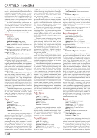 CAPÍTULO 11: MAGIAS
     Se	o	alvo	estiver	acordado	quando	a	magia	co-            será	20%.	Se	o	atacante	for	capaz	de	enxergar	e	atingir	           Duração:	1	rodada/nível
meçar,	o	personagem	pode	escolher	interromper	a	              criaturas	etéreas,	não	sofrerá	a	penalidade.	Do	mesmo	             Teste de Resistência:	Vontade	anula	(somente	
conjuração	(terminando	a	magia)	ou	entrar	em	transe	          modo,	os	ataques	feitos	pelo	conjurador	sofrem	20%	           a	cegueira)
até	que	o	alvo	adormeça	e	por	conseqüência	o	persona-         de	chance	de	fracassar,	pois	ele	pode	se	tornar	etéreo	            Resistência à Magia:	Não
gem	fica	novamente	alerta	e	completa	a	conjuração.	Ele	       justo	no	momento	de	atacar.
deve	obter	sucesso	em	um	teste	de	Concentração,	se	for	             As	magias	dirigidas	contra	um	só	alvo	têm	50%	               Essa	magia	cria	uma	nuvem	de	partículas	douradas	
atrapalhado	durante	o	transe,	como	se	estivesse	no	meio	      de	chance	de	fracassar	contra	você	enquanto	essa	magia	       que	cobre	tudo	dentro	da	área	de	efeito,	cegando	as	
de	uma	conjuração,	ou	a	magia	termina.                        durar,	a	menos	que	o	atacante	possa	atingir	criaturas	        criaturas	e	destacando	coisas	invisíveis	no	tempo	de	
     Se	escolher	entrar	em	transe,	o	personagem,	du-          invisíveis	e	etéreas.	Do	mesmo	modo,	suas	magias	têm	         duração	da	magia.	Todos	dentro	da	área	ficam	cobertos	
rante	esse	transe,	não	terá	consciência	do	que	acontece	      20%	de	serem	conjuradas	enquanto	você	está	etéreo;	           pela	poeira,	impossível	de	ser	removida,	que	continua	
ao	seu	redor	ficando	indefeso,	tanto	física	como	men-         nesse	caso	elas	não	afetam	o	Plano	Material.                  a	brilhar	até	desaparecer.
talmente.	(Ele	sempre	falha	em	um	teste	de	resistência,	            Enquanto	estiver	piscando,	sofrerá	apenas	metade	            Qualquer	criatura	coberta	com,	a	poeira	sofre	-40	
por	exempla)                                                  do	dano	de	ataques	de	área	(mas	o	dano	total	caso	afe-        de	penalidade	nos	testes	de	Esconder-se.
     As	criaturas	que	não	dormem	(como	elfos,	mas	não	        tem	o	Plano	Etéreo).	Você	atacará	como	uma	criatura	               Componente Material:	Mica	em	pó.
meio-elfos)	ou	sonham	são	imunes	a	essa	magia.                invisível	(+2	para	a	jogada	de	ataque)	e	seu	alvo	perde	
                                                              qualquer	bônus	de	Destreza	na	CA.	Você	só	sofrerá	            Porta Dimensional
Pirotecnia                                                    metade	do	dano	de	queda,	pois	só	cairá	enquanto	estiver	           Transmutação	[Teletransporte]
    Transmutação                                              materializado.                                                     Nível:	Brd	4,	Fet/Mag	4,	Viagem	4
    Nível:	Brd	2,	Fet/Mag	2                                         Enquanto	pisca,	você	pode	atravessar	objetos	                Componentes:	V
    Componentes:	V,	G,	M                                      sólidos	(mas	não	enxergar	através).	Rua	cada	1,5	m	                Tempo de Execução:	1	ação	padrão
    Tempo de Execução:	1	ação	padrão                          sólido	atravessada	existem	50%	de	chance	de	você	                  Alcance:	Longo	(120	m	+	12	m/nível)
    Alcance:	Longo	(120	m	+	12	m/nível)                       ficar	material.	Caso	isso	ocorra,	você	será	atirado	               Alvo:	O	conjurador	e	todos	os	objetos	e	criaturas	
    Alvos:	Uma	fonte	de	fogo	com	dimensões	de	um	             para	o	espaço	livre	mais	próximo	e	sofre	1d6	pomos	           tocadas	voluntariamente
cubo	de	até	6	m                                               de	dano	para	cada	1,5	m	de	deslocamento.	Você	só	                  Duração:	Instantânea
    Duração:	1d4+1	rodadas	ou	1d4+1	rodadas	                  pode	percorrer	três	quartos	de	seu	deslocamento.	O	                Teste de Resistência:	Nenhum	e	Vontade	anula	
após	as	criatura	deixar	a	nuvem	de	fumaça;	veja	texto         movimento	no	Plano	Etéreo	é	reduzido	à	metade	do	             (objeto)
    Teste de Resistência:	Vontade	anula	ou	Fortitu-           deslocamento.	Você	passa	metade	de	seu	tempo	lá	e	a	               Resistência à Magia:	Não	e	Sim	(objeto)
de	anula;	veja	texto                                          outra	no	Plano	Material.
    Resistência à Magia:	Sim	ou	Não;	veja	texto                     Desse	modo,	é	possível	enxergar	e	atacar	criaturas	          Você	se	teletransporta	imediatamente	do	local	
                                                              etéreas.	Você	interage	com	as	criaturas	etéreas	de	modo	      atual	para	qualquer	outro	ponto	que	possa	ver,	dentro	
     A	pirotecnia	transforma	um	fogo	em	uma	explosão	         similar	as	criaturas	materiais.	Por	exemplo,	suas	magias	     do	alcance	da	magia.	Você	sempre	chega	no	local	exato	
de	fogos	de	artifício	cegantes	ou	numa	espessa	nuvem	         contra	criaturas	etéreas	terão	20%	de	chance	de	serem	        –	seja	visualizando	a	área	ou	determinado	uma	direção,	
de	fumaça,	de	acordo	com	a	versão	escolhida.                  conjuradas	justamente	no	momento	em	que	torne	                como	“300	m	diretamente	para	baixo”	ou	“45º	para	
     Fogos de Artifício:	Os	fogos	de	artifício	são	uma	       material,	desperdiçando	seus	efeitos.                         noroeste,	400	m”.	Depois	de	conjurar	esta	magia,	não	
brilhante	explosão	momentânea	de	luzes	coloridas	no	                Uma	criatura	etérea	é	invisível,	incorpora	e	capaz	     é	possível	realizar	nenhuma	ação	até	seu	próximo	turno.	
ar.	Esse	efeito	cegará	as	criaturas	a	menos	de	36	m	da	       de	se	mover	em	qualquer	direção,	inclusive	para	cima	         É	possível	trazer	quaisquer	objetos	consigo	desde	que	
fonte	do	fogo	durante	1d4+1	rodadas	(Vontade	anula).	         ou	para	baixo.	Como	uma	criatura	incorpórea,	você	            o	peso	não	exceda	sua	carga	máxima.	Também	se	pode	
Essas	criaturas	devem	ter	uma	linha	de	visão	com	o	           pode	se	mover	através	de	objetos	sólidos,	incluindo	          teletransportar	uma	criatura	Média	ou	menor	(desde	
fogo	para	serem	afetadas.	A	resistência	à	magia	pode	         as	criaturas	vivas.	Uma	criatura	etérea	pode	enxergar	        que	ela	esteja	indo	voluntariamente	e	não	esteja	carre-
impedir	o	efeito.                                             e	ouvir	o	que	acontece	no	Piano	Material,	mas	tudo	           gando	um	peso	maior	que	sua	própria	carga	máxima)	
     Nuvem de Fumaça:	Uma	fumaça	escura	e	negra	que	          parece	cinza	e	sem	consistência.	A	visão	e	a	audição	são	     ou	algo	equivalente	a	cada	3	níveis	de	conjurador.	Uma	
sai	da	fonte	do	fogo	e	forma	uma	nuvem.	A	fumaça	se	          limitadas	a	18	m.	Os	efeitos	de	energia	(como	mísseis         criatura	Grande	conta	como	duas	criaturas	Médias,	
dispersa	6	m	em	todas	as	direções	e	dura	1	rodada	por	        mágicos	ou	muralha de energia)	e	abjurações	o	afetarão	       Enorme	como	duas	Grandes	e	assim	por	diante.	Todas	
nível	do	conjurador.	Toda	a	visão,	mesmo	visão	no	            normalmente.	Seus	efeitos	se	estendem	do	Plano	Mate-          criaturas	que	serão	teletransportadas	devem	estar	em	
escuro,	é	inútil	dentro	ou	através	da	nuvem	de	fumaça.	       rial	para	o	Etéreo,	mas	o	contrário	não	acontece.	Uma	        contato	com	o	conjurador.
Todos	dentro	dela	sofrem	-4	de	penalidade	em	Força	e	         criatura	etérea	não	pode	atacar	criaturas	materiais,	assim	        Caso	o	teletransporte	termine	num	local	ocupado	
Destreza	(Fortitude	anula).	Esses	efeitos	duram	1d4+1	        como	as	magias	conjuradas	no	plano	etéreo	afetam	             por	um	corpo	sólido,	o	conjurador	e	cada	uma	das	
rodadas	depois	que	a	nuvem	se	dissipa	ou	depois	que	a	        apenas	outras	coisas	etéreas.	Certas	criaturas	e	objetos	     criaturas	acompanhantes	sofrerão	1d6	pontos	de	dano	
criatura	deixa	a	área	tomada	pela	nuvem.	A	resistência	       materiais	possuem	ataques	ou	efeitos	que	afetam	o	            e	serão	arremessados	aleatoriamente	para	o	espaço	livre	
à	magia	não	se	aplica.                                        Plano	Etéreo	(como	um	basilisco	e	seu	ataque	visual).	        mais	próximo	a	menos	de	30	m	desse	local.	Caso	não	
     Componente Material:	A	magia	usa	uma	fonte	de	           Trate	as	demais	criaturas	e	objetos	etéreos	como	se	          haja	um	espaço	livre	dentro	dos	próximos	30	m,	o	dano	
fogo,	que	é	extinta	imediatamente.	Um	fogo	maior	que	         fossem	materiais.                                             aumenta	para	2d6	pomos	de	dano	e	serão	arremessados	
um	cubo	de	6	m	só	é	apagado	parcialmente.	O	fogo	                                                                           para	o	espaço	livre	mais	próximo	a	menos	de	300	m.	Se	
mágico	não	se	apaga,	mas	uma	criatura	de	fogo	(como	          Poder Divino                                                  não	houver	espaço	livre	a	menos	de	300	m	do	ponto	
um	elemental)	usado	como	fonte	sofre	1	ponto	dano	                 Evocação                                                 de	chegada	então	vocês	sofrerão	4d6	pontos	de	dano	e	
por	nível	do	conjurador.                                           Nível:	Clr	4,	Guerra	4                                   a	magia	simplesmente	falha.
                                                                   Componentes:	V,	G,	FD
Piscar                                                             Tempo de Execução:	1	ação	padrão                         Portal
    Transmutação                                                   Alcance:	Pessoal                                             Conjuração	(Criação	ou	Invocação)
    Nível:	Brd	3,	Fet/Mag	3                                        Alvo:	O	conjurador                                           Nível:	Clr	9,	Fet/Mag	9
    Componentes:	V,	G                                              Duração:	1	rodada/nível                                      Componentes:	V,	G,	XP;	veja	texto
    Tempo de Execução:	1	ação	padrão                                                                                            Tempo de Execução:	1	ação	padrão
    Alcance:	Pessoal                                               Invocando	o	poder	divino	de	seu	patrono,	você	fica	          Alcance:	Médio	(30	m	+	3	m/nível)
    Alvo:	O	conjurador                                        imbuído	de	força	e	habilidade	de	combate.	Seu	bônus	              Efeito:	Veja	texto
    Duração:	1	rodada/nível	(D)                               de	ataque	fica	igual	ao	seu	nível	de	personagem	(o	que	           Duração:	Instantânea	ou	concentração	(até	1	
                                                              pode	vir	a	conceder	mais	ataques	por	rodada),	recebe	         rodada/nível);	veja	texto
     Como	algumas	criaturas,	você	poderá	mover-se	            +6	de	bônus	de	melhoria	na	Força	e	1	ponto	de	vida	               Teste de Resistência:	Nenhum
rapidamente	entre	o	Plano	Material	e	o	Plano	Etéreo.	         temporário	por	nível	de	conjurador.                               Resistência à Magia:	Não
Parece	que	você	está	aparecendo	e	desaparecendo	da	
realidade	muito	rápida	e	aleatoriamente.                      Poeira Ofuscante                                                   Conjurar	a	magia	portal	produz	dois	efeitos.	Pri-
     Piscar	gera	vários	efeitos.	Os	ataques	físicos	contra	        Conjuração	(Criação)                                     meiro,	ela	cria	uma	conexão	inter-dimensional	entre	o	
você	sofrem	50%	de	chance	de	fracassar	e	o	talento	                Nível:	Brd	2,	Fet/Mag	2                                  plano	de	existência	do	conjurador	e	o	plano	desejado,	
Lutar	às	Cegas	não	a	diminui	(pois	o	alvo	está	etéreo	e	           Componentes:	V,	G,	M                                     permitindo	viagens	entre	eles	em	ambas	as	direções.
não	apenas	invisível).	Se	o	ataque	for	capaz	de	atingir	           Tempo de Execução:	1	ação	padrão                              Segundo,	pode-se	convocar	um	indivíduo	ou	um	
criaturas	etéreas	ou	incorpóreas,	a	chance	de	falha	               Alcance:	Médio	(50	m	+	3	m/nível)                        tipo	de	criatura	específica	através	do	portal.	O	portal	é	
será	de	20%	(pela	camuflagem).	Se	o	atacante	puder	                Área:	Criaturas	e	objetos	dentro	de	uma	disper-          um	disco	ou	elipse	de	1,5	a	6	m	de	diâmetro	(à	escolha	
enxergar	criaturas	invisíveis,	a	chance	de	falha	também	      são	de	3	m	de	raio                                            do	personagem),	orientado	na	direção	que	ele	preferir	



20
 