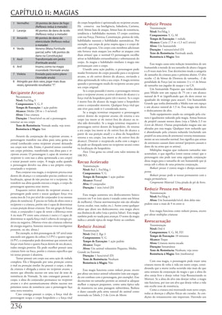 CAPÍTULO 11: MAGIAS
                                                               do	corpo	hospedeiro	é	aprisionada	no	recipiente arcano.	  	
  1 Vermelho         20 pontos de dano de fogo
                                                               Ele			conserva			sua	Inteligência,	Sabedoria,	Carisma,	
                                                                                                                             Reduzir Pessoa
                     (Reflexos reduz à metade)                                                                                   Transmutação
  2   Laranja        40 pontos de dano de ácido                nível,	bônus	base	de	ataque,	bônus	base	de	resistência,	
                                                                                                                                 Nível:	Fet/Mag	1
                     (Reflexos reduz a metade)                 tendência	e	habilidades	mentais.	O	corpo	continua	
                                                                                                                                 Componentes:	V,	G,	M
  3   Amarelo        80 pontos de dano de                      com	sua	Força,	Destreza,	Constituição,	pontos	de	vida,	
                                                                                                                                 Tempo de Execução:	1	rodada
                     eletricidade (Reflexos reduz              habilidades	naturais	e	habilidades	automáticas.	Por	
                                                                                                                                 Alcance:	Curto	(7,5	m	+1,5	m/2	níveis)
                     à metade)                                 exemplo,	um	corpo	de	peixe	respira	água	e	o	corpo	de	
                                                                                                                                 Alvos:	Um	humanóide
  4   Verde          Veneno (Mata; Fortitude                   um	troll	regenera.	Um	corpo	com	membros	adicionais	
                                                                                                                                 Duração:	1	minuto/nível	(D)
                     parcial, sofre 1d6 pontos de              não	fornece	mais	ataques	(ou	melhor	os	ataques	com	
                                                                                                                                 Teste de Resistência:	Fortitude	anula
                     dano na Constituição)                     duas	armas)	que	o	normal	O	personagem	escolhe	
                                                                                                                                 Resistência à Magia:	Sim
  5   Azul           Transformado em pedra                     ativar	as	habilidades	extraordinárias	e	sobrenaturais	do	
                     (Fortitude anula)                         corpo.	As	magias	e	habilidades	similares	à	magia	não	
                                                                                                                                  Essa	magia	causa	uma	redução	instantânea	de	um	
  6   Anil           Insano, como na magia                     permaneçam	com	o	corpo.
                                                                                                                             humanóide	a	metade	de	seu	tamanho	de	altura	e	largura	
                     insanidade (Vontade anula)                     Usando	uma	ação	padrão,	o	personagem	pode	
                                                                                                                             e	a	8	vezes	mais	leve.	Esse	decréscimo	muda	a	categoria	
  7   Violeta        Enviado para outro plano                  mudar	livremente	do	corpo	possuído	para	o	recipiente	
                                                                                                                             de	tamanho	da	criatura	para	o	próxima	abaixo.	O	alvo	
                     (Vontade anula)                           arcano,	se	ele	estiver	dentro	do	alcance,	enviando	a	
                                                                                                                             recebe	+2	de	bônus	de	Destreza	de	tamanho,	-2	de	
  8   Atingido por dois raios, jogar mais duas                 alma	aprisionada	de	volta	a	seu	corpo.	A	magia	termina	
                                                                                                                             penalidade	de	Força	(até	no	máximo	1)	e	+1	de	bônus	
      vezes, ignorando resultados “7” .                        quando	o	personagem	muda	do	recipiente	arcano	para	
                                                                                                                             de	tamanho	nas	jogadas	de	ataque	e	na	CA.
                                                               seu	corpo	original.
                                                                                                                                  Um	humanóide	Pequeno	que	tenha	diminuído	
                                                                    Se	o	corpo	possuído	é	morto,	o	personagem	retorna	
Recipiente Arcano                                              para	o	recipiente arcano,	se	estiver	dentro	do	alcance	e	a	
                                                                                                                             para	Miúdo	tem	um	espaço	de	75	cm	e	um	alcance	
     Necromancia                                                                                                             natural	de	0	m	(significando	que	ele	deve	entrar	no	
                                                               força	vital	do	hospedeiro	parte	(ele	é	morto).	Se	o	corpo	
     Nível:	Fet/Mag	5                                                                                                        quadrado	do	inimigo	para	atacar).	Um	humanóide	
                                                               é	morto	fora	do	alcance	da	magia	tanto	o	hospedeiro	
     Componentes:	V,	G,	F                                                                                                    Grande	que	tenha	diminuído	a	Médio	tem	um	espaço	
                                                               como	o	conjurador	morrem.	Qualquer	força	vital	que	
     Tempo de Execução:	1	ação	padrão                                                                                        e	um	alcance	natural	de	1,5	m.	Essa	magia	não	altera	
                                                               não	tiver	para	onde	ir	é	considerada	morta.
     Alcance:	Médio	(30	m	+	3	m/nível)                                                                                       o	deslocamento	do	alvo.
                                                                    Se	a	magia	terminar	enquanto	o	personagem	
     Alvos:	Uma	criatura                                                                                                          Todo	equipamento	usado	ou	carregado	pela	cria-
                                                               estiver	dentro	do	recipiente arcano,	ele	retorna	a	seu	
     Duração:	1	hora/nível	ou	até	o	personagem	                                                                              tura	é	igualmente	reduzido	pela	magia.	Armas	brancas	
                                                               corpo	(ou	morre	se	ele	estiver	fora	do	alcance	ou	te-
retornar	ao	seu	corpo                                                                                                        de	projétil	causam	menos	dano	(veja	a	Tabela	2-3	no	
                                                               nha	sido	destruído).	Se	a	magia	terminar	enquanto	o	
     Teste de Resistência:	Vontade	anula;	veja	texto                                                                         Livro do Mestre).	Outras	propriedades	magias	não	são	
                                                               personagem	estiver	dentro	do	hospedeiro,	ele	retorna	
     Resistência à Magia:	Sim                                                                                                afetadas	por	essa	magia.	Qualquer	item	reduzido	que	
                                                               a	seu	corpo	(ou	morre	se	ele	estiver	fora	do	alcance	a	
                                                                                                                             é	abandonado	pela	criatura	reduzida	(incluindo	um	
                                                               partir	de	sua	posição	atual)	e	a	alma	do	hospedeiro	
      Através	da	conjuração	do	recipiente arcano,	o	                                                                         projétil	ou	uma	arma	de	arremesso)	retorna	instantanea-
                                                               retorna	a	seu	corpo,	(ou	morre	se	ele	estiver	fora	do	
personagem	transfere	sua	alma	para	uma	gema	ou	                                                                              mente	ao	seu	tamanho	normal.	Isso	significa	que	armas	
                                                               alcance).	Destruir	o	receptáculo	acaba	com	a	magia	e	
cristal	(conhecido	como	recipiente arcano)	deixando	                                                                         de	arremesso	causam	dano	normal	(projeteis	causam	o	
                                                               ela	pode	ser	dissipada	tanto	no	recipiente	arcano	como	
seu	corpo	sem	vida.	Então,	é	possível	tentar	controlar	                                                                      dano	do	na	arma	que	os	atirou).
                                                               na	localização	do	hospedeiro.
um	corpo	próximo,	transferindo	essa	alma	para	o	re-                                                                               Múltiplas	magias	que	reduzem	tamanho	não	
                                                                    Foco:	Uma	gema	ou	cristal	com	valor	mínimo	de	
cipiente arcano.	O	personagem	é	capaz	de	retornar	ao	                                                                        acumulam,	o	que	significa	(entre	outras	coisas)	que	o	
                                                               100	PO.
recipiente	(e	com	isso	a	alma	aprisionada	a	seu	corpo)	                                                                      personagem	não	pode	usar	uma	segunda	conjuração	
                                                                                                                             dessa	magia	para	o	tamanho	de	um	humanóide	que	já	
e	tentar	possuir	outro	corpo.	A	magia	acaba	quando	            Recuo Acelerado                                               esteja	sob	o	efeito	de	uma	primeira	conjuração.
o	personagem	devolve	sua	alma	a	seu	próprio	corpo,	                 Transmutação
esvaziando	o	recipiente.                                                                                                          Reduzir pessoa:	é	contra	magia	e	dissipa	aumentar
                                                                    Nível:	Brd	1,	Fet/Mag	1
      Para	conjurar	essa	magia,	o	recipiente	precisa	estar	                                                                  pessoa.
                                                                    Componentes:	V,	G
dentro	do	alcança	e	o	conjurador	precisa	conhecer	sua	                                                                            Reduzir pessoa:	pode	se	tornar	permanente	com	a	
                                                                    Tempo de Execução:	1	ação	padrão
localização,	apesar	de	não	precisar	ver	o	recipiente.	Ao	                                                                    magia	permanência.
                                                                    Alcance:	Pessoal
transferir	sua	alma	quando	executa	a	magia,	o	corpo	do	                                                                           Componente Material:	Uma	pitada	de	pó	de	ferro.
                                                                    Alvo:	O	conjurador
personagem	aparenta	estar	morto.                                    Duração:	1	min./nível	(D)
      Enquanto	estiver	dentro	do	recipiente arcano,	o	                                                                       Reduzir Pessoa em Massa
personagem	pode	sentir	e	atacar	qualquer	força	viva	                                                                             Transmutação
                                                                    Esta	magia	aumenta	seu	deslocamento	básico	
numa	área	de	3	m	por	nível	do	conjurador	(e	no	mesmo	                                                                            Nível:	Fet/Mag	4
                                                               terrestre	em	9	m	(este	ajuste	é	tratado	como	um	bônus	
plano	de	existência).	É	preciso	ter	linha	de	efeito	entre	o	                                                                     Alvos:	Um	humanóide/nível,	dois	deles	não	
                                                               de	melhoria).	Outras	movimentações	não	são	afetadas	
recipiente	e	a	criatura,	porém	não	é	capaz	de	determinar	                                                                    podem	estar	a	mais	de	9	m	entre	si
                                                               (cavar,	escalar,	voar,	nadar,	etc.).	Assim	como	qualquer	
a	exata	posição	dessas	criaturas.	Em	um	grupo	de	forças	       efeito	que	altere	seu	deslocamento,	esta	magia	altera	
vitais,	o	conjurador	é	capaz	de	sentir	a	diferença	entre	                                                                        Esta	magia	funciona	como	reduzir	pessoa,	exceto	
                                                               sua	distância	de	salto	(veja	a	perícia	Saltar).	Esta	magia	
4	ou	mais	PV	entre	uma	criatura	e	outra	e	é	capaz	de	                                                                        por	afetar	múltiplas	criaturas
                                                               também	pode	ser	usada	para	avançar.	O	nome	da	magia	
determinar	se	aquela	força	vital	é	coberta	de	energia	po-      indica	a	atitude	típica	do	mago	frente	ao	combate.
sitiva	ou	negativa.	(Mortos-vivos	são	criaturas	cobertas	                                                                    Reencarnação
                                                                                                                                 Transmutação
de	energia	negativa.	Somente	mortos-vivos	inteligentes	        Reduzir Animal                                                    Nível:	Drd	4
possuem,	ou	são,	almas.)                                           Transmutação
      Por	exemplo,	se	dois	personagens	de	10°	nível	estão	                                                                       Componentes:	V,	G,	M,	FD
                                                                   Nível:	Drd	2,	Rgr	3
atacando	um	gigante	da	colina	(12	PV)	e	quatro	ogros	                                                                            Tempo de Execução:	10	minutos
                                                                   Componentes:	V,	G
(4	PV),	o	conjurador	pode	determinar	que	existem	três	                                                                           Alcance:	Toque
                                                                   Tempo de Execução:	1	ação	padrão
forças	vitais	fortes	e	quatro	fracas	dentro	de	seu	alcance,	                                                                     Alvos:	Criatura	morta	tocada
                                                                   Alcance:	Toque
todos	energia	positiva.	Ele	pode	escolher	possuir	uma	                                                                           Duração:	Instantânea
                                                                   Alvos:	Um	animal	voluntário	Pequeno,	Médio,	
criatura	forte	ou	fraca,	porém	a	criatura	específica	que	                                                                        Teste de Resistência:	Nenhum;	veja	texto
                                                               Grande	ou	Enorme
irá	tentar	possuir	é	aleatória.                                                                                                  Resistência à Magia:	Sim	(inofensiva)
                                                                   Duração:	1	hora/nível	(D)
      Tentar	possuir	um	corpo	usa	uma	ação	de	rodada	              Teste de Resistência:	Nenhum
completa.	Ela	é	bloqueada	por	uma	proteção	contra	                                                                                Com	essa	magia,	o	personagem	pode	trazer	uma	
                                                                   Resistência à Magia:	Não
o	mal	ou	proteção	similar	Ao	possuir	o	corpo,	a	alma	                                                                        criatura	morta	de	volta	à	vida	em	outro	corpo,	consi-
da	criatura	é	obrigada	a	entrar	no	recipiente arcano,	a	                                                                     derando	que	a	morte	tenha	ocorrido	não	mais	do	que	
                                                                    Essa	magia	funciona	como	reduzir pessoa,	exceto	
menos	que	obtenha	sucesso	em	uma	tese	de	teste	de	                                                                           uma	semana	da	conjuração	da	magia	e	que	a	alma	do	
                                                               por	afetar	um	único	animal	voluntário	(não	um	engaja-
resistência	de	Vontade.	Se	não	conseguir	possuir	o	                                                                          alvo	esteja	livre	e	deseje	voltar	(veja	Ressuscitando	os	
                                                               do	em	combate	com	o	personagem,	por	exemplo).	Esse	
corpo,	a	alma	do	conjurador	permanece	no	recipiente                                                                          Mortos).	Se	a	alma	do	alvo	não	desejar	voltar,	a	magia	
                                                               decréscimo	no	tamanho	permite	ao	animal	se	adequar	
arcano	e	o	alvo	automaticamente	obtém	sucesso	nos	                                                                           não	funciona,	por	isso	um	alvo	que	deseje	voltar	a	vida	
                                                               melhor	a	espaços	pequenos,	como	uma	típica	sala	
próximos	testes	de	resistência	caso	o	personagem	faça	                                                                       não	recebe	teste	de	resistência.
                                                               de	masmorra	ou	uma	passagem	subterrânea.	Reduza	
uma	nova	tentativa.                                                                                                               Como	a	criatura	está	retornando	num	novo	corpo,	
                                                               o	dano	causado	pela	arma	natural	do	animal	como	
      Caso	consiga	possuir	o	corpo,	a	força	vital	do	                                                                        todas	as	doenças	e	aflições	físicas	são	curadas.	As	con-
                                                               mostrado	na	Tabela	2-3	do	Livro do Mestre.
personagem	ocupa	o	corpo	hospedeiro	e	a	força	vital	                                                                         dições	do	remanescente	não	importam.	Havendo	um	


2
 