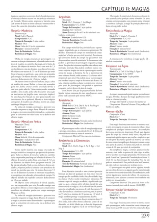 CAPÍTULO 11: MAGIAS
iguais	ou	superiores	a	um	terço	do	nível	poderá	penetrar	                                                                        Observação:	A	resistência	à	elementos	sobrepõe	(e	
a	barreira	se	obtiver	sucesso	em	um	teste	de	resistência	
                                                             Repulsão                                                      não	acumula	com)	proteção contra elementos.	Se	uma	
                                                                  Abjuração
de	Vontade.	Mesmo	assim,	atravessar	a	barreira	causa	                                                                      criatura	estiver	protegida	com	proteção contra elemento	
                                                                  Nível:	Clr	7,	Proteção	7,	Fet/Mag	6
2d6	pontos	de	dano	ao	inseto	e	forçar	a	barreira	sobre	o	                                                                  e	resistência a energia,	a	magia	de	proteção	absorverá	o	
                                                                  Componentes:	V,	G,	F/FD
inseto	lhe	causa	dor,	detendo	a	maioria	deles.                                                                             dano	até	seu	poder	acabar.
                                                                  Tempo de Execução:	1	ação	padrão
                                                                  Alcance:	Até	3	m/nível
Repelir Madeira                                                   Alvos:	Emanação	de	até	3	m	de	raio/nível	cen-
                                                                                                                           Resistência à Magia
    Transmutação                                                                                                               Abjuração
                                                             trada	no	conjurador
    Nível:	Drd	6,	Planta	6                                                                                                     Nível:	Clr	5,	Magia	5,	Proteção	5
                                                                  Duração:	1	rodada/nível	(D)
    Componentes:	V,	G                                                                                                          Componentes:	V,	G,	FD
                                                                  Teste de Resistência:	Vontade	anula
    Tempo de Execução:	1	ação	padrão                                                                                           Tempo de Execução:	1	ação	padrão
                                                                  Resistência à Magia:	Sim
    Alcance:	18	m                                                                                                              Alcance:	Toque
    Alvos:	Linha	de	18	m	do	conjurador                                                                                         Alvos:	Criatura	tocada
                                                                  Um	campo	móvel	de	força	invisível	cerca	o	perso-
    Duração:	1	minuto/nível	(D)                                                                                                Duração:	1	minuto/nível
                                                             nagem,	impedindo	que	as	criaturas	se	aproximem.	Ele	
    Teste de Resistência:	Nenhum                                                                                               Teste de Resistência:	Vontade	anula	(inofensiva)
                                                             decide	a	dimensão	do	campo	no	momento	da	conju-
    Resistência à Magia:	Não                                                                                                   Resistência à Magia:	Sim	(inofensiva)
                                                             ração	(até	o	limite	que	seu	nível	permite).	As	criaturas	
                                                             que	estiverem	dentro	do	campo	ou	que	entrem	nele	
     Ondas	de	energia	emanam	do	personagem	e	se	                                                                                A	criatura	recebe	resistência	à	magia	igual	a	12	+	
                                                             devem	realizar	testes	de	resistência.	Se	fracassarem,	não	
movem	na	direção	determinada,	afastando	todos	os	ob-                                                                       nível	do	conjurador.
                                                             podem	se	aproximar	do	personagem	enquanto	a	magia	
jetos	de	madeira	no	caminho	da	magia,	até	o	limite	do	
                                                             durar.	As	ações	das	criaturas	repelidas	não	sofrem	mais	
alcance.	Os	objetos	de	madeira	fixos,	com	mais	de	7,5	
                                                             nenhuma	restrição.	Elas	podem	combater	outras	cria-
                                                                                                                           Respirar na Água
cm	de	diâmetro,	não	são	afetados,	mas	objetos	livres	são.	                                                                     Transmutação
                                                             turas,	conjurar	magias	ou	atacar	o	personagem	usando	
Os	objetos	com	menos	de	7,5	cm	de	diâmetro	que	estão	                                                                          Nível:	Clr	3,	Drd	3,	Fet/Mag	3,	Água	3
                                                             armas	de	ataque	a	distância.	Se	ele	se	aproximar	de	
fixos	se	lascam	ou	quebram	e	suas	partes	são	arrastadas	                                                                       Componentes:	V,	G,	M/FD
                                                             uma	criatura	afetada,	nada	acontece.	(A	criatura	não	é	
pela	energia.	Os	objetos	afetados	pela	magia	se	afastam	                                                                       Tempo de Execução:	1	ação	padrão
                                                             empurrada	para	trás.)	Ela	poderá	atacar	o	personagem	
com	um	deslocamento	de	12	m	por	rodada.                                                                                        Alcance:	Toque
                                                             em	combate	corpo	a	corpo	se	ele	estiver	ao	alcance.	Se	
     Os	objetos	como	escudos	de	madeira,	lanças,	cabos	                                                                        Alvos:	Criatura	viva	tocada
                                                             uma	criatura	repelida	se	afastar	e	então	tentar	retornar	
de	madeira	de	armas,	flechas	e	virotes	são	arrastados	                                                                         Duração:	2	horas/nível;	veja	texto
                                                             para	perto	do	personagem,	não	poderá	se	aproximar	
para	trás.	(Uma	criatura	sendo	arrastada	devido	a	                                                                             Teste de Resistência:	Vontade	anula	(inofensiva)
                                                             enquanto	estiver	dentro	da	área	da	magia.
um	item	pode	soltá-lo.	Uma	criatura	sendo	arrastada	                                                                           Resistência à Magia:	Sim	(inofensiva)
                                                                  Foco Arcano:	Um	par	de	pequenas	barras	de	ferro	
devido	a	um	escudo	pode	soltá-lo	usando	uma	ação	
                                                             ligadas	à	duas	estatuetas	de	cães,	uma	branca	e	outra	
de	movimento	ou	largá-lo	como	uma	ação	simples.)	                                                                              A	criatura	transmutada	pode	respirar	normalmente	
                                                             preta;	tudo	custando	pelo	menos	50	PO.
Se	uma	lança	for	fincada	no	solo	para	impedir	esse	                                                                        na	água.	Divida	a	duração	da	magia	igualmente	entre	
movimento,	ela	se	quebrará.	Mesmo	os	itens	mágicos	                                                                        todas	as	criaturas	tocadas.
com	partes	de	madeira	são	afetados,	porém	um	campo
                                                             Resistência                                                       A	magia	não	impede	a	criatura	de	respirar	ar.
                                                                  Abjuração
antimagia	bloqueia	o	efeito.                                                                                                   Componente Material Arcano:	Um	pedaço	de	
                                                                  Nível:	Brd	0,	Clr	0,	Drd	0,	Pal	0,	Fet/Mag	0
     As	ondas	de	energia	continuam	a	percorrer	seu	                                                                        bambu	ou	palha.
                                                                  Componentes:	V,	G,	M/FD
caminho	enquanto	a	magia	durar.	Depois	de	conjurar	
                                                                  Tempo de Execução:	1	ação	padrão
a	magia,	o	percurso	estará	determinado	e	o	conjurador	
                                                                  Alcance:	Toque
                                                                                                                           Ressurreição
pode	se	concentrar	em	outra	coisa	ou	se	deslocar	sem	                                                                          Conjuração	(Cura)
                                                                  Alvos:	Criatura	tocada
afetar	a	magia.                                                                                                                Nível:	Clr	7
                                                                  Duração:	1	minuto
                                                                                                                               Tempo de Execução:	10	minutos
                                                                  Teste de Resistência:	Vontade	anula	(inofensiva)
Repelir Metal ou Pedra                                            Resistência à Magia:	Sim	(inofensiva)
    Abjuração	[Terra]                                                                                                            Essa	magia	funciona	como	reviver	os	mortos,	exce-
    Nível:	Drd	8                                                                                                           to	pelo	personagem	ser	capaz	de	restaurar	a	vida	e	a	força	
                                                                  O	personagem	enche	o	alvo	de	energia	mágica	que	
    Componentes:	V,	G                                                                                                      completa	de	qualquer	criatura	morta.	As	condições	
                                                             o	protege	contra	dano,	concedendo-lhe	+1	de	bônus	de	
    Tempo de Execução:	1	ação	padrão                                                                                       dos	restos	mortais	não	importam.	Desde	que	alguma	
                                                             resistência	em	todos	os	testes	de	resistência.
    Alcance:	18	m                                                                                                          parte	do	corpo	da	criatura	ainda	exista,	ela	pode	ser	
                                                                  Componente Material:	Uma	capa	em	miniatura.
    Alvos:	linha	de	18	m	do	conjurador                                                                                     ressuscitada,	porém	a	parte	que	recebe	a	magia	tem	que	
    Duração:	1	rodada/nível	(D)                                                                                            ter	sido	parte	da	criatura	quando	ela	morreu.	(As	cinzas	
    Teste de Resistência:	Nenhum
                                                             Resistência à Elementos                                       de	uma	criatura	atingida	por	desintegrar	contam	como	
                                                                Abjuração
    Resistência à Magia:	Não                                                                                               uma	parte	de	corpo.)	A	criatura	não	pode	ter	morrido	
                                                                Nível:	Clr	2,	Drd	2,	Fogo	3,	Pal	2,	Rgr	1,	Fet/
                                                                                                                           a	mais	de	10	anos	por	nível	de	conjurador.
                                                             Mag	2
     Como	repelir madeira,	essa	magia	cria	ondas	de	                                                                             Ao	completar	a	magia,	a	criatura	aparece	imedia-
                                                                Componentes:	V,	G,	FD
energia	invisíveis	e	intangíveis	que	partem	do	persona-                                                                    tamente,	com	todos	os	pontos	de	vida,	vigor	e	saúde,	
                                                                Tempo de Execução:	1	ação	padrão
gem.	Todos	os	objetos	de	metal	ou	pedra	no	caminho	                                                                        sem	ter	perdido	suas	magias	preparadas.	No	entanto,	ela	
                                                                Alcance:	Toque
serão	empurrados	para	longe	até	o	limite	do	alcance.	Os	                                                                   perde	1	nível	ou	2	pontos	de	Constituição	se	for	de	1º	
                                                                Alvos:	Criatura	tocada
objetos	de	metal	ou	pedra	fixos,	com	mais	de	7,5	cm	                                                                       nível.	(Se	sua	Constituição	for	reduzida	a	0	ou	ela	não	
                                                                Duração:	10	minutos/nível
de	diâmetro,	ou	objetos	livres	que	pesem	mais	de	250	                                                                      pode	ser	ressuscitada).	Essa	perda	de	nível	ou	Constitui-
                                                                Teste de Resistência:	Fortitude	anula	(inofensiva)
kg	não	são	afetados.	Todo	o	resto,	inclusive	objetos	ani-                                                                  ção	não	pode	ser	reparada	por	nenhum	meio.
                                                                Resistência à Magia:	Sim	(inofensiva)
mados,	pequenas	pedras	e	criaturas	com	armaduras	de	                                                                             O	personagem	não	pode	reviver	alguém	afetado	
metal,	são	movidas	para	trás.	Os	objetos	fixos	com	7,5	                                                                    por	um	efeito	de	morte	ou	alguém	que	foi	transformado	
                                                                  Essa	abjuração	concede	a	uma	criatura	proteção	
ou	cm	de	diâmetro	ou	menos	se	entortam	ou	quebram,	                                                                        em	morto-vivo	e	então	destruído.	Ele	também	não	pode	
                                                             limitada	ao	dano	de	qualquer	um	dos	cinco	tipos	de	
e	seus	pedaços	são	afastados	pelas	ondas	de	energia.	Os	                                                                   reviver	alguém	que	morreu	de	velhice.	Os	constructos,	
                                                             energia	que	for	escolhido:	ácido,	frio,	eletricidade,	fogo	
objetos	afetados	são	repelidos	com	um	deslocamento	                                                                        elementais,	seres	planares	e	mortos-vivos	também	não	
                                                             ou	sônica.	O	alvo	recebe	resistência	à	elementos	10	
de	12	m	por	rodada.                                                                                                        podem	ser	ressuscitados.
                                                             contra	o	tipo	de	energia	escolhido,	significando	que	
     Os	objetos	como	armaduras	de	metal,	espadas,	                                                                               Componente Material:	Um	pouco	de	benta	e	dia-
                                                             cada	vez	que	a	criatura	sofrer	tal	dano	(sendo	de	uma	
etc.	são	empurrados	para	trás,	levando	consigo	seus	                                                                       mantes	custando	um	total	de	menos	10.000	PO.
                                                             fonte	natural	ou	mágica),	ele	é	reduzido	em	10	pontos	
portadores.	Mesmo	os	itens	mágicos	com	componentes	
                                                             antes	de	ser	aplicado	nos	pontos	de	vida	da	criatura.	O	
metálicos	são	afetados,	porém	um	campo antimagia	
                                                             valor	da	resistência	à	elementos	aumenta	para	20	pontos	
                                                                                                                           Ressurreição Verdadeira
bloqueia	o	efeito.                                                                                                             Conjuração	(Cura)
                                                             no	7º	nível	e	ao	máximo	de	30	pontos	no	11°	nível.	A	
     As	ondas	de	energia	continuam	a	percorrer	seu	                                                                            Nível:	Clr	9
                                                             magia	também	protege	o	equipamento	do	alvo.
caminho	enquanto	a	magia	durar.	Depois	de	conjurar	                                                                            Tempo de Execução:	10	minutos
                                                                  A	resistência à elementos	absorve	somente	dano.	O	
a	magia,	o	percurso	estará	determinado	e	o	personagem	
                                                             alvo	ainda	pode	sofrer	efeitos	colaterais,	como	de	ser	
pode	se	concentrar	em	outra	coisa	ou	se	deslocar	sem	                                                                           Essa	magia	funciona	como	reviver os mortos,	exceto	
                                                             afundado	em	ácido	(desde	que	o	dano	de	afogamento	
afetar	a	magia.                                                                                                            pelo	personagem	poder	ressuscitar	uma	criatura	que	
                                                             seja	por	falta	de	oxigênio)	ou	de	ser	envolto	em	gelo.
                                                                                                                           esteja	morta	a	até	10	anos	por	nível	de	conjurador.	Essa	



                                                                                                                                                                          2
 