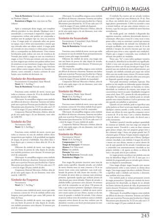 CAPÍTULO 11: MAGIAS
     Teste de Resistência: Vontade	anula;	veja	texto	              Observação:	As	armadilhas	mágicas	como	símbolo	                O	símbolo	fica	inativo	até	ser	ativado	(embora	
ou	Nenhum	(objeto)                                            são	difíceis	de	detectar	e	desarmar.	Somente	um	ladino	       seja	visível	e	legível	até	uma	distância	de	18	m).	Para	
     Resistência à Magia: Sim;	veja	texto	ou	Não	             pode	usar	as	perícias	Procurar	para	localizá-las	e	Operar	    ser	eficaz,	um	símbolo	deve	ser	visível,	colocado	num	
(objeto)                                                      Mecanismo	para	desarmá-las.	A	CD	em	cada	caso	é	25	           lugar	plano	e	proeminente.	Cobrir	ou	esconder	a	runa	
                                                              +	nível	da	magia	(32	para	símbolo da fraqueza).               a	tornará	ineficaz,	até	que	uma	criatura	remova	a	co-
     Após	a	conjuração	desta	magia,	um	completo	                   Componente Material:	Mercúrio	e	fósforo,	além	de	        bertura,	o	que	faz	com	que	o	símbolo da morte	funcione	
silêncio	prevalece	na	área	afetada.	Qualquer	som	é	           pó	de	uma	opala	negra	e	de	um	diamante,	num	valor	            normalmente.
neutralizado,	a	conversação	é	impossível,	magias	com	         total	de	5.000	PO.                                                  De	modo	geral,	um	símbolo	é	disparado	das	
componentes	verbais	não	podem	ser	conjuradas	e	                                                                             seguintes	maneiras,	conforme	determinado	durante	a	
nenhum	som	de	qualquer	ripo	sai,	entra	ou	atravessa	          Símbolo da Insanidade                                         conjuração:	olhar	para	a	runa;	ler	a	runa;	tocar	a	runa;	
a	área.	A	magia	pode	ter	conjurada	sobre	um	ponto	                 Encantamento	(Compulsão)	[Ação	Mental]                   passar	sobre	a	runa	ou	atravessar	o	portal	que	sustenta	
no	espaço,	mas	o	efeito	será	estacionário	a	menos	que	             Nível: Clr	8,	Fet/Mag	8                                  a	runa.	Independente	do	método	(ou	métodos)	de	
seja	colocada	sobre	um	objeto	móvel.	A	magia	pode	                 Teste de Resistência: Vontade	anula                      ativação	escolhidos,	uma	criatura	a	mais	de	16	m	do	
ser	centrada	em	uma	criatura	e	o	efeito	passa	a	emanar	                                                                     símbolo	é	incapaz	de	ativá-la	(mesmo	que	isso	seja	
dela	e	a	acompanhar	seu	deslocamento.	Uma	criatura	                 Funciona	como	símbolo da morte,	exceto	que	todas	       suficiente	para	ativar	a	runa,	segundo	suas	condições).	
Involuntária	pode	realizar	um	teste	de	resistência	de	        as	criaturas	no	raio	do	símbolo	ficam	permanentemente	        Depois	que	a	magia	é	conjurada,	suas	condições	de	
Vontade	para	anular	a	magia	ou	usar	sua	resistência	à	        insanas	(como	pela	magia	insanidade).                         ativação	não	podem	ser	mudadas.
magia,	se	tiver.	Os	itens	que	estejam	com	uma	criatura	             Diferente	do	símbolo da morte,	essa	magia	não	                Nesse	caso,	“ler”	a	runa	indica	qualquer	tentativa	
ou	itens	mágicos	que	emitem	sons	podem	realizar	testes	       tem	um	limite	de	pontos	de	vida;	depois	de	ativado,	          de	estudá-la,	identificá-la	ou	descobrir	seu	significado.	
de	resistência	ou	usar	resistência	à	magia,	mas	os	objetos	   este	símbolo	permanece	ativo	durante	10	minutos	por	          Cobrir	a	runa	com	um	pano	para	deixá-la	inoperante	
livres	e	pontos	no	espaço	não.	Esta	magia	funciona	           nível	de	conjurador.                                          dispara	seu	efeito	caso	ela	seja	ativada	por	toque.	É	im-
como	defesa	contra	ataques	sônicos	ou	baseados	em	                  Observação:	As	armadilhas	mágicas	como	símbolo	         possível	usar	um	símbolo	da	morte	ofensivamente,	por	
idioma,	como	comando,	a	musica	cativante	de	uma	              são	difíceis	de	detectar	e	desarmar.	Somente	um	ladino	       exemplo,	um	símbolo	acionado	por	toque	não	surtirá	
harpia,	uma	trombeta da destruição,	etc.                      pode	usar	as	perícias	Procurar	para	localizá-las	e	Operar	    efeito	caso	seja	tocado	numa	criatura.	Do	mesmo	modo,	
                                                              Mecanismo	para	desarmá-las.	A	CD	em	cada	caso	é	25	           um	símbolo	não	pode	ser	colocado	sobre	uma	arma	para	
Símbolo do Atordoamento                                       +	nível	da	magia	(33	para	símbolo	da	insanidade).             ser	disparado	quando	atingir	um	inimigo.
    Encantamento	(Compulsão)	[Ação	Mental]                          Componente Material:	Mercúrio	e	fósforo,	além	de	             Você	pode	determinar	condições	especiais.	Elas	
    Nível:	Clr	7,	Fet/Mag	7                                   pó	de	uma	opala	negra	e	de	um	diamante,	num	valor	            podem	ser	tão	simples	ou	elaboradas	quanto	desejado.	
    Teste de Resistência:	Vontade	anula                       total	de	5.000	PO.                                            As	condições	especiais	podem	ser	baseadas	no	nome,	
                                                                                                                            identidade	ou	tendência	da	criatura,	mas	sempre	em	
     Funciona	como	símbolo da morte,	exceto	que	              Símbolo do Medo                                               características	visíveis	ou	ações.	Qualidades	intangíveis	
todas	as	criaturas	a	menos	de	18	m	do	símbolo	ficam	               Necromancia	[Medo,	Ação	Mental]                          como	nível,	classe,	DV	e	pontos	de	vida	não	podem	ser	
atordoadas	durante	1d6	rodadas.                                    Nível:	Clr	6,	Fet/Mag	6                                  utilizados.	Por	exemplo,	um	símbolo	pode	ser	ativado	
     Observação:	As	armadilhas	mágicas	como	símbolo	               Teste de Resistência: Vontade	anula                      quando	uma	criatura	bondosa	e	Leal	se	aproximar,	mas	
são	difíceis	de	detectar	e	desarmar.	Somente	um	ladino	                                                                     não	quando	um	paladino	se	aproximar.
pode	usar	as	perícias	Procurar	para	localizá-las	e	Operar	          Funciona	como	símbolo da morte,	exceto	que	todas	             Quando	cria	um	símbolo,	pode-se	especificar	uma	
Mecanismo	para	desarmá-las.	A	CD	em	cada	caso	é	25	           as	criaturas	a	menos	de	18	m	deste	símbolo	ficam	apavo-       senha	(palavra	ou	frase)	secreta	que	impede	sua	ativação.	
+	nível	da	magia	(32	para	símbolo do atordoamento).           radas	durante	1	rodada	por	nível	de	conjurador.               Qualquer	criatura	usando	a	senha	correta,	se	tomará	
     Componente Material:	Mercúrio	e	fósforo,	além	de	              Observação:	As	armadilhas	mágicas	como	símbolo	         imune	aos	efeitos	da	runa	específica	enquanto	estiver	
pó	de	uma	opala	negra	e	de	um	diamante,	num	valor	            são	difíceis	de	detectar	e	desarmar.	Somente	um	ladino	       a	menos	de	18	m	da	runa.	Caso	a	criatura	abandone	
de	5.000	PO.                                                  pode	usar	as	perícias	Procurar	para	localizá-las	e	Operar	    a	área	de	efeito	e	volte	mais	tarde,	ela	deverá	usar	a	
                                                              Mecanismo	para	desarmá-las.	A	CD	em	cada	caso	é	25	           senha	novamente.
Símbolo da Dor                                                +	nível	da	magia	(31	para	símbolo do medo).                         Também	é	possível	vincular	qualquer	quantidade	
    Necromancia	[Mal]                                               Componente Material:	Mercúrio	e	fósforo,	além	de	       de	criaturas	ao	símbolo,	mas	isso	exige	um	tempo	de	
    Nível:	Clr	5,	Fet/Mag	5                                   pó	de	uma	opala	negra	e	de	um	diamante,	num	valor	            execução	maior.	Vinculá-lo	a	uma	ou	duas	criaturas	
                                                              total	de	1.000	PO.                                            gasta	pouco	tempo,	mas	um	pequeno	grupo	(três	a	
     Funciona	como	símbolo da morte,	exceto	que	                                                                            dez	criaturas)	exige	1	hora;	um	grupo	grande	(até	25	
todas	as	criaturas	no	raio	do	símbolo	sofrem	dores	           Símbolo da Morte                                              criaturas)	gasta	24	horas.	Grupos	maiores	exigem	perí-
insuportáveis	que	impõem	-4	de	penalidade	nas	jogadas	             Necromancia	[Morte]                                      odos	proporcionais,	de	acordo	com	o	Mestre.	Qualquer	
de	ataque,	de	perícia	e	habilidade.	Esse	efeito	dura	1	            Nível: Clr	8,	Fet/Mag	6                                  criatura	vinculada	a	um	símbolo	é	incapaz	de	ativá-lo	
hora	depois	que	a	criatura	se	afasta	além	de	18	m	do	              Componentes: V,	G,	M                                     e	imune	aos	seus	efeitos,	mesmo	se	estiver	dentro	do	
símbolo.                                                           Tempo de Execução: 10	minutos                            raio	de	ação	quando	ele	for	ativado.	Considerasse	que	
     Diferente	do	símbolo da morte,	essa	magia	não	                Alcance: 0	m	(Veja	texto)                                o	conjurador	está	automaticamente	vinculado	ao	seu	
tem	um	limite	de	pontos	de	vida;	depois	de	ativado,	               Efeito: Um	símbolo                                       próprio	símbolo,	e	ele	ignora	os	efeitos	os	efeitos	da	
este	símbolo	permanece	ativo	durante	10	minutos	por	               Duração: Veja	texto                                      runa	e	não	pode	ativá-la	por	acidente.
nível	de	conjurador.                                               Teste de Resistência: Fortitude	anula                          Ler magia	permite	reconhecer	um	símbolo	com	um	
     Observação:	As	armadilhas	mágicas	como	símbolo	               Resistência à Magia: Sim                                 teste	de	Identificar	Magia	(CD	19).	É	claro	que,	se	o	
são	difíceis	de	detectar	e	desarmar.	Somente	um	ladino	                                                                     símbolo	foi	programado	para	ser	ativado	após	a	leitura,	
pode	usar	as	perícias	Procurar	para	localizá-las	e	Operar	         Esta	magia	lhe	permite	inscrever	uma	runa	de	            isso	vai	dispará-lo	normalmente.
Mecanismo	para	desarmá-las.	A	CD	em	cada	caso	é	25	           poder	numa	superfície.	Quando	ativado,	um	símbolo                   Uma	magia	dissipar magia	lançada	com	sucesso	
+	nível	da	magia	(30	para	símbolo da dor).                    da morte	elimina	uma	ou	mais	criaturas	a	18	m	ou	             exclusivamente	sobre	a	runa	remove	os	efeitos	dessa	
     Componente Material:	Mercúrio	e	fósforo,	além	de	        menos	(trate	como	uma	explosão),	cujo	total	com-              magia.	Uma	magia	apagar	não	afeta	o	símbolo.	Destruir	
pó	de	uma	opala	negra	e	de	um	diamante,	num	valor	            binado	de	pontos	de	vida	atuais	não	exceda	a	150.	            a	superfície	onde	o	símbolo	está	inscrito,	o	destruirá,	
total	de	1.000	PO.                                            O	símbolo da morte	afeta	as	criaturas	mais	próximas	          mas	também	ativa	seus	efeitos.
                                                              primeiro,	ignorando	aquelas	que	tenham	pontos	de	                   Um	símbolo	pode	se	tornar	permanente	através	
Símbolo da Fraqueza                                           vida	demais	para	serem	afetadas.	Depois	de	ativado,	o	        da	magia	permanência.	Quando	um	símbolo	da	morte	
    Necromancia                                               símbolo	brilha	e	permanece	ativo	durante	10	minutos	          permanente	for	desativado,	ou	depois	de	ter	afetado	
    Nível: Clr	7,	Fet/Mag	7                                   por	nível	de	conjurador	ou	até	afetar	150	pontos	de	          seu	limite	máximo	de	pontos	de	vida,	ele	permanecerá	
                                                              vida,	o	que	acontecer	primeiro.	Qualquer	criatura	que	        inativo	durante	10	minutos	e	depois	poderá	ser	ativado	
     Funciona	como	símbolo da morte,	exceto	que	todas	        entre	nessa	área	enquanto	o	símbolo da morte	estiver	         de	novo	normalmente.
as	criaturas	a	menos	de	18	m	do	símbolo	sofrem	uma	           ativo	estará	sujeito	aos	seus	efeitos,	mesmo	se	ela	não	            Observação:	As	armadilhas	mágicas	como	símbolo	
fraqueza	semi-paralisante	que	causa	3d6	pontos	de	            estava	lá	quando	o	símbolo	foi	ativado.	Uma	criatura	         são	difíceis	de	detectar	e	desarmar.	Somente	um	ladino	
dano	de	Força.                                                só	precisa	realizar	testes	de	resistência	contra	o	símbolo	   pode	usar	as	perícias	Procurar	para	localizá-las	e	Operar	
     Diferente	do	símbolo da morte,	essa	magia	não	           enquanto	estiver	dentro	de	sua	área,	embora	caso	ela	         Mecanismo	para	desarmá-las.	A	CD	em	cada	caso	é	25	
tem	um	limite	de	pontos	de	vida;	depois	de	ativado,	          abandone	e	retorne	a	esse	local,	precisará	passar	no	teste	   +	nível	da	magia	(33	para	símbolo da morte).
este	símbolo	permanece	ativo	durante	10	minutos	por	          de	resistência	novamente.
nível	de	conjurador.



                                                                                                                                                                          2
 
