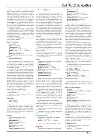 CAPÍTULO 11: MAGIAS
     Durante	todo	o	tempo	o	simulacro	permanece	               Resistência à Magia: Sim                                   Nível: Brd	2,	Fet/Mag	3
sobre	o	controle	completo	do	conjurador.	Nenhuma	                                                                         Componentes: V,	M
ligação	telepática	especial	existe,	portanto	ele	deve	          Sonho	permite	que	você	ou	um	mensageiro	tocado	           Tempo de Execução: 1	ação	padrão
comandá-lo	de	alguma	outra	maneira.	Um	simulacro	          envie	mensagens-fantasma	na	forma	de	sonhos.	No	               Alcance: Curto	(7,5	m	+	1,5	m/2	níveis)
não	possui	habilidade	de	ficar	mais	poderoso.	Ele	não	     início	da	execução,	você	deve	nomear	o	receptor	da	            Alvos: Uma	criatura	viva
pode	avançar	seu	nível	de	experiência	ou	aprimorar	suas	   mensagem	ou	identificá-lo	por	algum	título	que	não	            Duração: 1	hora/nível	ou	até	ser	completa
habilidades.	Se	seus	pontos	de	vida	forem	reduzidos	a	     deixe	dúvidas	quanto	à	sua	identidade.	Então,	o	men-           Teste de Resistência: Vontade	anula
0	ou	ele	for	destruído,	transforma-se	em	neve	e	derrete	   sageiro	cairá	em	um	sono	profunda	aparecerá	no	sonho	          Resistência à Magia:	Sim
instantaneamente.	Um	processo	complexo	que	exige	          do	alvo	e	entregará	a	mensagem	que	pode	ter	qualquer	
ao	menos	24	horas,	100	PO	por	ponto	de	vida	e	um	          tamanho.	O	alvo	lembrará	perfeitamente	dela	ao	acor-             O	personagem	influencia	as	ações	da	criatura	en-
laboratório	mágico	com	equipamento	completo	pode	          dar.	A	comunicação	é	unidirecional,	então	o	alvo	não	      feitiçada,	sugerindo	um	curso	de	ação	(limitada	a	uma	
reparar	danos	ao	simulacro.                                pode	fazer	perguntas	ou	oferecer	informações;	o	mensa-     ou	duas	frases).	A	sugestão	deve	ser	feita	de	modo	que	
     Componente Material:	A	magia	é	conjurada	sobre	       geiro	também	não	pode	obter	informações	observando	        pareça	aceitável.	Pedir	a	uma	criatura	que	se	mate,	se	
a	forma	feita	de	gelo	ou	de	neve	e	algum	pedaço	da	        os	sonhos	do	alvo.	Depois	de	entregar	a	mensagem,	a	       jogue	sobre	uma	lança,	coloque	fogo	em	si	mesma	ou	
criatura	a	ser	duplicada	(cabelo,	unha,	etc.)	deve	ser	    mente	do	mensageiro	volta	instantaneamente	para	o	         outro	efeito	obviamente	nocivo	anula	automaticamente	
colocado	dentro	do	gelo	ou	da	neve.	Além	disso,	a	         seu	corpo.	A	magia	dura	o	tempo	necessário	para	que	       o	efeito	da	magia.	Porém,	sugerir	que	uma	poça	de	
magia	requer	pó	de	rubi	com	valor	de	100	PO	por	DV	        o	mensageiro	entre	nos	sonhos	do	alvo	e	entregue	a	        ácido	é	na	verdade	água	límpida	e	que	um	mergulho	
do	simulacro	a	ser	criado.                                 mensagem.                                                  seria	refrescante	é	outra	coisa.	Convencer	um	dragão	
     Custo de XP:	100	XP	por	DV	do	simulacro	a	ser	             Se	o	receptor	estiver	acordado,	o	mensageiro	pode	    vermelho	que	ele	não	deve	atacar	o	grupo	para	que	
criado	(mínimo	1.000	XP).                                  acordar	(dissipando	a	magia)	ou	permanecer	em	transe	      possam	juntos	buscar	um	grande	tesouro	também	é	
                                                           profundo.	Ele	pode	permanecer	em	transe	até	que	o	         uma	utilização	aceitável.
Som Fantasma                                               alvo	durma	e	então	entrar	em	seu	sonho	e	entregar	a	             O	curso	de	ação	ou	atividade	sugerida	pode	con-
     Ilusão	(Idéia)                                        mensagem.	Caso	seja	perturbado	durante	o	transe,	a	        tinuar	por	um	período	longo,	como	no	caso	do	dragão	
     Nível: Brd	0,	Fet/Mag	0                               magia	termina	imediatamente.                               vermelho	acima.	Se	a	atividade	sugerida	puder	ser	
     Componentes: V,	G,	M                                       As	criaturas	que	não	dormem	ou	sonham	(como	os	       completada	em	um	período	menor,	a	magia	termina	
     Tempo de Execução: 1	ação	padrão                      elfos,	mas	não	os	meio-elfos),	não	podem	ser	contatadas	   quando	o	alvo	completar	a	tarefa	solicitada.	Em	vez	
     Alcance: Curto	(7,5	m	+	1,5	m/2	níveis)               através	desta	magia.                                       disso,	o	personagem	pode	determinar	uma	condição	
     Efeito: Sons	ilusórios                                     Durante	o	transe	o	mensageiro	não	tem	consciên-       específica,	quando	o	alvo	tomará	uma	atitude	especial.	
     Duração: 1	rodada/nível	(D)                           cia	nenhuma	do	ambiente	ao	seu	redor.	Ele	está	inde-       Por	exemplo,	você	pode	sugerir	que	um	nobre	cavaleiro	
     Teste de Resistência: Vontade	desacredita	(se	        feso,	tanto	física	como	mentalmente	(sempre	falhando	      doe	seu	cavalo	de	guerra	para	o	primeiro	mendigo	que	
interagir)                                                 em	seus	testes	de	resistência).                            encontrar	Se	a	condição	não	ocorrer	antes	da	magia	
     Resistência à Magia: Não                                                                                         terminar,	a	sugestão	é	perdida.
                                                           Sono                                                             Uma	sugestão	muito	plausível	é	feita	com	uma	
     Som fantasma	permite	que	o	personagem	crie	um	            Encantamento	(Compulsão)	(de	Ação	Mental]              penalidade	(como	-1	ou	-2)	no	teste	de	resistência,	de	
som	que	aumente,	diminua,	se	aproxime,	se	afaste	ou	           Nível: Brd	1.	Fet/Mag	I                                acordo	com	o	Mestre.
fique	imóvel	em	um	local	fixo.	Ele	escolhe	o	tipo	de	          Componentes: V,	G,	M                                         Componente Material:	Uma	língua	de	cobra	e	uma	
som	criado	quando	conjura	a	magia	e	não	pode	mudar	            Tempo de Execução: 1	rodada                            gota	de	mel	ou	de	óleo	adocicada
seu	caráter	básico	depois.                                     Alcance: Médio	(30	m	+	3	m/nível)
     O	volume	do	som	criado	depende	do	nível	do	               Área:	Uma	ou	mais	criaturas	dentro	de	uma	             Sugestão em Massa
personagem.	Ele	pode	produzir	som	equivalente	ao	          explosão	de	3	m	de	raio                                         Encantamento	(Compulsão)	[Dependente	e	
produzido	por	quatro	humanos	normais	por	nível	do	             Duração: 1	minuto/nível                                Idioma,	de	Ação	Mental]
conjurador	(máximo	de	20	humanos).	Além	disso,	                Teste de Resistência: Vontade	anula                         Nível: Brd	6,	Fet/Mag	6
também	podem	ser	criados	sons	de	conversas,	cantos,	           Resistência à Magia: Sim                                    Alcance: Médio	(30	m	+	3	m/nível)
gritos,	caminhadas,	marcha	ou	corrida.	O	barulho	                                                                          Alvos: Uma	criatura/nível,	duas	delas	não	m	
produzido	por	som fantasma	pode	ser	virtualmente	de	            A	magia	sono	causa	um	sono	mágico	em	4	Dados	         estar	a	mais	de	9	m	entre	si
qualquer	tipo,	dentro	do	limite	de	volume.	Uma	horda	      de	vida	de	criaturas.	Jogue	2d4	para	determinar	a	quan-
de	ratos	correndo	e	fazendo	ruídos	equivalem	ao	som	de	    tidade	total	de	DV	de	criaturas	afetadas.	São	afetadas	         Essa	magia	funciona	como	sugestão,	exceto	por	
oito	humanos	correndo	e	gritando.	Um	leão	rugindo	é	o	     primeiro	as	criaturas	com	menos	Dados	de	Vida	e,	          poder	afetar	mais	criaturas.	A	mesma	sugestão	é	aplicada	
equivalente	ao	barulho	de	dezesseis	humanos;	o	miado	      entre	as	criaturas	com	DV	idênticos,	as	mais	próximas	     a	todas	essas	criaturas.
de	um	tigre	atroz	é	igual	ao	de	vinte	humanos.             do	ponto	de	origem	da	magia.	Dado	de	Vida	que	não	é	
     A	magia	som fantasma	pode	melhorar	o	funciona-        suficiente	para	afetar	uma	criatura	é	perdido.             Suportar Elementos
mento	de	uma	magia	imagem silenciosa.                           Por	exemplo,	Mialee	conjura	sono	sobre	um	rato	           Abjuração
     O	som fantasma	pode	se	tornar	permanente	com	         (1/4	DV),	um	kobold	(1	DV),	dois	gnolls	(2	DV)	e	              Nível: Clr	1,	Drd	1,	Pal	1,	Rgr	1,	Fet/Mag	1,	Sol1	
a	magia	permanência.                                       um	ogro	(4	DV).	O	rato,	o	kobold	e	um	gnoll	são	               Componentes: V,	G
     Componente Material:	Um	pouco	de	lã	ou	um	            afetados	(1/4	+1+2	=	31/4	DV).	Os	3/4	restantes	não	           Tempo de Execução:	1	ação	padrão
pequeno	pedaço	de	cera.                                    são	suficientes	para	afetar	o	gnoll	e	o	ogro	restante.	        Alcance: Toque
                                                           Mialee	não	pode	decidir	que	a	magia	afeta	o	ogro	ou	           Alvo: Criatura	tocada
Sombras                                                    os	dois	gnolls.                                                Duração: 24	horas
    Ilusão	(Sombra)                                             As	criaturas	adormecidas	ficam	indefesas.                 Teste de Resistência: Vontade	anula	(inofensiva)
    Nível: Fet/Mag	9                                            Esbofetear	ou	ferir	as	criaturas	afetadas	pode	           Resistência à Magia: Sim	(inofensiva)
                                                           acordá-las,	mas	barulho	normal	não.	Acordar	uma	
     Essa	magia	funciona	como	conjurarão de sombras,	      criatura	usa	uma	ação	padrão	(urna	aplicação	da	ação	           A	criatura	protegida	por	esta	magia	não	é	afetada	
exceto	por	poder	imitar	magias	de	conjuração	de	feiti-     prestar	ajuda).                                            por	climas	extremamente	frios	ou	quentes.	Ela	pode	
ceiro	ou	mago	do	8º	nível	ou	inferior.	As	conjurações	          O	sono	não	afeta	criaturas	inconsciente,	construc-    permanecer	confortavelmente	em	ambientes	com	
ilusórias	causam	4/5	(80%)	de	dano	em	descrentes	e	        tos	ou	mortos-vivos.                                       temperaturas	entre	-40°G	e	60°G	sem	precisar	realizar	
efeitos	que	não	causam	dano	têm	80%	de	chance	de	               Componente Material:	Um	pouco	de	aveia	fina,	         testes	de	resistência	de	Fortitude	(como	indica	o	Livro
funcionar	contra	descrentes.                               pétalas	de	rosa	ou	um	grilo	vivo.                          do Mestre).	O	equipamento	da	criatura	também	estará	
                                                                                                                      protegido.
Sonho                                                      Sono Profundo                                                   Suportar elementos	não	fornece	proteção	nenhuma	
    Ilusão	(Fantasma)	[Ação	Mental]                            Encantamento	(compulsão)	[Ação-MenttQ                  contra	dano	por	frio	ou	calor,	assim	como	também	não	
    Nível: Brd	5,	Fet/Mag	5                                    Nível: Brd	3,	Fet/Mag	3                                protege	de	outros	perigos	do	ambiente	como	fumaça,	
    Componentes: V,	G                                          Alcance: Curto	(7,5	m	+	1,5	m/2	uiveis)                ausência	de	ar	e	assim	por	diante.
    Tempo de Execução:	1	minuto
    Alcance: Ilimitado                                         Como	sono,	mas	afeta	até	10	DV	de	criaturas.           Tarefa/Missão
    Alvo: 1	criatura	viva	tocada                                                                                          Encantamento	(Compulsão)	[Dependente	de	
    Duração: Veja	texto                                    Sugestão                                                   Idioma,	de	Ação	Mental]
    Teste de Resistência: Nenhum                               Encantamento	(Compulsão)	[de	Ação	Mental]                  Nível: Brd	6,	Clr	6,	Fet/Mag	6



                                                                                                                                                                   2
 