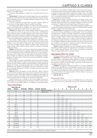 CAPÍTULO 3: CLASSES
seria	especialmente	generosa	em	conceder	pagamentos	na	forma	de	conjuração	de	                                ideais	básicos,	como	bondade	ou	lealdade,	podem	encontrar	uma	causa	comum	e	
magias	ou	itens	mágicos	divinos.                                                                              se	tornarem	parte	dela	em	detrimento	de	qualquer	ordem	eclesiástica.	No	entanto,	
      É	claro	que,	individualmente,	os	clérigos	têm	seus	próprios	motivos	para	se	                            os	clérigos	que	venerem	ideais	opostos	sempre	serão	inimigos	terríveis.	Nas	regiões	
aventurar.                                                                                                    civilizadas,	os	combates	diretos	entre	as	religiões	só	acontecem	em	tempos	de	guerra	
      Características: Os	clérigos	são	os	mestres	da	magia	divina,	que	é	especialmente	                       civil	ou	circunstâncias	similares	de	turbulência	social,	mas	os	embates	políticos	das	
adequada	para	curar	ferimentos.	Mesmo	um	clérigo	inexperiente	é	capaz	de	recuperar	                           crenças	inimigas	são	muito	freqüentes.
criaturas	ameaçadas	pela	morte	e	um	clérigo	experiente	conseguiria	restaurar	a	vida	                                Raças: Existem	clérigos	e	sacerdotes	de	todas	as	raças	comuns,	já	que	a	neces-
de	pessoas	que	já	faleceram.                                                                                  sidade	de	religião	e	da	magia	divina	é	universal.	Porém,	os	clérigos	da	maioria	das	
      Como	são	canalizadores	de	energia	divina,	eles	podem	expulsar	e	destruir	os	                            sociedades	vivem	concentrados	em	suas	obrigações	religiosas	e	raramente	se	tornam	
mortos-vivos;	um	clérigo	maligno	é	capaz	de	controlar	essas	criaturas.                                        aventureiros.	Os	clérigos	aventureiros	quase	sempre	são	humanos	ou	anões.
      Os	clérigos	recebem	algum	treinamento	em	combate.	Eles	podem	usar	armas	                                      Os	clérigos	são	incomuns	entre	os	humanóides	selvagens.	Os	trogloditas	são	a	
simples	e	são	treinados	para	usar	armaduras,	uma	vez	que	elas	não	interferem	na	                              exceção;	eles	são	adeptos	da	magia	divina	e	muitas	vezes	são	liderados	por	sacerdotes	
conjuração	de	magias	divinas,	como	fazem	com	as	magias	arcanas.                                               dispostos	a	sacrificar	e	devorar	seus	prisioneiros.
      Tendência: Os	clérigos	podem	escolher	qualquer	tendência,	assim	como	os	                                      Outras Classes: Em	um	grupo	de	aventureiros,	o	clérigo	será	um	aliado	de	todos	
deuses	a	quem	servem.	Uma	vez	que	as	pessoas	veneram	mais	as	divindades	Boas	                                 e	muitas	vezes	o	elemento	que	fundamenta	a	união	do	grupo.	Como	é	um	canalizador	
do	que	as	Neutras	ou	Más,	os	clérigos	bondosos	são	mais	comuns	que	os	sacerdotes	                             de	energias	divinas,	o	clérigo	é	um	excelente	curandeiro	e	os	aventureiros	de	qualquer	
malignos.	Eles	também	costumam	ser	indivíduos	ordeiros,	pois	as	religiões	organi-                             classe	apreciam	a	recuperação	que	ele	oferece	depois	de	um	combate.	Em	algumas	
zadas	(e	Leais)	possuem	uma	estrutura	melhor	e	uma	capacidade	maior	para	recrutar	                            ocasiões,	os	clérigos	entram	em	conflito	com	os	druidas,	pois	estes	representam	uma	
e	treinar	novos	clérigos	do	que	as	organizações	mais	instáveis	e	caóticas.                                    relação	mais	antiga	e	primitiva	entre	o	mortal	e	o	divino.	Contudo,	é	a	religião	de	
      Quase	sempre,	o	clérigo	escolherá	a	mesma	tendência	de	sua	divindade,	embora	                           um	clérigo	que	costuma	determinar	seu	relacionamento	com	os	demais.	Por	exem-
alguns	possam	selecionar	uma	tendência	“um	passo”	diferente	do	seu	patrono.	Por	                              plo,	um	clérigo	de	Olidammara	(deusa	dos	ladrões)	teria	um	bom	relacionamento	
exemplo,	a	maioria	dos	clérigos	de	Heironeous,	deus	do	heroísmo	(Leal	e	Bom)	                                 com	os	ladinos	e	outros	fora	da	lei,	enquanto	um	clérigo	de	Heironeous	(deus	do	
é	Leal	e	Boa,	mas	alguns	são	Leais	e	Neutros	ou	Neutros	e	Bons.	Além	disso,	um	                               heroísmo)	estaria	incomodado	com	essas	companhias.
clérigo	não	pode	escolher	a	tendência	‘Neutro	autêntico’,	a	menos	que	sua	divindade	                                Função: O	clérigo	normalmente	atua	como	o	principal	curandeiro,	adivinho	e	
também	seja	Neutra.                                                                                           especialista	em	defesa	do	grupo.	Ele	é	capaz	de	entrar	em	combate,	mas	geralmente	
      Religião: Toda	divindade	razoavelmente	conhecida	possui	clérigos	dedicados	e	                           não	é	a	melhor	opção	para	assumir	a	linha	de	frente.	Os	domínios	e	a	seleção	de	
fiéis,	portanto	eles	podem	pertencer	a	qualquer	religião.	A	divindade	mais	adorada	                           magias	do	clérigo	também	afetam	sua	função	no	grupo.
nas	terras	civilizadas	dos	humanos	é	Pelor	(deus	do	sol).	Entre	as	raças	inumanas,	é	
mais	comum	que	os	clérigos	venerem	o	deus	supremo	de	seu	panteão	racial.	Quase	
todos	os	clérigos	são	oficialmente	ordenados	membros	de	organizações	religiosas,	
                                                                                                              INFORMAÇÕES DE JOGO
                                                                                                                   Os	clérigos	possuem	as	seguintes	estatísticas	de	jogo:
geralmente	chamadas	de	igrejas.	Todos	prestam	juramentos	para	defender	e	propagar	                                 Habilidades: A	Sabedoria	determina	a	magia	mais	poderosa	que	um	clérigo	
os	ideais	de	sua	igreja.                                                                                      é	capaz	de	conjurar,	a	quantidade	de	magias	disponíveis	a	cada	dia	e	a	dificuldade	
      Alguns	clérigos	não	veneram	uma	divindade,	mas	uma	causa	ou	fonte	de	poder	                             para	resistir	às	suas	magias	(veja	Magias,	a	seguir).	Um	valor	elevado	de	Constitui-
divino.	Esses	clérigos	canalizam	a	magia	de	forma	idêntica	aos	sacerdotes	que	adoram	                         ção	aumentaria	os	pontos	de	vida	do	clérigo	e	um	Carisma	elevado	aprimora	sua	
um	deus,	mas	não	se	afiliam	a	nenhuma	instituição	religiosa	ou	prática	específica	de	                         capacidade	de	expulsar	mortos-vivos.
adoração.	Por	exemplo,	um	clérigo	devotado	ao	Bem	e	à	Ordem	poderia	conviver	                                      Tendência: A	tendência	do	clérigo	deve	ser	idêntica	ou	“um	passo”	afastada	da	
pacificamente	com	seguidores	de	divindades	Leais	e	Boas,	destacando	as	virtudes	                              tendência	de	sua	divindade	(ou	seja,	ela	pode	diferir	um	passo	no	eixo	Leal-Caótico	
de	uma	vida	regida	pelos	preceitos	do	Bem	e	da	Ordem,	mas	jamais	integrar	uma	                                ou	no	eixo	Bem-Mal,	mas	não	em	ambos).	A	única	exceção	envolve	os	clérigos	de	
hierarquia	eclesiástica.                                                                                      St.	Cuthbert	(uma	divindade	Leal	e	Neutra),	que	devem	escolher	as	tendências	Leal	
      História: A	maioria	dos	clérigos	se	converte	ainda	jovem.	Alguns	se	oferecem	                           e	Bom	ou	Leal	e	Neutro.	Um	clérigo	não	pode	ser	“Neutro	autêntico”,	a	menos	que	
para	servir	um	deus	na	infância,	mas	outros	sentem	seu	chamado	em	um	momento	                                 sua	divindade	também	seja	Neutra.
posterior	de	suas	vidas.	Embora	alguns	clérigos	sejam	amplamente	relacionados	com	                                 Dado de Vida: d8.
as	atividades	cotidianas	de	suas	igrejas,	outros	têm	maior	liberdade	para	conduzir	sua	
vida,	mas	precisam	fazê-lo	de	acordo	com	os	preceitos	de	sua	divindade.
      É	possível	assumir	que	os	clérigos	de	uma	mesma	religião	convivam	em	
                                                                                                              Perícias de Classe
                                                                                                                   As	perícias	de	classe	de	um	clérigo	(e	a	habilidade	chave	para	cada	perícia)	
tranqüilidade,	mas	as	disputas	internas	de	uma	igreja	costumam	ser	mais	intensas	
                                                                                                              são:	Concentração	(Con),	Conhecimento	(arcano)	(Int),	Conhecimento	(história)	
que	os	confrontos	entre	religiões	diferentes.	Os	clérigos	que	compartilham	alguns	

  Tabela 3-6: o clérigo
            Bônus Base de                                                                                                                               Magias por dia *
  Nível        Ataque     Fortitude                  Reflexos         Vontade Especial                                0        1         2         3       4      5      6                 7         8         9
                                                                              Expulsar ou fascinar
    1°              +0                  +2               +0             +2                                            3       1+1         -         -         -        -         -         -         -         -
                                                                              mortos-vivos
    2°            +1                   +3                +0             +3                                            4       2+1        -         -        -         -         -         -         -         -
    3°            +2                   +3                +1             +3                                            4       2+1       1+1        -        -         -         -         -         -         -
    4°            +3                   +4                +1             +4                                            5       3+1       2+1        -        -         -         -         -         -         -
    5°            +3                   +4                +1             +4                                            5       3+1       2+1       1+1       -         -         -         -         -         -
    6°            +4                   +5                +2             +5                                            5       3+1       3+1       2+1       -         -         -         -         -         -
    7°            +5                   +5                +2             +5                                            6       4+1       3+1       2+1      1+1        -         -         -         -         -
    8°          +6/+1                  +6                +2             +6                                            6       4+1       3+1       3+1      2+1        -         -         -         -         -
    9°          +6/+1                  +6                +3             +6                                            6       4+1       4+1       3+1      2+1       1+1        -         -         -         -
   10°          +7/+2                  +7                +3             +7                                            6       4+1       4+1       3+1      3+1       2+1        -         -         -         -
   11°          +8/+3                  +7                +3             +7                                            6       5+1       4+1       4+1      3+1       2+1       1+1        -         -         -
   12°          +9/+4                  +8                +4             +8                                            6       5+1       4+1       4+1      3+1       3+1       2+1        -         -         -
   13°          +9/+4                  +8                +4             +8                                            6       5+1       5+1       4+1      4+1       3+1       2+1       1+1        -         -
   14°          +10/+5                 +9                +4             +9                                            6       5+1       5+1       4+1      4+1       3+1       3+1       2+1        -         -
   15°        +11/+6/+1                +9                +5             +9                                            6       5+1       5+1       5+1      4+1       4+1       3+1       2+1       1+1        -
   16°        +12/+7/+2                +10               +5             +10                                           6       5+1       5+1       5+1      4+1       4+1       3+1       3+1       2+1        -
   17°        +12/+7/+2                +10               +5             +10                                           6       5+1       5+1       5+1      5+1       4+1       4+1       3+1       2+1       1+1
   18°        +13/+8/+3                +11               +6             +11                                           6       5+1       5+1       5+1      5+1       4+1       4+1       3+1       3+1       2+1
   19°        +14/+9/+4                +11               +6             +11                                           6       5+1       5+1       5+1      5+1       5+1       4+1       4+1       3+1       3+1
   20°        +15/+10/+5               +12               +6             +12                                           6       5+1       5+1       5+1      5+1       5+1       4+1       4+1       4+1       4+1
* Além da quantidade indicada de magias por dia entre o 1° e o 9° nível, um clérigo recebe uma magia adicional de domínio a cada nível, a partir do 1°. A referência “+ 1” na tabela representa essa magia. As magias
de domínio não são consideradas nas magias adicionais que o clérigo receberia devido a um valor elevado de Sabedoria.



                                                                                                                                                                                                            27
 