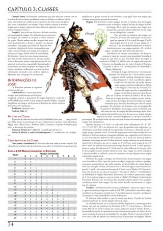 CAPÍTULO 3: CLASSES
     Outras Classes: Os	feiticeiros	consideram	que	têm	mais	em	comum	com	os	             prejudicam	os	gestos	arcanos	de	um	feiticeiro,	o	que	pode	fazer	suas	magias	que	
membros	de	outras	classes	autodidatas,	como	os	druidas	e	os	ladinos.	Muitas	             tenham	componentes	gestuais	fracassarem.
vezes,	eles	entram	em	conflito	com	os	membros	de	classes	mais	disciplina-                     Magias: Um	feiticeiro	conjura	magias	arcanas	(o	mesmo	tipo	das	magias	
das,	como	os	paladinos	e	os	monges.	Como	podem	conjurar	as	mesmas	                                           disponíveis	para	os	bardos	e	magos)	da	lista	de	magias	de	feiti-
magias	que	os	magos,	embora	de	modo	diferente,	algumas	vezes	essas	                                                       ceiro/mago.	Ele	é	capaz	de	conjurar	suas	magias	sem	
classes	competem	entre	si.                                                                                                 prepará-las	com	antecedência,	diferente	de	um	mago	
     Função: A	função	de	um	feiticeiro	é	definida	com	base	                                                                    ou	um	clérigo	(veja	a	seguir).
em	sua	seleção	de	magias.	Um	feiticeiro	que	se	concentre	
                                                                                             Hennet                                   Para	aprender	ou	conjurar	uma	magia,	um	
em	magias	de	combate	se	tornará	o	centro	ofensivo	                                                                              feiticeiro	deve	ter	uma	pontuação	em	Carisma	
do	grupo.	Outros	podem	escolher	magias	mais	sutis,	                                                                             igual	ou	superior	a	10	+	o	nível	da	magia	(Car	10	
como	encantamentos	e	ilusões,	e	assumir	uma	função	                                                                             para	magias	de	nível	0,	Car	11	para	magias	de	1°	
secundária.	Um	grupo	que	tenha	um	feiticeiro	deve	                                                                            nível,	etc.).	A	Classe	de	Dificuldade	para	os	testes	de	
considerar	a	hipótese	de	incluir	um	segundo	conju-                                                                         resistência	contra	essas	magias	equivale	a	10	+	nível	da	
rador,	como	um	bardo,	um	clérigo,	um	druida	ou	                                                                         magia	+	modificador	de	Carisma	do	feiticeiro.
mesmo	um	mago,	devido	a	falta	de	versatilidade	                                                                            Semelhante	aos	demais	conjuradores,	um	feiticeiro	
do	feiticeiro.	Como	têm	uma	presença	marcante,	                                                                      somente	é	capaz	de	conjurar	uma	quantidade	limitada	de	
que	lhes	permite	impressionar	as	pessoas,	muitas	                                                                 magias	de	cada	nível	por	dia.	Seu	limite	diário	de	magias	se	
vezes	os	feiticeiros	atuam	como	porta-vozes	de	um	                                                              encontra	na	Tabela	3-9:	O	Feiticeiro.	As	magias	adicionais	do	
grupo	de	aventureiros,	negociando,	barganhando	e	                                                                   feiticeiro	são	baseadas	em	um	valor	elevado	de	Carisma	
conversando	em	nome	do	grupo.	As	magias	do	fei-                                                                       (consulte	a	Tabela	1–1:	Modificadores	de	Habilidade	e	
ticeiro	o	auxiliam	a	influenciar	as	pessoas	ou	obter	                                                                    Magias	Adicionais).
informações,	tornando-o	um	excelente	espião	ou	                                                                                   A	seleção	de	magias	do	feiticeiro	é	extremamente	
diplomata	para	um	grupo	de	aventureiros.                                                                                      limitada.	Um	feiticeiro	de	1°	nível	conhece	quatro	
                                                                                                                                  magias	de	nível	0	(também	chamadas	de	truques)	
INFORMAÇÕES DE                                                                                                                     e	duas	magias	de	1°	nível,	a	escolha	do	jogador.	
                                                                                                                                     A	cada	nível	de	feiticeiro,	ele	recebe	uma	ou	
JOGO                                                                                                                                  mais	magias,	conforme	indicado	na	Tabela	
     Os	feiticeiros	possuem	as	seguintes	                                                                                              3-10:	Magias	Conhecidas	do	Feiticeiro.	Di-
estatísticas	de	jogo.                                                                                                                  ferente	das	magias	por	dia,	a	quantidade	de	
     Habilidades: O	Carisma	determina	                                                                                                magias	conhecidas	do	feiticeiro	não	é	afetada	
a	magia	mais	poderosa	que	um	feiticeiro	                                                                                  pelo	seu	Carisma;	os	valores	da	Tabela	3-10	são	fixos.	
é	capaz	de	conjurar,	a	quantidade	de	magias	disponíveis	a	cada	dia	e	                                                    Essas	novas	magias	podem	ser	magias	comuns,	selecio-
a	dificuldade	para	resistir	às	suas	magias	(consulte	Magias,	a	seguir).	                                                 nadas	da	lista	de	magias	do	feiticeiro/mago	ou	magias	
Semelhante	aos	magos,	um	feiticeiro	se	beneficia	de	valores	elevados	                                                   incomuns	que	o	feiticeiro	descobriu	por	meio	de	estudo	
de	Destreza	e	Constituição.                                                                                      e	pesquisa.	Por	exemplo,	um	feiticeiro	com	um	pergaminho	
     Tendência: Qualquer	uma.                                                                                     ou	grimório	detalhando	uma	magia	arcana	incomum	(que	
     Dado de Vida:	d4.                                                                                             não	exista	na	lista	de	magias	do	feiticeiro/mago	desse	livro)	
                                                                                                                 poderia	selecioná-la	como	uma	de	suas	novas	magias	quando	
Perícias de Classe                                                                                           adquirir	um	nível,	contanto	ela	pertença	a	um	nível	acessível	ao	
     As	perícias	de	classe	de	um	feiticeiro	(e	a	habilidade	chave	para	 cada	perícia)	   personagem.	De	qualquer	forma,	ele	não	será	capaz	de	usar	esse	método	para	aprender	
são:	Blefar	(Car),	Concentração	(Con),	Conhecimento	(arcano)	(Int),	Identificar	         magias	mais	rapidamente.
Magia	(Int),	Ofícios	(Int)	e	Profissão	(Sab).	Consulte	o	Capítulo	4:	Perícias	para	           Quando	alcançar	o	4°	nível,	e	a	cada	dois	níveis	subseqüentes	(6°,	8°,	10°,	
obter	as	descrições	das	perícias.                                                        12°,	14°,	16°,	18°	e	20°),	um	feiticeiro	será	capaz	de	aprender	uma	magia	nova	em	
     Pontos de Perícia no 1° nível: (2	+	modificador	de	Int)	x4.                         substituição	a	um	efeito	antigo	do	seu	repertório.	Em	resumo,	o	feiticeiro	“perde”	a	
     Pontos de Perícia a cada nível subseqüente: 2	+	modificador	de	Inteligên-           magia	antiga	e	aprende	a	nova.	O	nível	das	magias	que	estão	sendo	trocadas	deve	ser	
cia.                                                                                     idêntico;	o	feiticeiro	somente	conseguirá	substituir	uma	magia	dois	níveis	inferiores	
                                                                                         ao	seu	nível	máximo	disponível.	Por	exemplo,	no	4°	nível,	um	feiticeiro	poderia	
Características da Classe                                                                substituir	uma	magia	de	nível	0	(dois	níveis	de	magia	inferiores	ao	nível	máximo	
    Usar Armas e Armaduras: O	feiticeiro	sabe	usar	todas	as	armas	simples.	Ele	          disponível	ao	feiticeiro,	que	são	as	magias	de	2°	nível)	por	outra	magia	de	nível	0.	
não	sabe	usar	nenhum	tipo	de	armadura	ou	escudos.	As	armaduras	de	qualquer	tipo	         No	6°	nível,	ele	poderia	trocar	uma	única	magia	de	nível	0	ou	de	1°	nível	(pois	terá	
                                                                                         acesso	a	magias	de	feiticeiro	de	3°	nível)	por	um	efeito	diferente	do	mesmo	nível.	
Tabela 3-10: Magias conHecidas do FeiTiceiro                                             O	personagem	somente	poderá	substituir	uma	única	magia	nos	níveis	indicados,	
                                        Magias Conhecidas                                e	precisa	escolher	se	realizará	a	troca	no	momento	em	que	adquire	novas	magias	
      Nível
                    0      1      2     3    4    5    6           7       8     9       conhecidas	naquele	nível.
       1°           4      2      -     -    -    -    -           -       -     -            Diferente	dos	magos	e	clérigos,	um	feiticeiro	não	precisa	preparar	suas	magias	
       2°           5      2      -     -    -    -    -           -       -     -       com	antecedência.	Ele	é	capaz	de	conjurar	qualquer	magia	que	conheça	a	qualquer	
       3°           5      3      -     -    -    -    -           -       -     -       momento,	assumindo	que	não	tenha	exaurido	seu	limite	diário	de	magias	daquele	
                                                                                         nível.	Por	exemplo,	Hennet,	um	feiticeiro	de	1°	nível	consegue	conjurar	quatro	ma-
       4°           6      3      1     -    -    -    -           -       -     -
                                                                                         gias	do	1°	nível	–	três	como	um	feiticeiro	de	1°	nível	(veja	a	Tabela	3:	O	Feiticeiro)	e	
       5°           6      4      2     -    -    -    -           -       -     -       mais	uma	devido	ao	seu	valor	de	Carisma	15	(consulte	a	Tabela	1-1:	Modificadores	
       6°           7      4      2     1    -    -    -           -       -     -       de	Habilidade	e	Magias	Adicionais).	Entretanto,	ele	conhece	apenas	duas	magias	
       7°           7      5      3     2    -    -    -           -       -     -       de	1°	nível:	mísseis	mágicos	e	sono	(consulte	a	Tabela	3-10:	Magias	Conhecidas	do	
       8°           8      5      3     2    1    -    -           -       -     -       Feiticeiro).	Portanto,	em	um	mesmo	dia,	ele	pode	conjurar	quatro	vezes	qualquer	
                                                                                         combinação	dessas	duas	magias.	Ele	não	precisa	decidir	anteriormente	as	magias	
       9°           8      5      4     3    2    -    -           -       -     -
                                                                                         que	irá	conjurar.
       10°          9      5      4     3    2    1    -           -       -     -            Familiar: Um	feiticeiro	pode	convocar	um	familiar.	O	processo	exige	24	horas	
       11°          9      5      5     4    3    2    -           -       -     -       e	o	gasto	de	materiais	mágicos	no	valor	de	100	PO.	Um	familiar	é	uma	besta	mágica	
       12°          9      5      5     4    3    2    1           -       -     -       semelhante	a	um	pequeno	animal,	mas	é	extraordinariamente	resistente	e	inteligente.	
       13°          9      5      5     4    4    3    2           -       -     -       A	criatura	será	um	companheiro	e	servo	do	feiticeiro.
       14°          9      5      5     4    4    3    2           1       -     -            O	feiticeiro	pode	escolher	o	tipo	de	animal	que	deseja.	O	poder	do	familiar	
                                                                                         aumenta	conforme	seu	mestre	adquire	níveis	de	classe.
       15°          9      5      5     4    4    4    3           2       -     -
                                                                                              Se	o	familiar	morrer,	ou	se	o	feiticeiro	decidir	dispensá-lo,	o	personagem	deve	
       16°          9      5      5     4    4    4    3           2       1     -       realizar	um	teste	de	resistência	de	Fortitude	(CD	15).	Caso	fracasse,	o	feiticeiro	
       17°          9      5      5     4    4    4    3           3       2     -       perde	200	XP	por	nível	na	classe;	um	sucesso	reduz	essa	perda	à	metade.	Porém,	a	
       18°          9      5      5     4    4    4    3           3       2     1       quantidade	de	pontos	de	experiência	de	um	feiticeiro	nunca	pode	cair	abaixo	de	zero	
       19°          9      5      5     4    4    4    3           3       3     2       como	resultado	da	morte	de	um	familiar.	Por	exemplo,	Hennet	é	um	feiticeiro	de	3°	
                                                                                         nível	com	3.230	XP	quando	seu	familiar	coruja	é	morto	por	um	bugbear.	Hennet	
       20°          9      5      5     4    4    4    3           3       3     3



 