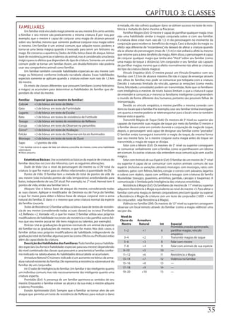 CAPÍTULO 3: CLASSES
                                                                                         à metade, ele não sofrerá qualquer dano se obtiver sucesso no teste de resis-
FAMILIARES                                                                               tência e metade do dano mesmo se fracassar.
      Um familiar está vinculado magicamente ao seu mestre. Em certo sentido,                 Partilhar Magias (Ext): O mestre é capaz de partilhar qualquer magia (mas
o familiar e seu mestre são praticamente a mesma criatura. É por isso, por não uma habilidade similar à magia) conjurada sobre si com seu familiar.
exemplo, que o mestre é capaz de conjurar uma magia de alcance pessoal A criatura deve estar num raio de 1,5 m do personagem no momento da
sobre seu familiar, mesmo que somente pudesse conjurar essa magia sobre conjuração para receber os benefícios da magia. Caso a duração da magia ou
si mesmo. Um familiar é um animal comum, que adquire novos poderes e efeito seja diferente de “instantânea” ela deixará de afetar a criatura quando
                                                                                                                                  ,
torna-se uma besta mágica quando é invocado para servir um feiticeiro ou ela se afastar do personagem (mais de 1,5 m) e não voltará a afetá-la, mesmo
mago. Ele conserva a aparência, Dados de Vida, bônus base de ataque, bônus que retorne para a área de efeito da magia. Além disso, o personagem é capaz
base de resistência, perícias e talentos do animal, mas é considerado uma besta de conjurar qualquer magia que tenha alvo “Você” sobre seu familiar (como
mágica para os efeitos que dependam do tipo de criatura. Somente um animal uma magia de toque à distância). Um conjurador e seu familiar são capazes
comum pode se tornar um familiar. Assim, um druida/feiticeiro não poderia de partilhar magias mesmo que o efeito normalmente não afete as criaturas
usar seu companheiro animal como familiar.                                               do tipo da criatura (besta mágica).
      Um familiar também concede habilidades especiais ao seu mestre (um                      Vínculo Empático (Ext): O mestre possui um Vínculo Empático com seu
mago ou feiticeiro) conforme indicado na tabela abaixo. Essas habilidades familiar com 1,5 km de alcance máximo. Ele não é capaz de enxergar através
especiais somente se aplicam quando a criatura estiver num raio de 1,5 km dos olhos do familiar, mas pode se comunicar por telepatia com a criatura.
do mestre.                                                                               Devido à natureza limitada do vínculo, apenas as emoções (como medo,
      Os níveis de classes diferentes que possuem familiares (como feiticeiros fome, felicidade, curiosidade) podem ser transmitidas. Note que os familiares
e magos) se acumulam para determinar as habilidades do familiar que de- com Inteligência e mestres de níveis baixos limitam o que a criatura é capaz
pendam do nível do mestre.                                                               de entender e comunicar, e mesmo os familiares inteligentes compreendem
                                                                                         o mundo de forma diferente dos humanos, portanto são possíveis falhas de
Familiar        Especial (para ao mestre do familiar)
                                                                                         interpretação.
Cobra♦          +3 de bônus em teste de Blefar                                                Devido ao vínculo empático, o mestre partilha a mesma conexão com
Gato            +3 de bônus em teste de Furtividade                                      itens ou locais que o familiar. Por exemplo, caso seu familiar tenha investigado
Lagarto         +3 de bônus em teste de Escalar                                          um quarto, o mestre poderia se teletransportar para o local como se também
Rato            +3 de bônus em testes de resistência de Fortitude                        tivesse visto o quarto.
Texugo          +3 de bônus em testes de resistência de Reflexos                              Transmitir Magias de Toque (Sob): Os mestres de 3° nível ou superior são
                                                                                         capazes de transmitir suas magias de toque por meio do familiar. O mestre e
Coruja          +3 de bônus em teste de Observar na penumbra
                                                                                         o familiar devem estar em contato durante a conjuração da magia de toque;
Corvo*          +3 de bônus em teste de Avaliação                                        depois, o personagem será capaz de designar seu familiar como “portador”         .
Falcão          +3 de bônus em teste de Observar em locais iluminados                    O familiar então conseguirá transmitir a magia de toque, da mesma forma
Morcego +3 de bônus em teste de teste de Ouvir                                           que seu mestre faria. Se o mestre conjurar outra magia antes do toque ser
Sapo            +3 pontos de vida                                                        transmitido, a magia de toque se dissipa.
                                                                                              Falar com o Mestre (Ext): Os mestres de 5° nível ou superior conseguem
* Um familiar corvo é capaz de falar um idioma, a escolha do mestre, como uma habilidade
sobrenatural.                                                                            se comunicar verbalmente com o familiar, como se partilhassem um idioma
♦ Víbora pequena.                                                                        em comum. As outras criaturas não entendem essa comunicação sem auxílio
                                                                                         mágico.
      Estatísticas Básicas: Use as estatísticas básicas da espécie de criatura do             Falar com Animais de sua Espécie (Ext): O familiar de um mestre de 7° nível
familiar descritas no Livro dos Monstros, com as seguintes alterações:                   ou superior é capaz de se comunicar com outros animais comuns de sua
      Dado de Vida: Use o nível de personagem do mestre ou o DV total da espécie (inclusive as variações atrozes): morcegos com morcegos, ratos com
criatura (o que for maior) para os efeitos relacionados à quantidade de DV.              roedores, gatos com felinos, falcões, corujas e corvos com pássaros, lagartos
      Pontos de Vida: O familiar tem a metade do total de pontos de vida de e cobras com répteis, sapos com anfíbios e texugos com criaturas da família
seu mestre (não incluindo pontos de vida temporários) arredondando para Mustelidae (texugos, guaxinins, arminhos, gambás, carcajús e toupeiras). A
baixo, independente de seu DV atual. Por exemplo, no 2° nível, Hennet tem 9 comunicação é limitada pela Inteligência das criaturas envolvidas.
pontos de vida, então seu familiar terá 4.                                                    Resistência à Magia (Ext): Os familiares de mestres de 11° nível ou superior
      Ataques: Use o bônus base de ataque do mestre, considerando todas adquirem Resistência à Magia equivalente ao nível do mestre +5. Para afetar o
as suas classes. Aplique o modificador de Destreza ou de Força do familiar, familiar com uma magia, os demais conjuradores precisam igualar ou superar
o que for maior, para obter o bônus base de ataque corporal com a arma a Resistência à Magia da criatura com um teste de conjurador (1d20 + nível
natural do familiar. O dano é o mesmo que uma criatura normal da espécie do conjurador; veja Resistência à Magia).
do familiar causaria.                                                                         Vidência no Familiar (SM): Os mestres de 13° nível ou superior conseguem
      Testes de Resistência: O familiar utiliza os bônus base de testes de resistên- observar um local remoto através do familiar (como a magia vidência) uma
cia de seu mestre (considerando todas as suas classes) ou os seus (Fortitude vez por dia.
+2, Reflexos +2, Vontade +0), o que for maior. O familiar utiliza seus próprios
modificadores de habilidade nos testes de resistência e não partilha outros bô-             Nível de
nus que seu mestre possa ter (de itens mágicos ou talentos, por exemplo).                   Classe do     Armadura
      Perícias: Use as graduações de perícias normais de um animal da espécie                Mestre         Natural           Int      Especial
                                                                                                                                       Prontidão, evasão aprimorada,
do familiar ou as graduações do mestre, o que for maior. Nos dois casos, o
                                                                                               1–2            +1                6      partilhar magias, vínculo
familiar utiliza seus próprios modificadores de habilidade. Independente da
                                                                                                                                       empático
graduação total do familiar, algumas perícias (como Ofícios ou Profissão) estão                3–4            +2                7      Transmitir magias de toque
além da capacidade da criatura.
                                                                                               5–6            +3                8      Falar com mestre
      Descrição das Habilidades dos Familiares: Todo familiar possui habilida-
des especiais (ou fornece habilidades especiais para seu mestre) dependendo                    7–8            +4                9      Falar com animais de sua espécie
do nível combinado das classes que possuem a característica Familiar, confor-                 9–10            +5               10      —
me indicado na tabela abaixo. As habilidades dessa tabela se acumulam.                        11–12           +6               11      Resistência à Magia
      Armadura Natural: O número indicado é um aumento no bônus de arma-                      13–14           +7               12      Vidência no familiar
dura natural existente do familiar. Ele representa a resistência sobrenatural do
                                                                                              15–16           +8               13      —
familiar de um conjurador.
      Int: O valor de Inteligência do familiar. Um familiar é tão inteligente quanto          17–18           +9               14      —
um indivíduo comum, mas não necessariamente tão inteligente quanto uma                        19–20          +10               15      —
criatura esperta.
      Prontidão (Ext): A presença de um familiar aprimora os sentidos de seu
mestre. Enquanto o familiar estiver ao alcance da sua mão, o mestre adquire
o talento Prontidão.
      Evasão Aprimorada (Ext): Sempre que o familiar se tornar alvo de um
ataque que permita um teste de resistência de Reflexos para reduzir o dano




                                                                                                                                                                     
 