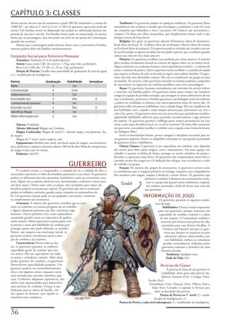 CAPÍTULO 3: CLASSES
obtém	sucesso	em	seu	teste	de	resistência	e	perde	300	XP,	reduzindo-o	a	menos	de	           Tendência: Os	guerreiros	podem	ter	qualquer	tendência.	Os	guerreiros	Bons	
3.000	XP	–	de	volta	ao	2°	nível	(o	Livro do Mestre	apresenta	regras	para	perda	de	     normalmente	são	cavaleiros	cruzados	que	investigam	e	combatem	o	mal.	Os	Leais	
níveis).	Um	familiar	morto	ou	dispensado	não	poderá	ser	substituído	durante	um	        são	campeões	que	defendem	a	terra	e	seu	povo.	Os	Caóticos	são	mercenários	e	
período	de	um	ano	e	um	dia.	Um	familiar	morto	pode	ser	ressuscitado,	da	mesma	         viajantes.	Os	Maus	são	vilões	mesquinhos,	que	simplesmente	tomam	tudo	o	que	
forma	que	os	personagens,	mas	não	perde	um	nível	ou	um	ponto	de	Constituição	          desejam	através	da	força	bruta.
quando	isso	acontece.                                                                       Religião: Em	geral,	os	guerreiros	adoram	Heironeous	(deus	do	heroísmo),	
     Mesmo	que	o	personagem	tenha	diversas	classes	com	a	característica	Familiar,	     Kord	(deus	da	força),	St.	Cuthbert	(deus	da	retribuição),	Hextor	(deus	da	tirania)	
somente	poderá	obter	um	familiar	simultaneamente.                                      ou	Erythnul	(deus	da	matança).	Um	guerreiro	pode	se	intitular	um	cruzado	a	serviço	
                                                                                       de	sua	divindade	ou	apenas	acreditar	em	um	poder	superior	que	o	auxiliará	quando	
Conjunto Inicial para Feiticeiro Humano                                                colocar	sua	vida	em	risco	mais	uma	vez.
     Armadura: Nenhuma	(9	m	de	deslocamento).                                               História: Os	guerreiros	escolhem	essa	profissão	por	vários	motivos.	A	maioria	
     Armas: Lança	curta	(1d6,	dec.x2,6	m,	1,5	kg,	uma	mão,	perfurante).                deles	recebeu	treinamento	formal	no	exército	de	algum	nobre	ou	na	milícia	local.	
     Besta	Leve	(1d8,	dec.	19-20/	x	2,	24	m,	2	kg,	perfurante).                        Alguns	treinaram	em	academias	formais;	outros	aprenderam	sozinhos	–	o	mínimo	de	
     Seleção de Perícias: Escolha	uma	quantidade	de	graduações	de	perícias	igual	      teoria,	o	máximo	de	prática.	Talvez	o	guerreiro	tenha	escolhido	o:	caminho	da	espada	
a	3	+	modificador	de	Inteligência.                                                     para	superar	os	limites	da	vida	na	fazenda	ou	seguir	uma	tradição	familiar.	Os	guer-
                                                                                       reiros	não	têm	uma	identidade	comum.	Eles	não	se	consideram	um	grupo	ou	uma	
Perícia                       Graduação          Habilidade         Armadura           irmandade.	No	entanto,	todos	que	foram	treinados	na	mesma	academia,	companhia	
Blefar                            4                 Car                -               de	mercenários	ou	regimento	de	combate	partilham	uma	certa	camaradagem.
                                                                                            Raças: Os	guerreiros	humanos	normalmente	são	veteranos	do	serviço	militar	
Concentração                      4                Com                 -               e	nasceram	em	famílias	pobres.	Os	guerreiros	anões	quase	sempre	são	membros	
Diplomacia (oc)                   2                 Car                -               antigos	de	equipes	de	patrulha	treinadas,	que	protegem	os	reinos	subterrâneos	de	sua	
Furtividade (oc)                  2                 Des                0               raça.	Geralmente,	pertencem	a	famílias	guerreiras	cuja	linhagem	existe	há	milênios	
Conhecimento (arcano)             4                 Int                -               e	podem	ter	rivalidades	ou	alianças	com	outros	guerreiros	anões	de	outros	clãs.	Os	
Esconder-se (oc)                  2                 Des                0               guerreiros	elfos	são	pessoas	habilidosas	com	a	espada	longa.	Eles	são	orgulhosos	de	
                                                                                       sua	habilidade	com	a	espada	e	estão	sempre	ansiosos	para	demonstrar	sua	arte	e	
Identificar Magia                 4                 Int                -
                                                                                       colocá-la	a	prova.	Os	guerreiros	meio-orcs	são	proscritos	que	aprenderam	sozinhos,	
Obter Informação (oc)             2                 Car                -               adquirindo	habilidade	suficiente	para	acumular	reconhecimento	e	algo	próximo	
                                                                                       do	respeito.	Os	guerreiros	gnomos	e	halflings	quase	sempre	permanecem	em	suas	
     Talento: Vitalidade.                                                              terras,	como	parte	da	milícia	local,	em	vez	de	se	aventurar.	Os	meio-elfos	raramente	
     Talento Adicional: Magias	em	Combate.                                             são	guerreiros,	mas	podem	escolher	o	combate	com	a	espada	como	forma	de	honrar	
     Magias Conhecidas: Magias	de	nível	0	–	detectar	magia,	som	fantasma,	luz,	        sua	linhagem	élfica.
ler	magias.                                                                                 Entre	os	humanóides	brutais,	poucos	atingem	a	disciplina	necessária	para	ser	
     Magias	de	1°	nível:	mísseis	mágicos,	sono.                                        um	guerreiro	legítimo.	Porém,	os	robgoblins	costumam	ter	uma	grande	quantidade	
     Equipamento: Mochila	com	cantil,	um	dia	de	rações	de	viagem,	saco	de	dormir,	     de	guerreiros	fortes	e	habilidosos.
saco,	pederneira	e	isqueiro,	lanterna	coberta,	500	ml	de	óleo.	Bolsa	de	componentes	        Outras Classes: O	guerreiro	é	um	especialista	em	combate,	mas	depende	
de	magia.	Caixa	com	10	virotes.                                                        dos	outros	para	obter	apoio	mágico,	cura	e	rastreamento.	Em	uma	equipe,	seu	
     Dinheiro: 3d4	PO.                                                                 trabalho	é	assumir	as	linhas	de	frente,	proteger	os	outros	membros	do	grupo	e	
                                                                                       derrubar	os	oponentes	mais	fortes.	Os	guerreiros	não	compreendem	muito	bem	o	
                                                                                       caminho	arcano	dos	magos	ou	a	fé	dedicada	dos	clérigos,	mas	reconhecem	o	valor	
                                                  GUERREIRO                            do	trabalho	em	grupo.
                                                                                            Função: Na	maioria	dos	grupos	de	aventureiros,	os	guerreiros	servem	como	
      O	cavaleiro	errante,	o	conquistador,	o	campeão	do	rei,	o	soldado	de	elite,	o	    os	combatentes	que	se	engajam	primeiro	ao	inimigo,	enquanto	seus	companheiros	
mercenário	experiente	e	o	líder	dos	bandidos	pertencem	a	esta	classe.	Os	guerreiros	   lhes	auxiliam	com	magias,	ataques	à	distância	e	outros	efeitos.	Os	guerreiros	que	
podem	ser	defensores	leais	dos	oprimidos,	bandoleiros	cruéis	ou	aventureiros	cora-                                 preferem	o	combate	à	distância	são	extremamente	letais,	
josos.	Alguns	são	as	maiores	almas	da	terra,	determinados	a	enfrentar	a	morte	para	                                 mas	se	o	grupo	não	possuir	outro	combatente	corporal,	
um	bem	maior.	Outros	estão	entre	as	piores,	sem	escrúpulos	para	matar	em	                    Tordek                 eles	acabam	assumindo	a	linha	de	frente	mais	vezes	do	
benefício	próprio	ou	mesmo	por	esporte.	Os	guerreiros	que	não	se	aventuram	                                        que	gostariam.
podem	ser	soldados,	sentinelas,	guarda-costas,	campeões	ou	mantenedores	da	
lei.	Um	guerreiro	viajante	pode	ser	um	gladiador,	mercenário,	criminoso	                                        INFORMAÇÃO DE JOGO
ou	simplesmente	um	aventureiro.                                                                                               Os	guerreiros	possuem	as	seguintes	estatís-
      Aventuras: A	maioria	dos	guerreiros	considera	que	as	aven-                                                           ticas	de	jogo.
turas,	os	combates	e	as	missões	perigosas	são	seu	trabalho	                                                                       Habilidades: A	Força	é	muito	importante	
e	alguns	adquirem	patronos	que	lhes	contratam	regu-                                                                           para	um	guerreiro,	porque	aumenta	sua	
larmente.	Outros	preferem	viver	como	exploradores,	                                                                            capacidade	de	combate	corporal	e	o	dano	
assumindo	grandes	riscos	na	expectativa	de	ganhos	                                                                              de	seus	ataques.	A	Constituição	também	é	
ainda	maiores.	Muitos	guerreiros	se	preocupam	com	                                                                              essencial,	pois	fornece	mais	pontos	de	vida,	
as	pessoas	e	usam	suas	habilidades	de	combate	para	                                                                              necessários	para	suas	diversas	batalhas.	A	
proteger	quem	não	pode	defender-se	sozinho.	                                                                                      Destreza	será	bastante	útil	para	os	guer-
Porém,	não	importa	sua	motivação	inicial,	os	                                                                                      reiros	que	desejam	ser	arqueiros	ou	para	
guerreiros	acabam	vivendo	para	sentir	a	emo-                                                                                        selecionar	talentos	relacionados	com	
ção	do	combate	e	da	aventura.                                                                                                       essa	habilidade,	embora	as	armaduras	
      Características: Dentre	todas	as	clas-                                                                                      pesadas	normalmente	utilizadas	pelos	
ses,	os	guerreiros	possuem	as	melhores	                                                                                          guerreiros	reduzam	o	benefício	de	uma	
capacidades	gerais	de	combate	(por	isso	                                                                                         Destreza	elevada.
seu	nome).	Eles	são	especialistas	em	todas	                                                                                          Tendência: Qualquer	uma.
as	armas	e	armaduras	comuns.	Além	desse	                                                                                             Dado de Vida: d10.
poder	genérico	de	combate,	os	guerreiros	
desenvolvem	especialidades	próprias.	Um	                                                                                       Perícias de Classe
guerreiro	poderia	ser	extraordinariamente	                                                                                         As	perícias	de	classe	de	um	guerreiro	(e	
eficaz	com	algumas	armas,	enquanto	outro	                                                                                      a	habilidade	chave	para	cada	perícia)	são:	
seria	treinado	para	executar	manobras	espe-                                                                                    Adestrar	Animais	(Car),	Cavalgar	(Des),	
ciais.	Conforme	adquirem	experiência,	eles	                                                                        Escalar	(For),
obtêm	mais	oportunidades	para	desenvolver	                                                                          Intimidação	(Car),	Natação	(For),	Ofícios	(Int)	e	
suas	perícias	de	combate.	Graças	à	sua	                                                                               Saltar	(For).	Consulte	o	Capítulo	4:	Perícias	para	
dedicação	para	as	táticas	de	batalha,	eles	                                                                             obter	as	descrições	das	perícias,
são	capazes	de	dominar	com	rapidez	as	                                                                                        Pontos de Perícia no 1° nível: (2	+	modi-
manobras	mais	complexas.                                                                                                ficador	de	Inteligência)	x	4.
                                                                                           Pontos de Perícia a cada nível subseqüente: 2	+	modificador	de	Inteligência.



 