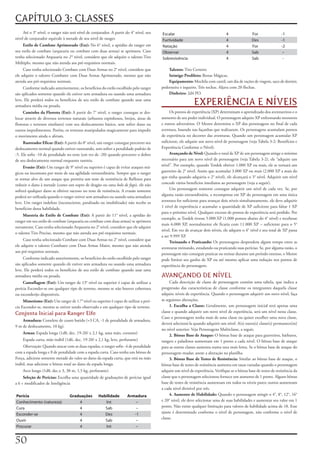 CAPÍTULO 3: CLASSES
     Até	o	3°	nível,	o	ranger	não	terá	nível	de	conjurador.	A	partir	do	4°	nível,	seu	   Escalar                                  4               For                -1
nível	de	conjurador	equivale	à	metade	de	seu	nível	de	ranger.                            Furtividade                              4               Des                -1
     Estilo de Combate Aprimorado (Ext): No	6°	nível,	a	aptidão	do	ranger	em	            Natação                                  4               For                -2
seu	estilo	de	combate	(arquearia	ou	combate	com	duas	armas)	se	aprimora.	Caso	           Observar                                 4               Sab                 –
tenha	selecionado	Arquearia	no	2°	nível,	considere	que	ele	adquire	o	talento	Tiro	       Sobrevivência                            4               Sab                 -
Múltiplo,	mesmo	que	não	atenda	aos	pré-requisitos	normais.
     Caso	tenha	selecionado	Combate	com	Duas	Armas	no	2°	nível,	considere	que	               Talento: Tiro	Certeiro
ele	adquire	o	talento	Combater	com	Duas	Armas	Aprimorado,	mesmo	que	não	                     Inimigo Predileto: Bestas	Mágicas.
atenda	aos	pré-requisitos	normais.                                                           Equipamento: Mochila	com	cantil,	um	dia	de	rações	de	viagem,	saco	de	dormir,	
     Conforme	indicado	anteriormente,	os	benefícios	do	estilo	escolhido	pelo	ranger	     pederneira	e	isqueiro.	Três	tochas.	Aljava	com	20	flechas.
são	aplicados	somente	quando	ele	estiver	sem	armadura	ou	usando	uma	armadura	                Dinheiro: 2d4	PO.
leve.	Ele	perderá	todos	os	benefícios	de	seu	estilo	de	combate	quando	usar	uma	
armadura	média	ou	pesada.                                                                                    EXPERIÊNCIA E NÍVEIS
     Caminho da Floresta (Ext): A	partir	do	7°	nível,	o	ranger	consegue	se	des-               Os	pontos	de	experiência	(XP)	determinam	o	aprendizado	dos	aventureiros	e	o	
locar	através	de	diversos	terrenos	naturais	(arbustos	espinhosos,	brejos,	áreas	de	      aumento	de	seu	poder	individual.	O	personagem	adquire	XP	enfrentando	monstros	
florestas	e	terrenos	similares)	com	seu	deslocamento	básico,	sem	sofrer	dano	ou	         e	outros	adversários.	O	Mestre	determina	o	XP	dos	personagens	no	final	de	cada	
outros	impedimentos.	Porém,	os	terrenos	manipulados	magicamente	para	impedir	            aventura,	baseado	nas	façanhas	que	realizaram.	Os	personagens	acumulam	pontos	
o	movimento	ainda	o	afetam.                                                              de	experiência	no	decorrer	das	aventuras.	Quando	um	personagem	acumular	XP	
     Rastreador Eficaz (Ext): A	partir	do	8°	nível,	um	ranger	consegue	percorrer	seu	    suficiente,	ele	adquire	um	novo	nível	de	personagem	(veja	Tabela	3-2:	Benefícios	e	
deslocamento	normal	quando	estiver	rastreando,	sem	sofrer	a	penalidade	padrão	de	        Experiência	Conforme	o	Nível).
-5.	Ele	sofre	-10	de	penalidade	no	teste	(em	vez	de	-20)	quando	percorrer	o	dobro	            Avançando de Nível: Quando	o	total	de	XP	de	um	personagem	atinge	o	mínimo	
de	seu	deslocamento	normal	enquanto	rastreia.                                            necessário	para	um	novo	nível	de	personagem	(veja	Tabela	3-2),	ele	“adquire	um	
     Evasão (Ext): Um	ranger	de	9°	nível	ou	superior	é	capaz	de	evitar	ataques	má-       nível”.	Por	exemplo,	quando	Tordek	obtiver	1.000	XP	ou	mais,	ele	se	tornará	um	
gicos	ou	incomuns	por	meio	de	sua	agilidade	extraordinária.	Sempre	que	o	ranger	         guerreiro	de	2°	nível.	Assim	que	acumular	3.000	XP	ou	mais	(2.000	XP	a	mais	do	
se	tornar	alvo	de	um	ataque	que	permita	um	teste	de	resistência	de	Reflexos	para	        que	tinha	quando	adquiriu	o	2°	nível),	ele	alcançará	o	3°	nível.	Adquirir	um	nível	
reduzir	o	dano	à	metade	(como	um	sopro	de	dragão	ou	uma	bolo de fogo),	ele	não	          concede	vários	benefícios	imediatos	ao	personagem	(veja	a	seguir).
sofrerá	qualquer	dano	se	obtiver	sucesso	no	teste	de	resistência.	A	evasão	somente	           Um	personagem	somente	consegue	adquirir	um	nível	de	cada	vez.	Se,	por	
poderá	ser	utilizada	quando	o	ranger	estiver	sem	armadura	ou	usando	uma	armadura	        alguma	razão	extraordinária,	a	recompensa	em	XP	do	personagem	em	uma	única	
leve.	Um	ranger	indefeso	(inconsciente,	paralisado	ou	imobilizado)	não	recebe	os	        aventura	for	suficiente	para	avançar	dois	níveis	simultaneamente,	ele	deve	adquirir	
benefícios	dessa	habilidade.                                                             1	nível	de	experiência	e	acumular	a	quantidade	de	XP	suficiente	para	faltar	1	XP	
                                                                                         para	o	próximo	nível.	Qualquer	excesso	de	pontos	de	experiência	será	perdido.	Por	
     Maestria do Estilo de Combate (Ext): A	partir	do	11°	nível,	a	aptidão	do	
                                                                                         exemplo,	se	Tordek	tivesse	5.000	XP	(1.000	pontos	abaixo	do	4°	nível)	e	recebesse	
ranger	em	seu	estilo	de	combate	(arquearia	ou	combate	com	duas	armas)	se	aprimora	
                                                                                         mais	6.000	XP,	normalmente	ele	ficaria	com	11.000	XP	–	suficiente	para	o	5°	
novamente.	Caso	tenha	selecionado	Arquearia	no	2°	nível,	considere	que	ele	adquire	
                                                                                         nível.	Em	vez	de	avançar	dois	níveis,	ele	adquire	o	4°	nível	e	seu	total	de	XP	passa	
o	talento	Tiro	Preciso,	mesmo	que	não	atenda	aos	pré-requisitos	normais.
                                                                                         a	ser	9.999	XP.
     Caso	tenha	selecionado	Combate	com	Duas	Armas	no	2°	nível,	considere	que	
                                                                                              Treinando e Praticando: Os	personagens	despendem	algum	tempo	entre	as	
ele	adquire	o	talento	Combater	com	Duas	Armas	Maior,	mesmo	que	não	atenda	
                                                                                         aventuras	treinando,	estudando	ou	praticando	suas	perícias.	Se,	por	alguma	razão,	o	
aos	pré-requisitos	normais.
                                                                                         personagem	não	conseguir	praticar	ou	treinar	durante	um	período	extenso,	o	Mestre	
     Conforme	indicado	anteriormente,	os	benefícios	do	estilo	escolhido	pelo	ranger	     pode	limitar	seu	ganho	de	XP	ou	até	mesmo	aplicar	uma	redução	nos	pontos	de	
são	aplicados	somente	quando	ele	estiver	sem	armadura	ou	usando	uma	armadura	            experiência	do	personagem.
leve.	Ele	perderá	todos	os	benefícios	de	seu	estilo	de	combate	quando	usar	uma	
armadura	média	ou	pesada.                                                                AVANÇANDO DE NÍVEL
     Camuflagem (Ext): Um	ranger	de	13°	nível	ou	superior	é	capaz	de	utilizar	a	              Cada	descrição	de	classe	de	personagem	contém	uma	tabela,	que	indica	a	
perícia	Esconder-se	em	qualquer	tipo	de	terreno,	mesmo	se	não	houver	cobertura	          progressão	das	características	de	classe	conforme	os	integrantes	daquela	classe	
ou	esconderijo	disponíveis.                                                              adquire	níveis	de	experiência.	Quando	o	personagem	adquirir	um	novo	nível,	faça	
     Mimetismo (Ext): Um	ranger	de	17°	nível	ou	superior	é	capaz	de	utilizar	a	perí-     as	seguintes	alterações.
cia	Esconder-se,	mesmo	se	estiver	sendo	observado	e	em	qualquer	tipo	de	terreno.              1. Escolha a Classe: Geralmente,	um	personagem	inicial	terá	apenas	uma	
Conjunta Inicial para Ranger Elfo                                                        classe	e	quando	adquirir	um	novo	nível	de	experiência,	será	um	nível	nesta	classe.	
                                                                                         Caso	o	personagem	tenha	mais	de	uma	classe	ou	quiser	escolher	uma	nova	classe,	
    Armadura: Corselete	de	couro	batido	(+3	CA,	-1	de	penalidade	de	armadura,	
                                                                                         deverá	selecioná-la	quando	adquirir	um	nível.	A(s)	outra(s)	classe(s)	permanece(m)	
9	m	de	deslocamento,	10	kg).
                                                                                         no	nível	anterior.	Veja	Personagens	Multiclasse,	a	seguir.
    Armas: Espada	longa	(1d8,	dec.	19-20/	x	2,1	kg,	uma	mão,	cortante)
                                                                                              2. Bônus Base de Ataque: O	bônus	base	de	ataque	para	guerreiros,	bárbaros,	
    Espada	curta,	mão	inábil	(1d6,	dec.	19-20/	x	2,1	kg,	leve,	perfurante)               rangers	e	paladinos	aumentam	em	1	ponto	a	cada	nível.	O	bônus	base	de	ataque	
    Observação:	Quando	atacar	com	as	duas	espadas,	o	ranger	sofre	-4	de	penalidade	      para	as	outras	classes	aumenta	numa	taxa	mais	lenta.	Se	o	bônus	base	de	ataque	do	
com	a	espada	longa	e	8	de	penalidade	com	a	espada	curta.	Caso	tenha	um	bônus	de	         personagem	mudar,	anote	a	alteração	na	planilha.
Força,	adicione	somente	metade	do	valor	ao	dano	da	espada	curta,	que	está	na	mão	             3. Bônus Base de Testes de Resistência: Similar	ao	bônus	base	de	ataque,	o	
inábil,	mas	adicione	o	bônus	total	ao	dano	da	espada	longa.                              bônus	base	de	testes	de	resistência	aumenta	em	taxas	variadas	quando	o	personagem	
    Arco	longo	(1d8,	dec.x	3,	30	m,	1,5	kg,	perfurante).                                 adquire	um	nível	de	experiência.	Verifique	se	o	bônus	base	de	testes	de	resistência	da	
     Seleção de Perícias: Escolha	uma	quantidade	de	graduações	de	perícias	igual	        classe	que	o	personagem	selecionou	fornece	um	aumento	de	1	ponto.	Alguns	bônus	
a	6	+	modificador	de	Inteligência                                                        base	de	testes	de	resistência	aumentam	em	todos	os	níveis	pares;	outros	aumentam	
                                                                                         a	cada	nível	divisível	por	três.
Perícia                           Graduações        Habilidade        Armadura                4. Aumento de Habilidade: Quando	o	personagem	atingir	o	4°,	8°,	12°,	16°	
Conhecimento (natureza)               4                Int                –              e	20°	nível,	ele	deve	selecionar	uma	de	suas	habilidades	e	aumentar	seu	valor	em	1	
Cura                                  4                Sab                –              ponto.	Não	existe	qualquer	limitação	para	valores	de	habilidade	acima	de	18.	Esse	
                                                                                         ajuste	é	determinado	conforme	o	nível	de	personagem,	não	conforme	o	nível	de	
Esconder-se                           4                Des               -1
                                                                                         classe.
Ouvir                                 4                Sab                –
Procurar                              4                Int                –


0
 