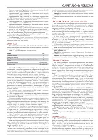 CAPÍTULO 4: PERÍCIAS
     Caso	o	personagem	tenha	5	graduações	em	Conhecimento	(história),	ele	recebe	         não	poderá	executar	uma	nova	tentativa.	Sempre	é	possível	realizar	novas	tentativas	
+2	de	bônus	nos	testes	de	Conhecimento	de	bardo.                                          em	testes	de	primeiros	socorros,	supondo	que	o	alvo	continue	vivo.
     Caso	o	personagem	tenha	5	graduações	em	Conhecimento	(local),	ele	recebe	                 Especial:	Um	personagem	com	o	talento	Auto-Suficiente	recebe	+2	de	bônus	
+2	de	bônus	nos	testes	de	Obter	Informação.                                               nos	testes	de	Cura.
     Caso	o	personagem	tenha	5	graduações	em	Conhecimento	(natureza),	ele	re-                  Um	kit	de	primeiros-socorros	concede	+2	de	bônus	de	circunstância	nos	testes	
cebe	+2	de	bônus	nos	testes	de	Sobrevivência	em	ambientes	da	superfície	(aquático,	       de	Cura.
deserto,	floresta,	colinas,	pântanos,	montanhas	ou	planícies).
     Caso	o	personagem	tenha	5	graduações	em	Conhecimento	(nobreza	e	realeza),	
ele	recebe	+2	de	bônus	nos	testes	de	Diplomacia.
                                                                                          DECIFRAR ESCRITA (int, somente treinaDo)
                                                                                               Essa	perícia	é	utilizada	para	compreender	runas	ancestrais,	inscritas	nas	paredes	
     Caso	o	personagem	tenha	5	graduações	em	Conhecimento	(religião),	ele	recebe	         de	um	antigo	templo,	captar	o	significado	de	uma	carta	interceptada	e	redigida	no	
+2	de	bônus	nos	testes	de	expulsar	mortos-vivos.                                          idioma	Infernal,	seguir	as	orientações	de	um	mapa	de	tesouro	escrito	em	um	alfabeto	
     Caso	o	personagem	tenha	5	graduações	em	Conhecimento	(planos),	ele	recebe	           esquecido	ou	interpretar	os	pictogramas	de	uma	caverna.
+2	de	bônus	nos	testes	de	Sobrevivência	quando	não	estiver	no	Plano	Material.                  Teste:	O	personagem	é	capaz	de	decifrar	a	escrita	de	um	idioma	desconhecido	
     Caso	o	personagem	tenha	5	graduações	em	Conhecimento	(masmorras),	ele	               ou	uma	mensagem	escrita	de	forma	incompleta	ou	arcaica.	A	CD	base	é	20	para	uma	
recebe	+2	de	bônus	nos	testes	de	Sobrevivência	em	ambientes	subterrâneos.                 mensagem	simples,	25	para	textos	normais	e	30	(ou	mais)	para	redações	intrincadas,	
     Caso	o	personagem	tenha	5	graduações	em	Sobrevivência,	ele	recebe	+2	de	             exóticas	ou	muito	antigas.
bônus	nos	testes	de	Conhecimento	(natureza).                                                   Se	obtiver	sucesso	no	teste,	o	personagem	entende	o	conteúdo	geral	de	um	
     Sem	Treinamento:	Um	teste	sem	treinamento	de	Conhecimento	é	simples-                 fragmento	de	uma	página	(ou	equivalente).	Se	fracassar,	o	Mestre	realiza	um	teste	
mente	um	teste	de	Inteligência.	Sem	treinamento,	o	personagem	recorda	apenas	             de	Sabedoria	(CD	5)	em	favor	do	personagem,	para	determinar	se	houve	uma	in-
informações	comuns	(CD	10	ou	inferior).                                                   terpretação	errônea	do	texto	(um	sucesso	significa	que	ele	não	tirou	uma	conclusão	
                                                                                          falsa;	um	fracasso	indica	o	contrário).
CURA (sab)                                                                                     O	Mestre	realiza	os	dois	testes	em	segredo,	portanto	o	jogador	nunca	conseguirá	
    Essa	perícia	é	utilizada	para	salvar	a	vida	de	um	aliado	muito	ferido,	auxiliar	as	   determinar	se	a	interpretação	do	personagem	é	verdadeira	ou	falsa.
pessoas	a	se	recuperarem	mais	rápido,	ajudar	um	amigo	a	sobreviver	ao	veneno	do	               Ação:	Decifrar	o	equivalente	a	uma	página	escrita	exige	1	minuto	(dez	ações	
wyvern	ou	tratar	doenças.                                                                 de	rodada	completa	consecutivas).
    Teste:	A	CD	e	o	efeito	dependem	da	tarefa	executada.                                       Novas	Tentativas:	Não.
                                                                                               Especial:	Um	personagem	com	o	talento	Diligente	recebe	+2	de	bônus	nos	
Tarefa                                                                   CD               testes	de	Decifrar	Escrita.
Primeiros socorros                                                       15                    Sinergia:	Caso	o	personagem	tenha	5	graduações	em	Decifrar	Escrita,	ele	recebe	
Tratamento extenso                                                       15               +2	de	bônus	nos	testes	de	Usar	Instrumento	Mágico	relacionados	a	pergaminhos.
Tratar ferimentos de estrepes, crescer espinhos ou pedras
                                                                          15
afiadas                                                                                   DIPLOMACIA (Car)
Neutralizar venenos                                                CD do veneno                Essa	perícia	é	utilizada	para	convencer	um	guarda	a	permitir	uma	audiência	
Curar doenças                                                      CD da doença           do	grupo	com	o	rei,	negociar	a	paz	entre	tribos	bárbaras	ou	assegurar	que	os	ogros	
                                                                                          magos	que	capturaram	o	personagem	exijam	um	resgate	em	vez	de	desmembrá-lo	
                                                                                          por	diversão.	A	diplomacia	inclui	etiqueta,	boas	maneiras,	tato,	sutileza	e	palavras	
     Primeiros Socorros:	Os	primeiros	socorros	servem	para	salvar	um	personagem	que	
                                                                                          bem	colocadas.	Um	personagem	treinado	conhece	as	regras	formais	e	informais	de	
esteja	morrendo.	Quando	uma	criatura	está	com	seus	pontos	de	vida	negativos,	ela	
                                                                                          conduta,	assunções	sociais,	títulos	corretos	de	tratamento	e	similares.	Essa	perícia	
continuará	a	perdê-los	(à	razão	de	1	por	rodada,	1	por	hora	ou	1	por	dia),	a	menos	
                                                                                          representa	a	habilidade	de	causar	uma	boa	impressão,	negociar	e	influenciar	as	
que	uma	aplicação	da	perícia	Cura	seja	capaz	de	estabilizá-la.	Um	personagem	estável	
                                                                                          pessoas.
não	recupera	pontos	de	vida,	mas	deixa	de	perdê-los	(consulte	Morrendo).
                                                                                               Teste:	O	personagem	é	capaz	de	alterar	a	atitude	das	pessoas	(PdMs)	se	obtiver	
     Tratamento	Extenso:	Um	tratamento	extenso,	de	longo	prazo,	significa	que	
                                                                                          sucesso	no	teste	de	Diplomacia;	consulte	Influenciando	as	Atitudes	dos	PdMs,	a	
a	pessoa	ferida	será	atendida	durante	um	dia	inteiro	ou	mais.	Caso	o	personagem	
                                                                                          seguir,	para	obter	as	Classes	de	Dificuldade	básicas.	O	Livro do Mestre	contém	
obtenha	sucesso	no	teste	de	Cura,	o	alvo	recupera	pontos	de	vida	ou	de	habilidade	
                                                                                          mais	informações	sobre	regras	para	influenciar	PdMs.	Os	personagens	que	esti-
(causado	por	dano	de	habilidade)	duas	vezes	mais	rápido	que	o	normal:	2	pontos	
                                                                                          verem	negociando	realizam	testes	resistidos	de	Diplomacia	e	o	vencedor	adquire	
de	vida	ou	dano	de	habilidade	por	nível	a	cada	8	horas	de	descanso	diários	ou	4	
                                                                                          uma	vantagem.	Os	testes	resistidos	também	resolvem	os	argumentos	quando	dois	
pontos	de	vida	ou	dano	de	habilidade	a	cada	dia	inteiro	de	descanso	completo.	É	
                                                                                          advogados	ou	diplomatas	defendem	opiniões	contrárias	diante	de	uma	audiência	
possível	atender	seis	pacientes	ao	mesmo	tempo.	O	personagem	deve	ter	acesso	a	
                                                                                          ou	júri,	por	exemplo.
alguns	itens	e	suprimentos	(ataduras,	insumos,	etc.),	que	são	facilmente	obtidos	
                                                                                               Ação:	Geralmente,	alterar	a	atitude	de	um	indivíduo	por	meio	da	Diplomacia	
em	regiões	civilizadas.
                                                                                          exige	1	minuto	(dez	ações	de	rodada	completa	consecutivas).	Em	algumas	situações,	
     Um	tratamento	extenso	é	considerado	uma	atividade	leve	para	o	curandeiro.	
                                                                                          esse	tempo	pode	aumentar	bastante.	É	possível	realizar	um	teste	de	Diplomacia	
Não	é	possível	fornecer	esse	atendimento	a	si	mesmo.
                                                                                          apressado	(separar	uma	briga	entre	dois	combatentes	enfurecidos,	por	exemplo)	
     Tratar	Ferimentos	de	Estrepes,	Crescer Espinhos	ou	Pedras	Afiadas:	O	deslocamento	
                                                                                          usando	uma	ação	de	rodada	completa,	mas	isso	acarreta	-10	de	penalidade.
de	uma	criatura	ferida	por	estrepes	é	reduzido	à	metade.	Obter	sucesso	em	um	teste	
                                                                                               Novas	Tentativas:	Opcional,	mas	não	recomendadas,	pois	as	novas	tentativas	
de	Cura	elimina	essa	penalidade.
                                                                                          quase	sempre	fracassam.	Mesmo	com	um	sucesso	inicial	no	teste	de	Diplomacia,	as	
     Uma	criatura	atingida	pelas	magias	crescer	espinhos	ou	pedras	afiadas	deve	obter	
                                                                                          mudanças	nas	atitudes	do	PdM	têm	um	limite	e	persuadi-lo	em	demasia	poderia	
um	sucesso	em	um	teste	de	resistência	de	Reflexos	ou	sofrerá	um	ferimento	que	
                                                                                          arruinar	a	negociação.	Caso	o	teste	inicial	fracasse,	o	PdM	provavelmente	ficará	
reduzirá	seu	deslocamento	em	um	terço.	Outro	personagem	é	capaz	de	eliminar	essa	
                                                                                          ainda	mais	firme	em	sua	opinião	e	uma	nova	tentativa	será	inútil.
penalidade	tratando	dos	ferimentos	da	vítima	durante	10	minutos	e	obtendo	um	
                                                                                               Especial:	Um	meio-elfo	recebe	+2	de	bônus	racial	nos	testes	de	Diplomacia,	
sucesso	no	teste	de	Cura	contra	a	CD	do	teste	de	resistência	da	magia.
                                                                                          graças	ã	sua	habilidade	de	se	relacionar	bem	com	as	pessoas.
     Neutralizar Venenos:	Neutralizar	um	veneno	significa	tratar	de	um	único	perso-
                                                                                               Sinergia:	Caso	o	personagem	tenha	5	graduações	em	Blefar,	Conhecimento	
nagem	envenenado	que	sofrerá	dano	secundário	(ou	qualquer	outro	efeito)	em	função	
                                                                                          (nobreza	e	realeza)	ou	Sentir	Motivação,	ele	recebe	+2	de	bônus	nos	testes	de	
da	toxina.	Sempre	que	a	vítima	realizar	um	teste	de	resistência	contra	o	veneno,	o	
                                                                                          Diplomacia.
curandeiro	também	poderá	realizar	um	teste	de	Cura.	O	personagem	envenenado	
                                                                                               Um	personagem	com	o	talento	Negociador	recebe	+2	de	bônus	nos	testes	de	
será	capaz	de	escolher	entre	esse	resultado	e	o	resultado	do	seu	teste	de	resistência,
                                                                                          Diplomacia.
     Curar Doenças:	Curar	uma	doença	significa	tratar	de	um	único	personagem	
adoecido.	Sempre	que	a	vítima	realizar	um	teste	de	resistência	contra	a	doença,	o	
curandeiro	também	poderá	realizar	um	teste	de	Cura.	O	personagem	doente	será	             DISFARCES (Car)
capaz	de	escolher	entre	esse	resultado	e	o	resultado	do	seu	teste	de	resistência.              Essa	perícia	é	utilizada	para	alterar	a	aparência	do	personagem	ou	de	outra	
     Ação:	Oferecer	primeiros	socorros,	tratar	um	ferimento	ou	neutralizar	venenos	       pessoa.	Ela	exige	alguns	acessórios	indispensáveis,	um	pouco	de	maquiagem	e	tempo.	
requer	uma	ação	padrão.	Curar	doenças	ou	ferimentos	das	magias	crescer espinhos	          O	uso	de	um	kit	de	disfarces	concede	+2	de	bônus	de	circunstância	nos	testes	dessa	
e	pedras	afiadas	exige	10	minutos	de	trabalho.	Um	tratamento	extenso	despende	8	          perícia.	Um	disfarce	é	capaz	de	gerar	uma	mudança	aparente	de	altura	ou	peso,	
horas	de	atividade	leve	por	dia.                                                          embora	limitada	a	10%	dos	valores	originais.
     Novas	Tentativas:	Varia.	Em	geral,	não	é	possível	realizar	novamente	um	teste	de	         O	personagem	também	é	capaz	de	assumir	o	lugar	de	outra	criatura,	sejam	
Cura,	pois	é	difícil	determinar	que	o	primeiro	teste	fracassou.	Por	exemplo,	até	que	     indivíduos	específicos	ou	variedades	de	pessoas.	Por	exemplo,	ele	poderia,	com	um	
um	personagem	envenenado	e	atendido	pelo	curandeiro	realize	um	teste	de	resistência	      pouco	ou	nenhum	disfarce,	fingir	ser	um	viajante,	mesmo	sendo	nativo	da	região.
contra	a	toxina,	ninguém	saberá	se	o	teste	de	Cura	obteve	sucesso	ou	fracassou,	logo	


                                                                                                                                                                         
 