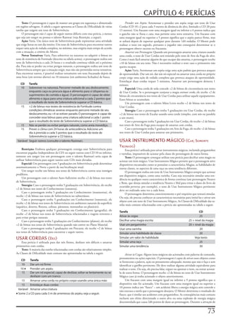 CAPÍTULO 4: PERÍCIAS
     Teste:	O	personagem	é	capaz	de	manter	um	grupo	em	segurança	e	alimentado	                Prender	um	Arpéu:	Arremessar	e	prender	um	arpéu	exige	um	teste	de	Usar	
em	regiões	selvagens.	A	tabela	a	seguir	apresenta	as	Classes	de	Dificuldade	de	várias	   Cordas	(CD	10	+2	para	cada	3	metros	de	distância	do	alvo,	limitado	a	CD	20	para	
tarefas	que	exigem	um	teste	de	Sobrevivência.                                            15	metros).	Um	fracasso	com	uma	margem	igual	ou	inferior	a	4	pontos	indica	que	
     O	personagem	não	é	capaz	de	seguir	rastros	difíceis	com	essa	perícia,	a	menos	      o	gancho	não	se	fixou	e	caiu,	mas	permite	uma	nova	tentativa.	Um	fracasso	com	
que	seja	um	ranger	ou	possua	o	talento	Rastrear	(veja	Restrição,	a	seguir).              uma	margem	igual	ou	superior	a	5	pontos	significa	que	o	arpéu	parece	firme,	mas	
     Ação:	Varia.	Um	único	teste	de	Sobrevivência	pode	representar	uma	atividade	        se	soltará	depois	de	suportar	qualquer	peso	durante	1d4	rodadas.	O	Mestre	pode	
que	exige	horas	ou	um	dia	inteiro.	Um	teste	de	Sobrevivência	para	encontrar	rastros	     realizar	o	teste	em	segredo,	portanto	o	jogador	não	conseguirá	determinar	se	o	
requer	uma	ação	de	rodada	completa,	no	mínimo,	mas	exigiria	mais	tempo	de	acordo	        personagem	obteve	sucesso	ou	fracassou.
com	a	situação,	a	critério	do	Mestre.                                                         Amarrar um Personagem:	Quando	um	personagem	amarrar	uma	criatura	usando	
     Novas	Tentativas:	Varia.	Para	sobreviver	na	natureza	ou	adquirir	o	bônus	no	        uma	corda,	o	teste	de	Usar	Cordas	será	resistido	pelo	teste	de	Arte	da	Fuga	do	alvo.	
teste	de	resistência	de	Fortitude	(descrito	na	tabela	acima),	o	personagem	realiza	um	   Como	é	mais	fácil	amarrar	alguém	do	que	escapar	das	amarras,	o	personagem	recebe	
teste	de	Sobrevivência	a	cada	24	horas	e	o	resultado	continua	válido	até	o	próximo	      +10	de	bônus	em	seu	teste.	Não	é	necessário	realizar	o	teste	caso	o	prisioneiro	não	
dia.	Para	não	se	perder	ou	evitar	perigos	naturais,	o	personagem	realiza	um	teste	de	    queira	escapar.
Sobrevivência	sempre	que	a	situação	exigir,	mas	não	são	permitidas	novas	tentativas.	         Ação:	Varia.	Arremessar	um	arpéu	exige	uma	ação	padrão	que	provoca	ataques	
Para	encontrar	rastros,	é	possível	realizar	novamente	um	teste	fracassado	depois	de	     de	oportunidade.	Dar	um	nó,	dar	um	nó	especial	ou	amarrar	uma	corda	no	próprio	
uma	hora	(em	terreno	aberto)	ou	10	minutos	(em	ambientes	fechados)	de	busca.             corpo	exige	uma	ação	de	rodada	completa	que	provoca	ataques	de	oportunidade.	
                                                                                         Entrelaçar	duas	cordas	requer	5	minutos.	Amarrar	um	personagem	demora	1	
    CD    Tarefa                                                                         minuto.
    10    Sobreviver na natureza. Percorrer metade de seu deslocamento                        Especial:	Uma	corda	de	seda	concede	+2	de	bônus	de	circunstância	nos	testes	
          enquanto caça ou procura água e alimento para si (dispensa os                  de	Usar	Cordas.	Se	o	personagem	conjurar	a	magia	animar	corda,	ele	recebe	+2	de	
          suprimentos de comida e água). O personagem é capaz de obter                   bônus	de	circunstância	nos	testes	de	Usar	Cordas	para	utilizar	aquele	equipamento.	
          alimento e água para uma criatura adicional a cada 2 pontos que                Esses	bônus	se	acumulam.
          o resultado do teste de Sobrevivência superar a CD básica.                          Um	personagem	com	o	talento	Mãos	Leves	recebe	+2	de	bônus	nos	testes	de	
   15     +2 de bônus nos testes de resistência de Fortitude contra                      Usar	Cordas.
          condições climáticas severas enquanto percorre metade de seu                        Sinergia:	Caso	o	personagem	tenha	5	graduações	em	Usar	Cordas,	ele	recebe	
          deslocamento, ou +4 se estiver parado. O personagem é capaz de                 +2	de	bônus	nos	testes	de	Escalar	usando	uma	corda	(simples,	com	nós	ou	paralela	
          conceder esse bônus para uma criatura adicional a cada 1 ponto                 a	um	muro).
          que o resultado do teste de Sobrevivência superar a CD básica.                      Caso	o	personagem	tenha	5	graduações	em	Usar	Cordas,	ele	recebe	+2	de	bônus	
   15     Não se perder ou evitar perigos naturais, como areia movediça.                 nos	testes	de	Arte	da	Fuga	para	escapar	de	amarras	com	cordas.
   15     Prever o clima com 24 horas de antecedência. Adicione um                            Caso	o	personagem	tenha	5	graduações	em	Arte	da	Fuga,	ele	recebe	+2	de	bônus	
          dia à previsão a cada 5 pontos que o resultado do teste de                     nos	testes	de	Usar	Cordas	para	amarrar	um	prisioneiro.
          Sobrevivência superar a CD básica.
 Variável Seguir rastros (consulte o talento Rastrear).                                  USAR INSTRUMENTO MÁGICO (Car; somente
                                                                                         treinaDo)
      Restrição:	Embora	qualquer	personagem	consiga	usar	Sobrevivência	para	                  Essa	perícia	é	utilizada	para	ativar	instrumentos	mágicos,	incluindo	pergaminhos	
encontrar	pegadas	(independente	da	CD)	ou	seguir	rastros	com	CD	10	ou	inferior,	         e	varinhas,	impossíveis	de	acionar	pela	classe	do	personagem	de	outra	forma.
somente	um	ranger	(ou	um	personagem	com	o	talento	Rastrear)	seria	capaz	de	                   Teste:	O	personagem	consegue	utilizar	essa	perícia	para	decifrar	uma	magia	ou	
utilizar	Sobrevivência	para	seguir	rastros	com	CDs	mais	elevadas.                        acionar	um	item	mágico.	Usar	Instrumento	Mágico	permite	que	o	personagem	ative	
      Especial:	Um	personagem	com	5	graduações	em	Sobrevivência	pode	determinar	         dispositivos	encantados	como	se	possuísse	a	característica	Magias,	as	habilidades	de	
automaticamente	o	Norte	a	partir	de	sua	localização	atual.                               outras	classes,	os	aspectos	de	uma	raça	ou	uma	tendência	diferente.
      Um	ranger	recebe	um	bônus	nos	testes	de	Sobrevivência	contra	seus	inimigos	             O	personagem	realiza	um	teste	de	Usar	Instrumento	Mágico	sempre	que	acionar	
prediletos.                                                                              um	dispositivo	mágico,	como	uma	varinha.	Caso	seja	necessário	simular	uma	ten-
      Um	personagem	com	o	talento	Auto-Suficiente	recebe	+2	de	bônus	nos	testes	         dência	ou	qualquer	outra	característica	de	forma	contínua	(um	personagem	Neutro	
de	Sobrevivência.                                                                        e	Bom,	que	deseja	simular	a	tendência	Neutro	e	Mal	para	evitar	o	dano	do	livro	da	
      Sinergia:	Caso	o	personagem	tenha	5	graduações	em	Sobrevivência,	ele	recebe	       escuridão	perversa,	por	exemplo),	o	teste	de	Usar	Instrumento	Mágico	pertinente	
+2	de	bônus	nos	testes	de	Conhecimento	(natureza).
                                                                                         deve	ser	realizado	uma	vez	a	cada	hora.
      Caso	o	personagem	tenha	5	graduações	em	Conhecimento	(masmorras),	ele	
                                                                                              O	personagem	determina	conscientemente	o	pré-requisito	que	tentará	simular.	
recebe	+2	de	bônus	nos	testes	de	Sobrevivência	no	subterrâneo.
                                                                                         Ou	seja,	ele	precisa	conhecer	as	características	necessárias	para	imitá-las	e	ativar	um	
      Caso	o	personagem	tenha	5	graduações	em	Conhecimento	(natureza),	ele	
                                                                                         objeto	com	um	teste	de	Usar	Instrumento	Mágico.	As	Classes	de	Dificuldade	das	ta-
recebe	+2	de	bônus	nos	testes	de	Sobrevivência	em	ambientes	naturais	da	superfície	
                                                                                         refas	mais	comuns	relacionadas	com	a	perícia	são	apresentadas	na	tabela	a	seguir.
(aquático,	deserto,	floresta,	colinas,	pântanos,	montanhas	ou	planícies).
      Caso	o	personagem	tenha	5	graduações	em	Conhecimento	(geografia),	ele	             Tarefa                                                                 CD
recebe	+2	de	bônus	nos	testes	de	Sobrevivência	relacionados	a	viagens	terrestres	e	
para	evitar	perigos	naturais.                                                            Ativar às cegas                                                         25
      Caso	o	personagem	tenha	5	graduações	em	Conhecimento	(planos),	ele	recebe	         Decifrar uma magia escrita                                     25 + nível da magia
+2	de	bônus	nos	testes	de	Sobrevivência	quando	não	estiver	no	Plano	Material.            Usar um pergaminho                                             20 + nível da magia
      Caso	o	personagem	tenha	5	graduações	em	Procurar,	ele	recebe	+2	de	bônus	          Usar uma varinha                                                        20
nos	testes	de	Sobrevivência	para	encontrar	e	seguir	rastros.                             Simular uma habilidade de classe                                        20
USAR CORDAS (Des)                                                                        Simular um valor de habilidade                                      Veja texto
     Essa	perícia	é	utilizada	para	dar	nós	firmes,	desfazer	nós	difíceis	e	amarrar	      Simular uma raça                                                        25
prisioneiros	com	cordas.                                                                 Simular uma tendência                                                   30
     Teste:	A	maioria	das	tarefas	relacionadas	com	cordas	são	relativamente	simples.	
As	Classes	de	Dificuldade	mais	comuns	são	apresentadas	na	tabela	a	seguir.                    Ativar	às	Cegas:	Alguns	itens	mágicos	são	acionados	com	palavras	de	comando,	
                                                                                         pensamentos	ou	ações	especiais.	O	personagem	é	capaz	de	ativar	esses	objetos	como	
   CD      Tarefa
                                                                                         se	fornecesse	a	palavra,	ação	ou	pensamento	adequado,	mesmo	que	não	o	faça	e	sem	
    10     Dar um nó firme                                                               identificar	o	gatilho	pertinente.	Ele	deve	realizar	alguma	atividade	equivalente	para	
   10 ♦    Prender um arpéu                                                              realizar	o	teste.	Ou	seja,	ele	precisa	falar,	erguer	ou	apontar	o	item,	ou	tentar	acioná-
    15     Dar um nó especial, capaz de deslizar, soltar-se lentamente ou se             lo	de	outra	forma.	O	personagem	recebe	+2	de	bônus	no	teste	de	Usar	Instrumento	
           desfazer com um tranco                                                        Mágico	caso	já	tenha	acionado	o	objeto	anteriormente.
    15     Amarrar uma corda no próprio corpo usando uma única mão                            Um	fracasso	com	uma	margem	igual	ou	inferior	a	9	pontos	significa	que	o	
    15     Entrelaçar duas cordas                                                        dispositivo	não	foi	acionado.	Um	fracasso	com	uma	margem	igual	ou	superior	a	
                                                                                         10	pontos	indica	um	“fiasco”	–	um	acidente	libera	a	energia	mágica	sem	controle	e	
  Variável Amarrar uma criatura
                                                                                         não	executa	a	tarefa	que	o	personagem	desejava.	O	Mestre	determina	o	resultado	do	
♦ Some 2 a CD para cada 3 m de arremesso do arpéu; veja a seguir.                        fiasco,	que	é	similar	aos	acidentes	com	pergaminhos.	As	conseqüências	mais	comuns	
                                                                                         incluem	um	efeito	direcionado	a	outro	alvo	ou	uma	explosão	de	energia	mágica	
                                                                                         descontrolada	que	causa	2d6	pontos	de	dano	ao	personagem.	Durante	a	ativação	de	


                                                                                                                                                                          7
 