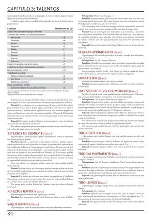 CAPÍTULO 5: TALENTOS
quer	pegada	ficará	obscurecida	ou	será	apagada.	A	criatura	só	deixa	alguns	vestígios	           Pré-requisito:	Bônus	base	de	ataque	+1.
(pequenas	marcas,	pedras	derrubadas).                                                           Benefício:	Seu	personagem	pode	sacar	uma	arma	usando	uma	ação	livre,	em	
     A	tabela	a	seguir	indica	os	modificadores	aplicados	aos	testes	de	Sobrevivência	      vez	de	uma	ação	de	movimento.	Ele	é	capaz	de	sacar	uma	arma	oculta	(veja	a	perícia	
para	Rastrear.                                                                             Prestidigitação)	usando	uma	ação	de	movimento.
                                                                                                Um	personagem	com	este	talento	consegue	utilizar	sua	quantidade	normal	de	
Condição                                                            Modificador de CD      ataques	com	armas	de	arremesso	quando	escolhe	uma	ação	de	ataque	total.
A cada três criaturas no grupo rastreado                                    -1                  Normal:	Para	um	personagem	sem	este	talento	sacar	uma	arma,	é	necessário	
Tamanho da criatura ou criaturas rastreadas1                                               usar	uma	ação	de	movimento.	Caso	seu	bônus	base	de	ataque	seja	+1	ou	superior,	
     Minúscula                                                                +8           ele	conseguirá	prepará-la	como	uma	ação	livre,	inclusa	na	sua	ação	de	movimento	
     Diminuta                                                                 +4           da	rodada.	É	preciso	usar	uma	ação	padrão	para	sacar	uma	arma	escondida	sem	
                                                                                           este	talento.
     Miúda                                                                    +2
                                                                                                Especial:	Um	guerreiro	pode	escolher	Saque	Rápido	como	um	de	seus	talentos	
     Pequena                                                                  +1
                                                                                           adicionais.
     Média                                                                     0
     Grande                                                                    -1          SEPARAR APRIMORADO [geral]
     Enorme                                                                    -2               O	personagem	foi	treinado	para	atacar	as	armas	e	escudos	dos	adversários,	
     Imensa                                                                    -4          entre	outros	objetos.
     Colossal                                                                  -8               Pré-requisitos:	For	13	e	Ataque	Poderoso.
                                                                                                Benefício:	Quando	seu	personagem	atacar	um	objeto	empunhado	carregado	
Cada 24 h desde a criação do rastro                                           +1
                                                                                           por	um	adversário	(como	uma	arma	ou	um	escudo),	ele	não	provoca	um	ataque	de	
Cada hora de chuva subseqüente ao rastro                                      +1
                                                                                           oportunidade	(veja	Separar).
Neve encobrindo rastro                                                        +10               Seu	personagem	também	recebe	+4	de	bônus	em	todas	as	jogadas	de	ataque	
Visibilidade precária2                                                                     contra	objetos	que	seu	adversário	estiver	empunhando	ou	carregando.
     Noite sem lua ou nublada                                                  +6
     Luz da lua                                                                +3          SORRATEIRO [geral]
     Neblina ou chuvisco                                                       +3              Você	tem	um	talento	notável	para	evitar	ser	notado.
Presa escondendo a trilha                                                                      Benefício:	Seu	personagem	recebe	+2	de	bônus	em	todos	os	testes	Esconder-se	
                                                                                           e	Furtividade.
     (percorre metade do seu deslocamento)                                     +5
1
 Para um grupo com indivíduos de tamanho variado, aplique somente o modificador da maior
criatura rastreada.
                                                                                           SUCESSO DECISIVO APRIMORADO [geral]
2
 Aplique somente o maior modificador dessa categoria.                                           Escolha	um	tipo	de	arma,	como	espada	longa	ou	machado	grande.	O	persona-
                                                                                           gem	consegue	desferir	golpes	mais	precisos	com	a	arma	selecionada.
     Caso	fracasse	em	um	teste	de	Sobrevivência,	somente	será	possível	tentar	nova-             Pré-requisitos:	Usar	a	Arma,	bônus	base	de	ataque	+8.
mente	depois	de	1	hora	(em	exteriores)	ou	10	minutos	(para	interiores)	de	busca.                Benefício:	Quando	estiver	usando	a	arma	escolhida,	sua	margem	e	ameaça	será	
     Normal:	Um	personagem	sem	esse	talento	é	capaz	de	usar	a	perícia	Sobrevivência	       dobrada.	Por	exemplo,	a	margem	de	ameaça	da	espada	longa	é	19-20	(dois	números);	
para	encontrar	rastros,	mas	só	poderá	segui-los	em	trilhas	com	CD	10	ou	inferior.	         para	um	personagem	com	o	talento	Sucesso	Decisivo	Aprimorado	(espada	longa),	a	
Alternativamente,	é	possível	utilizar	a	perícia	Procurar	para	encontrar	pegadas	ou	        margem	de	ameaça	da	espada	longa	será	17-20	(quatro	números).
sinais	semelhantes	ao	rastro	de	uma	criatura	usando	as	Classes	de	Dificuldade	                  Especial:	O	personagem	pode	adquirir	Sucesso	Decisivo	Aprimorado	diversas	
indicadas	acima,	mas	é	impossível	usar	essa	perícia	para	seguir	rastros,	mesmo	que	        vezes.	Seus	efeitos	não	se	acumulam.	Sempre	que	escolher	esse	talento,	ele	se	aplica	
sejam	encontrados.                                                                         a	uma	arma	diferente.
     Especial:	Os	rangers	recebem	Rastrear	automaticamente	como	um	talento	                     Esse	talento	não	se	acumula	com	qualquer	outro	efeito	que	aumente	de	margem	
adicional.	Eles	não	precisam	selecioná-lo.                                                 de	ameaça	de	uma	arma	(como	os	efeitos	da	magia	lâmina	afiada).
     Esse	talento	não	permite	que	seu	personagem	encontre	ou	siga	rastros	de	alguém	            Um	guerreiro	pode	escolher	Sucesso	Decisivo	Aprimorado	como	um	de	seus	
sob	o	efeito	da	magia	passos	sem	pegadas.                                                  talentos	adicionais.

REFLEXOS DE COMBATE [geral]                                                                TIRO CERTEIRO [geral]
     O	personagem	é	capaz	de	reagir	rápida	e	repetidamente	contra	os	oponentes	                 O	personagem	sabe	realizar	disparos	com	mais	exatidão	quando	seu	alvo	está	
que	baixam	a	própria	guarda.                                                               mais	próximo.
     Benefício:	Quando	os	oponentes	se	descuidam	e	baixam	a	guarda,	o	perso-                    Benefício:	Seu	personagem	recebe	+1	de	bônus	nas	jogadas	de	ataque	e	dano	
nagem	poderá	realizar	uma	quantidade	de	ataques	de	oportunidade	equivalente	ao	            com	armas	de	ataque	à	distância	contra	alvos	num	raio	de	9	m.
seu	modificador	de	Destreza.	Um	personagem	com	Destreza	15	teria	um	total	de	3	                 Especial:	Um	guerreiro	pode	escolher	Tiro	Certeiro	como	um	de	seus	talentos	
ataques	de	oportunidade	na	mesma	rodada	–	um	ataque	de	oportunidade	normal,	               adicionais.
mais	dois	em	função	de	seu	modificador	de	Destreza	+2.	Caso	quatro	goblins	
atravessem	a	área	ameaçada	pelo	personagem,	ele	conseguiria	desferir	um	ataque	de	         TIRO EM MOVIMENTO [geral]
oportunidade	contra	três	deles.	No	entanto,	somente	é	possível	executar	um	ataque	              O	personagem	é	extremamente	habilidoso	em	técnicas	de	combate	com	armas	
de	oportunidade	em	cada	situação	capaz	de	provocá-los.                                     à	ataque	à	distância.
     Com	esse	talento,	ele	conseguirá	realizar	ataques	de	oportunidade	quando	                  Pré-requisitos:	Des	13,	Esquiva,	Mobilidade,	Tiro	Certeiro,	bônus	base	de	
estiver	surpreso.                                                                          ataque	+4.
     Normal:	Sem	esse	talento,	um	personagem	somente	consegue	realizar	um	ataque	               Benefício:	Quando	seu	personagem	executar	uma	ação	de	ataque	simples	com	
de	oportunidade	a	cada	rodada	e	não	será	capaz	de	desferir	ataques	de	oportunidade	        uma	arma	de	ataque	a	distância,	ele	poderá	se	deslocar	antes	e	depois	do	ataque,	a	
enquanto	estiver	surpreso.                                                                 menos	que	a	distância	total	percorrida	seja	maior	que	seu	deslocamento.
     Especial:	Um	ladino	que	selecione	este	talento	não	poderá	usar	a	habilidade	               Especial:	Um	guerreiro	pode	escolher	Tiro	em	Movimento	como	um	de	seus	
Oportunismo	mais	de	uma	vez	por	rodada.	Um	guerreiro	pode	escolher	Reflexos	               talentos	adicionais.
de	Combate	como	um	de	seus	talentos	adicionais.
     Um	monge	pode	escolher	Reflexos	de	Combate	como	um	talento	adicional	
                                                                                           TIRO LONGO [geral]
                                                                                                O	personagem	consegue	atingir	alvos	a	uma	distância	maior	com	armas	de	
no	2°	nível.
                                                                                           disparo.
REFLEXOS RÁPIDOS [geral]                                                                        Pré-requisito:	Tiro	Certeiro
       O	personagem	tem	reflexos	mais	rápidos	que	o	normal.                                     Beneficio:	Quando	seu	personagem	utilizar	uma	arma	de	disparo,	como	um	
       Benefício:	Seu	personagem	recebe	+2	de	bônus	em	todos	os	testes	de	Refle-           arco,	o	incremento	de	distância	da	arma	aumenta	em	50%	(multiplique	por	1,5).	
xos.                                                                                       Para	as	armas	de	arremesso,	o	incremento	de	distância	é	dobrado.
                                                                                                Especial:	Um	guerreiro	pode	escolher	Tiro	Longo	como	um	de	seus	talentos	
SAQUE RÁPIDO [geral]                                                                       adicionais.
       O	personagem	é	capaz	de	sacar	suas	armas	com	uma	velocidade	estonteante.



 