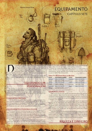 EQUIPAMENTO
                                                                                                                                   CAPÍTULO SETE




N
                  o	mercado	de	uma	grande	cidade,	os	armoreiros	e	armeiros	oferecem	       família	do	personagem,	equipamento	de	patronos	ou	material	conservado	desde	o	
                  uma	grande	variedade	de	armas	e	armaduras	que	o	ouro	pode	com-           serviço	militar,	frutos	de	algum	golpe	e	muitas	outras	possibilidades.
                  prar.	Nesses	locais,	são	encontradas	espadas	práticas	e	resistentes	          Assuma	que	qualquer	personagem	possui	uma	troca	de	roupas	normais,	no	
                  e	talvez	até	algumas	lâminas	élficas	de	qualidade	excepcional.	Os	       mínimo.	Escolha	uma	das	roupas	a	seguir	gratuitamente:	traje	de	artesão,	traje	de	
                  alquimistas	vendem	ácido,	fogo	alquímico	e	bastões	de	fumaça.	           entretenimento,	traje	de	explorador,	traje	de	monge,	traje	de	plebeu,	traje	de	sábio	
Os	magos	(ou	mais	provavelmente,	seus	intermediários)	vendem	seus	pergaminhos	             ou	traje	de	viajante.	(Veja	Indumentária).
com	magias,	varinhas,	armas	encantadas	e	outros	itens.
     Esse	capítulo	descreve	os	objetos	comuns	e	exóticos	que	os	personagens	po-            Tabela 7-1: quanTidade inicial de recursos
deriam	comprar	e	como	consegui-los.	Os	itens	mágicos	são	detalhados	no	Livro               Classe        Quantidade (média)            Classe        Quantidade (média)
do Mestre.                                                                                 Bárbaro       4d4 x 10 (100 PO)             Paladino      6d4 x 10 (150 PO)
                                                                                           Bardo         4d4 x 10 (100 PO)             Ranger        6d4 x 10 (150 PO)

                                       EQUIPANDO UM                                        Clérigo
                                                                                           Druida
                                                                                                         5d4 x 10 (125 PO)
                                                                                                         2d4 x 10 (50 PO)
                                                                                                                                       Ladino
                                                                                                                                       Feiticeiro
                                                                                                                                                     5d4 x 10 (125 PO)
                                                                                                                                                     3d4 x 10 (75 PO)
                                         PERSONAGEM                                        Guerreiro
                                                                                           Monge
                                                                                                         6d4 x 10 (150 PO)
                                                                                                         5d4 (12 PO, 5 PP)
                                                                                                                                       Mago          3d4 x 10 (75 PO)

     Normalmente,	um	personagem	iniciante	possui	riqueza	suficiente	para	comprar	
o	básico:	algumas	armas,	uma	armadura	adequada	para	sua	classe	(se	houver)	e	algum	
equipamento	variado.	Conforme	o	personagem	conclui	aventuras	e	acumula	riquezas,	          DISPONIBILIDADE
ele	poderá	comprar	equipamentos	melhores.	No	entanto,	no	inicio,	as	opções	estão	               Todos	os	itens	descritos	nesse	capítulo	estão	disponíveis	para	os	Pdjs	com	recur-
limitadas	pelos	seus	recursos	iniciais.                                                    sos	para	comprá-los.	Alguns	desses	itens	são	muito	caros	ou	raros.	Os	Pdjs	não	os	
                                                                                           encontrarão	no	balcão	de	uma	loja	de	qualquer	cidade.	No	entanto,	os	aventureiros	
CONJUNTOS INICIAIS                                                                         com	recursos	para	comprar	itens	caros	geralmente	podem	contratar	um	intermediário	
                                                                                           e	conseguir	o	item	desejado.
     Cada	classe	possui	um	conjunto	inicial	que	mostra	o	equipamento	padrão	(bem	
como	as	perícias	e	talentos	comuns,	etc.).	Um	personagem	que	selecione	um	conjunto	             Como	regra	geral,	sempre	que	o	personagem	quiser	adquirir	um	equipamento	
inicial	pode	personalizar	seu	equipamento,	trocando	alguma	coisa	por	outra,	a	critério	    ou	objeto	que	não	esteja	descrito	neste	capítulo,	o	custo	do	item	estará	limitado	a	
do	jogador.	Essas	substituições	são	simples,	a	menos	que	o	valor	do	equipamento	           3.000	PO.	Comprar	um	item	mais	caro,	como	uma	espada	longa	+2,	exige	visitar	
selecionado	seja	maior	que	o	valor	do	equipamento	do	conjunto	inicial.                     uma	grande	cidade,	onde	os	equipamentos	raros	são	vendidos,	realizar	uma	nego-
                                                                                           ciação	especial	com	alguém	que	fabrica	ou	é	capaz	de	obter	o	item	ou	pagar	um	
                                                                                           preço	exorbitante	para	um	mercador,	que	fará	um	esforço	especial	para	conseguir	
EQUIPAMENTOS PERSONALIZADOS                                                                o	que	o	personagem	deseja.
     Se	não	desejar	o	conjunto	inicial	dos	personagens	da	classe,	é	possível	comprar	as	        Dependendo	do	lugar	no	mundo	de	fantasia	em	que	o	personagem	estiver,	pode	
armas,	armaduras	e	equipamentos	variados	individualmente.	O	personagem	começa	             ser	possível	comprar	itens	caros	sem	problemas	ou	ser	ainda	mais	difícil.	Em	uma	
com	uma	quantidade	aleatória	de	peças	de	ouro,	determinada	pela	sua	classe.	Logo,	         pequena	cidade,	por	exemplo,	é	praticamente	impossível	achar	alguém	que	fabrique	
ele	pode	decidir	como	gastar	esses	recursos	(veja	a	Tabela	7-1:	Quantidade	Inicial	de	     uma	armadura	completa.	O	Mestre	determina	os	equipamentos	e	objetos	disponíveis	
Recursos).	O	Mestre	também	pode	definir	quantidades	fixas	de	peças	de	ouro	para	           conforme	o	cenário	e	a	forma	como	ele	controla	o	mundo	de	campanha.
cada	personagem,	conforme	indicado	na	Tabela	7-1.
     Observe	que	comprar	o	equipamento	inicial	desse	modo	é	uma	simplificação.	
O	personagem	não	entra	em	uma	loja	com	todo	o	dinheiro	necessário	e	compra	
item	por	item.	Em	vez	disso,	é	provável	que	esses	equipamentos	sejam	presentes	da	
                                                                                                                  RIQUEZA E DINHEIRO

                                                                                                                                                                         
 