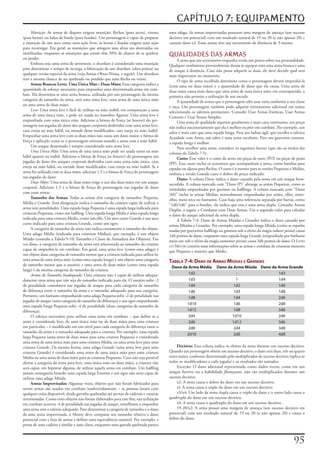 CAPÍTULO 7: EQUIPAMENTO
      Munição:	As	armas	de	disparo	exigem	munição:	flechas	(para	arcos),	virotes	       uma	adaga.	As	armas	improvisadas	possuem	uma	margem	de	ameaça	(um	sucesso	
(para	bestas)	ou	balas	de	funda	(para	fundas).	Um	personagem	é	capaz	de	preparar	       decisivo	em	potencial)	com	um	resultado	natural	de	19	ou	20	(e	não	apenas	20)	e	
a	munição	de	um	arco	como	uma	ação	livre;	as	bestas	e	fundas	exigem	uma	ação	           causam	dano	x2.	Essas	armas	têm	um	incremento	de	distância	de	3	metros.
para	recarregar.	Em	geral,	as	munições	que	atingem	seus	alvos	são	destruídas	ou	
inutilizadas,	enquanto	as	munições	que	erram	têm	50%	de	chance	de	se	quebrar	
ou	perder.
                                                                                        QUALIDADES DAS ARMAS
                                                                                             A	arma	que	um	aventureiro	empunha	revela	um	pouco	sobre	sua	personalidade.	
      Embora	seja	uma	arma	de	arremesso,	o	shuriken	é	considerado	uma	munição	          Qualquer	combatente	provavelmente	deseja	se	equipar	com	uma	arma	branca	e	uma	
para	determinar	o	tempo	de	recarga,	a	fabricação	de	um	shuriken	(obra-prima)	ou	        de	ataque	â	distância.	Caso	não	possa	adquirir	as	duas,	ele	deve	decidir	qual	será	
qualquer	versão	especial	da	arma	(veja	Armas	Obras-Prima,	a	seguir).	Um	shuriken	       mais	importante	no	momento.
tem	a	mesma	chance	de	ser	quebrado	ou	perdido	que	uma	flecha	ou	virote.                      O	tipo	de	arma	escolhida	determina	como	o	personagem	deverá	empunhá-la	
      Armas	Brancas	Leves,	Uma	Única	Mão	e	Duas	Mãos:	Essa	categoria	indica	a	          (com	uma	ou	duas	mãos)	e	a	quantidade	de	dano	que	ela	causa.	Uma	arma	de	
quantidade	de	esforço	necessária	para	empunhar	uma	determinada	arma	em	com-             duas	mãos	causa	mais	dano	que	uma	arma	de	uma	única	mão;	em	contrapartida,	a	
bate.	Ela	determina	se	uma	arma	branca,	utilizada	por	um	personagem	da	mesma	           primeira	não	permite	a	utilização	de	um	escudo.
categoria	de	tamanho	da	arma,	será	uma	arma	leve,	uma	arma	de	uma	única	mão	                 A	quantidade	de	armas	que	o	personagem	sabe	usar	varia	conforme	a	sua	classe	
ou	uma	arma	de	duas	mãos.                                                               e	raça.	Um	personagem	também	pode	adquirir	treinamento	adicional	em	armas	
      Leve:	Uma	arma	leve	é	fácil	de	utilizar	na	mão	inábil,	em	comparação	a	uma	       selecionando	os	talentos	pertinentes.	Consulte	Usar	Armas	Exóticas,	Usar	Armas	
arma	de	uma	única	mão,	e	pode	ser	usada	na	manobra	Agarrar.	Uma	arma	leve	é	            Comuns	e	Usar	Armas	Simples.
empunhada	com	uma	única	mão.	Adicione	o	bônus	de	Força	(se	houver)	do	per-                   Uma	arma	de	qualidade	superior	geralmente	é	mais	cara;	entretanto,	seu	preço	
sonagem	nas	jogadas	de	dano	dos	ataques	corporais	desferidos	com	uma	arma	leve,	        não	indica	necessariamente	que	ela	é	melhor	ou	pior	em	combate.	Por	exemplo,	um	
caso	esteja	na	mão	hábil,	ou	metade	desse	modificador,	caso	esteja	na	mão	inábil.	      sabre	é	mais	caro	que	uma	espada	longa.	Para	um	ladino	ágil,	que	escolha	o	talento	
Empunhar	uma	arma	leve	com	as	duas	mãos	não	causa	um	dano	maior,	o	bônus	de	            Acuidade	com	Arma,	um	sabre	é	uma	arma	excelente.	Para	um	guerreiro	comum,	
Força	é	aplicado	como	se	o	personagem	estivesse	usando	a	arma	com	a	mão	hábil.          a	espada	longa	é	melhor.
      Um	ataque	desarmado	é	sempre	considerado	uma	arma	leve.                                Para	escolher	uma	arma,	considere	os	seguintes	fatores	(que	são	os	títulos	das	
      Uma Única Mão:	Uma	arma	de	uma	única	mão	pode	ser	usada	tanto	na	mão	             colunas	da	Tabela	7-5).
hábil	quanto	na	inábil.	Adicione	o	bônus	de	Força	(se	houver)	do	personagem	nas	             Custo:	Esse	valor	é	o	custo	da	arma	em	peças	de	ouro	(PO)	ou	peças	de	prata	
jogadas	de	dano	dos	ataques	corporais	desferidos	com	uma	arma	mão	única,	caso	          (PP).	Esse	custo	inclui	os	acessórios	que	acompanham	a	arma,	como	bainhas	para	
esteja	na	mão	hábil,	ou	metade	desse	modificador,	caso	esteja	na	mão	inábil.	Se	a	      espadas	ou	aljavas	para	flechas.	O	custo	é	o	mesmo	para	as	versões	Pequenas	e	Médias,	
arma	for	utilizada	com	as	duas	mãos,	adicione	1,5	x	o	bônus	de	Força	do	personagem	     embora	a	versão	Grande	custe	o	dobro	do	preço	indicado.
nas	jogadas	de	dano.                                                                         Dano:	A	coluna	Dano	indica	o	dano	causado	pela	arma	em	um	ataque	bem-
      Duas	Mãos:	Uma	arma	de	duas	mãos	exige	o	uso	das	duas	mãos	em	um	ataque	          sucedido.	A	coluna	marcada	com	“Dano	(P)”	abrange	as	armas	Pequenas,	como	as	
corporal.	Adicione	1,5	x	o	bônus	de	Força	do	personagem	nas	jogadas	de	dano	            variedades	empunhadas	por	gnomos	ou	halflings.	A	coluna	marcada	com	“Dano	
com	essas	armas.                                                                        (M)”	inclui	as	armas	Médias,	normalmente	empunhadas	por	anões,	elfos,	meio-
      Tamanho	das	Armas:	Todas	as	armas	têm	categoria	de	tamanho:	Pequena,	             elfos,	meio-orcs	ou	humanos.	Caso	haja	uma	referencia	separada	por	barras,	como	
Média	e	Grande.	Essa	designação	indica	o	tamanho	da	criatura	capaz	de	utilizar	a	       “1d6/1d6”	para	o	bordão,	ela	indica	que	esta	é	uma	arma	dupla.	Consulte	Armas	
arma	sem	penalidades.	Uma	espada	larga	Pequena	é	uma	espada	larga	indicada	para	        Duplas,	a	seguir,	e	Combater	com	Duas	Armas.	Use	o	segundo	valor	para	calcular	
criaturas	Pequenas,	como	um	halfling.	Uma	espada	longa	Média	é	uma	espada	longa	        o	dano	do	ataque	adicional	da	arma	dupla.
indicada	para	uma	criatura	Média,	como	um	elfo.	Um	arco	curto	Grande	é	um	arco	              A	Tabela	7-4:	Dano	de	Armas	Miúdas	e	Grandes	indica	o	dano	causado	por	
curto	indicado	para	uma	criatura	Grande,	como	um	ogro.                                  armas	Miúdas	e	Grandes.	Por	exemplo,	uma	espada	longa	Miúda	(como	as	espadas	
      A	categoria	de	tamanho	da	arma	não	indica	exatamente	o	tamanho	do	objeto.	        usadas	por	guerreiros	halflings	ou	gnomos	sob	o	efeito	da	magia	reduzir pessoa)	causa	
Uma	adaga	Média	(indicada	para	criaturas	Médias),	por	exemplo,	é	um	objeto	             1d4	pontos	de	dano,	enquanto	uma	espada	larga	Grande	(empunhada	por	bárbaros	
Miúdo	(consulte	a	Tabela	9-10:	Tamanho	e	Classe	de	Armadura	dos	Objetos).	Em	           meio-orc	sob	o	efeito	da	magia	aumentar pessoa)	causa	3d6	pontos	de	dano.	O	Livro
vez	disso,	a	categoria	de	tamanho	da	arma	está	relacionada	ao	tamanho	da	criatura	      do Mestre	contém	mais	informações	sobre	as	armas	e	combate	de	criaturas	menores	
capaz	de	empunhá-la	em	combate.	Em	geral,	uma	arma	leve	(como	uma	adaga)	é	             que	Pequeno	e	maiores	que	Médio.
um	objeto	duas	categorias	de	tamanho	menor	que	a	criatura	indicada	para	utilizá-la;	
uma	arma	de	uma	única	mão	(como	uma	espada	longa)	é	um	objeto	uma	categoria	            Tabela 7-4: dano de arMas Miúdas e grandes
de	tamanho	menor	que	o	usuário;	e	uma	arma	de	duas	mãos	(como	uma	espada	
                                                                                         Dano da Arma Média          Dano da Arma Miúda Dano da Arma Grande
larga)	é	da	mesma	categoria	de	tamanho	da	criatura.
      Armas de Tamanho Inadequado:	Uma	criatura	não	é	capaz	de	utilizar	adequa-                  1d2                          -                 1d3
damente	uma	arma	que	não	seja	do	tamanho	indicado	para	ela.	O	usuário	sofre	-2	                  1d3                          1                 1d4
de	penalidade	cumulativa	nas	jogadas	de	ataque	para	cada	categoria	de	tamanho	                   1d4                         1d2                1d6
de	diferença	entre	o	tamanho	da	arma	e	o	tamanho	adequado	para	sua	categoria.	                   1d6                         1d3                1d8
Portanto,	um	humano	empunhando	uma	adaga	Pequena	sofre	-2	de	penalidade	nas	                     1d8                         1d4                2d6
jogadas	de	ataque	(uma	categoria	de	tamanho	de	diferença)	e	um	ogro	empunhando	
                                                                                                1d10                         1d6                2d8
uma	espada	longa	Pequena	sofre	-4	de	penalidade	(duas	categorias	de	tamanho	de	
diferença).                                                                                     1d12                         1d8                3d6
      O	esforço	necessário	para	utilizar	uma	arma	em	combate	–	que	define	se	a	                  2d4                        1d10                2d6
arma	é	considerada	leve,	de	uma	única	mão	ou	de	duas	mãos	para	uma	criatura	                     2d6                        1d12                3d6
em	particular	–	é	modificado	em	um	nível	para	cada	categoria	de	diferença	entre	o	               2d8                         2d4                3d8
tamanho	da	arma	e	o	tamanho	adequado	para	a	criatura.	Por	exemplo,	uma	espada	
                                                                                                2d10                         2d6                4d8
larga	Pequena	(uma	arma	de	duas	mãos	para	uma	criatura	Pequena)	é	considerada	
uma	arma	de	uma	única	mão	para	uma	criatura	Média,	ou	uma	arma	leve	para	uma	
criatura	Grande.	Da	mesma	forma,	uma	adaga	Grande	(uma	arma	leve	para	uma	                   Decisivo:	Essa	coluna	indica	os	efeitos	da	arma	durante	um	sucesso	decisivo.	
criatura	Grande)	é	considerada	uma	arma	de	uma	única	mão	para	uma	criatura	             Quando	um	personagem	obtém	um	sucesso	decisivo,	o	dano	será	duas,	três	ou	quatro	
Média	ou	uma	arma	de	duas	mãos	para	as	criaturas	Pequenas.	Caso	não	seja	possível	      vezes	maior,	conforme	determinado	pelo	multiplicador	de	sucesso	decisivo	(aplica-se	
alterar	a	categoria	da	arma	para	leve,	uma	única	mão	ou	duas	mãos,	a	criatura	não	      todos	os	modificadores	a	cada	jogada)	e	os	resultados	são	somados.
será	capaz,	em	hipótese	alguma,	de	utilizar	aquela	arma	em	combate.	Um	halfling	             Exceção:	O	dano	adicional	representado	como	dados	extras,	como	em	um	
jamais	conseguiria	brandir	uma	espada	larga	Enorme	e	um	ogro	não	seria	capaz	de	        ataque	furtivo	ou	a	habilidade	flamejante,	não	são	multiplicados	durante	um	
utilizar	uma	adaga	Miúda.                                                               sucesso	decisivo.
      Armas	Improvisadas:	Algumas	vezes,	objetos	que	não	foram	fabricados	para	              x2:	A	arma	causa	o	dobro	do	dano	em	um	sucesso	decisivo.
serem	armas	são	usados	em	combate	inadvertidamente	–	as	pessoas	lutam	com	                   x):	A	arma	causa	o	triplo	do	dano	em	um	sucesso	decisivo.
qualquer	coisa	disponível,	desde	garrafas	quebradas	até	pernas	de	cadeiras	e	canecas	        x3/x4:	Um	lado	da	arma	dupla	causa	o	triplo	do	dano	e	o	outro	lado	causa	o	
arremessadas.	Como	esses	objetos	não	foram	elaborados	para	esse	fim,	sua	utilização	    quádruplo	do	dano	em	um	sucesso	decisivo.
em	combate	acarreta	-4	de	penalidade	nas	jogadas	de	ataque,	semelhante	a	empunhar	           x4:	A	arma	causa	o	quádruplo	do	dano	em	um	sucesso	decisivo.
uma	arma	sem	o	talento	adequado.	Para	determinar	a	categoria	de	tamanho	e	o	dano	            19-20/x2:	A	arma	possui	uma	margem	de	ameaça	(um	sucesso	decisivo	em	
de	uma	arma	improvisada,	o	Mestre	deve	comparar	seu	tamanho	relativo	e	dano	            potencial)	com	um	resultado	natural	de	19	ou	20	(e	não	apenas	20)	e	causa	o	
potencial	com	a	lista	de	armas	e	definir	uma	equivalência	razoável.	Por	exemplo,	a	     dobro	do	dano.
perna	de	uma	cadeira	é	similar	a	uma	clava,	enquanto	uma	garrafa	quebrada	parece	



                                                                                                                                                                      
 