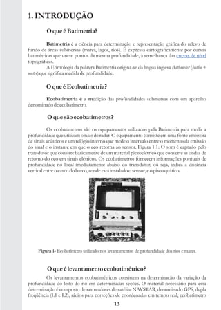 1. INTRODUÇÃO
         O que é Batimetria?

          Batimetria é a ciência para determinação e representação gráfica do relevo de
fundo de áreas submersas (mares, lagos, rios). É expressa cartograficamente por curvas
batimétricas que unem pontos da mesma profundidade, à semelhança das curvas de nível
topográficas.
          A Etimologia da palavra Batimetria origina-se da língua inglesa Bathmeter (batho +
meter) que significa medida de profundidade.

         O que é Ecobatimetria?
       Ecobatimetria é a medição das profundidades submersas com um aparelho
denominado de ecobatímetro.

         O que são ecobatímetros?
          Os ecobatímetros são os equipamentos utilizados pela Batimetria para medir a
profundidade que utilizam ondas de radar. O equipamento consiste em uma fonte emissora
de sinais acústicos e um relógio interno que mede o intervalo entre o momento da emissão
do sinal e o instante em que o eco retorna ao sensor, Figura 1.1. O som é captado pelo
transdutor que consiste basicamente de um material piezoelétrico que converte as ondas de
retorno do eco em sinais elétricos. Os ecobatimetros fornecem informações pontuais de
profundidade no local imediatamente abaixo do transdutor, ou seja, indica a distância
vertical entre o casco do barco, aonde está instalado o sensor, e o piso aquático.




     Figura 1- Ecobatímetro utilizado nos levantamentos de profundidade dos rios e mares.


         O que é levantamento ecobatimétrico?
         Os levantamentos ecobatimétricos consistem na determinação da variação da
profundidade do leito do rio em determinadas seções. O material necessário para essa
determinação é composto de rastreadores de satélite NAVSTAR, denominado GPS, dupla
freqüência (L1 e L2), rádios para correções de coordenadas em tempo real, ecobatímetro
                                             13
 