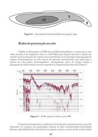 Figura 8 - Zoneamento de profundidade de pequeno lago.



         Radar de penetração no solo

         O Radar de Penetração ou GPR (Ground Penetrating Radar) é a técnica de se usar
ondas de rádio, com freqüências entre 1 e 1.000 MHz, para mapear estruturas e feições em
subsolo ou em construções de concreto. Esse método base-se nos princípios de propagação de
campos eletromagnéticos no solo, através de antena(s) transmissora(s) que emite para o
interior do solo, pulsos eletromagnéticos. Analogamente, parte da energia emitida à
propagação de ondas sísmicas, retorna à superfície ao atingir o ponto observado, Figura 9.




                       Figura 9 - Perfil a partir de dados com GPR.


         O campo eletromagnético se espalha ou é atenuado pelos materiais naturais a que está
submetido. As variações nas propriedades elétricas do meio (condutividade/resistividade)
limitam a aplicabilidade desse método de investigação, em que,.os meios de alta condutividade

                                             19
 
