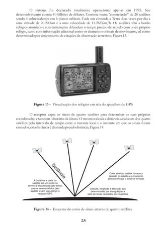 O sistema foi declarado totalmente operacional apenas em 1995. Seu
desenvolvimento custou 10 bilhões de dólares. Consiste numa "constelação" de 28 satélites
sendo 4 sobressalentes em 6 planos orbitais. Cada um circunda a Terra duas vezes por dia a
uma altitude de 20.200km e a uma velocidade de 11.265Km/h. Os satélites têm a bordo
relógios atomicos e constantemente difundem o tempo preciso de acordo com o seu próprio
relógio, junto com informação adicional como os elementos orbitais de movimento, tal como
determinado por um conjunto de estações de observação terrestres, Figura 13.




             Figura 13 - Visualização dos relógios em tela do aparelhos de GPS

          O receptor capta os sinais de quatro satélites para determinar as suas próprias
coordenadas, e tambem o horário da leitura. O mesmo calcula a distância a cada um dos quatro
satélites pelo intervalo de tempo entre o instante local e o instante em que os sinais foram
enviados, esta distância é chamada pseudodistância, Figura 14.
                            Di
                               st
                                 ân




                                                                       Cada sinal do satélite fornece a
                                    cia




                                                                       posição do satélite e o momento
                                                                      preciso em que o sinal foi enviado
              A distância a partir do
             satélite até um ponto no
        terreno é encontrada pelo tempo
           que os sinais emitidos pelo              Latitude, longitude e elevação são
           satélite levam para atingir o             determinadas por triangulação a
                   receptor GPS                   parti de sinais recebidos de 4 satélites




             Figura 14 - Esquema do envio de sinais através de quatro satélites.


                                             25
 