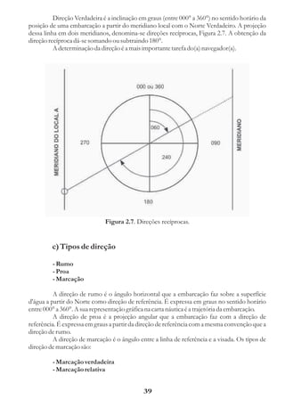 Direção Verdadeira é a inclinação em graus (entre 000° a 360°) no sentido horário da
posição de uma embarcação a partir do meridiano local com o Norte Verdadeiro. A projeção
dessa linha em dois meridianos, denomina-se direções recíprocas, Figura 2.7. A obtenção da
direção recíproca dá-se somando ou subtraindo 180°.
          A determinação da direção é a mais importante tarefa do(a) navegador(a).




                              Figura 2.7. Direções recíprocas.


         c) Tipos de direção

         - Rumo
         - Proa
         - Marcação

          A direção de rumo é o ângulo horizontal que a embarcação faz sobre a superfície
d'água a partir do Norte como direção de referência. É expressa em graus no sentido horário
entre 000° a 360°. A sua representação gráfica na carta náutica é a trajetória da embarcação.
          A direção de proa é a projeção angular que a embarcação faz com a direção de
referência. É expressa em graus a partir da direção de referência com a mesma convenção que a
direção de rumo.
          A direção de marcação é o ângulo entre a linha de referência e a visada. Os tipos de
direção de marcação são:

         - Marcação verdadeira
         - Marcação relativa


                                             39
 