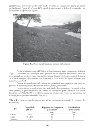 ecobatimetria. Este ponto pode estar fixado próximo ao sangradouro (parte de maior
profundidade) Figura 4.1. Com o GPS móvel determinam-se as linhas de navegação e as
coordenadas dos pontos de registro.




                  Figura 4.1. Ponto de referência na margem da barragem.


         Preferencialmente, com o GPS deve-se fazer leitura no limite entre o solo e a lâmina
d'água. Comumente, essa condição não é possível devido algumas dificuldades, então se
recorrem a alguns artifícios, como o de registrar leituras de dentro do barco a partir da distância
de 10m da margem, ajustando-se essa discrepância com auxílio de algum software, por
exemplo, o AutoCad.
         Deve-se atentar durante o levantamento para obstáculos: vegetação das margens,
presença de plantas aquáticas, afloramento rochoso, cercas, entre outras.
         Existem vários procedimentos para a definição do espaçamento (tempo de coleta
entre pontos) e posicionamento das linhas de navegação, para obtenção dos dados
batimétricos. CARVALHO et al. (2000) sugere um modelo em função da capacidade de
acumulação de água do reservatório, Tabela 4.1.

Tabela 4.1. Espaçamento dos pontos para leitura batimétrica, em função do tamanho do
reservatório.

                    Capacidade             Espaçamento dos pontos            Freqüência de
    Tipo
                     (106 m3)                   para leitura                 levantamento
                                                   (m)                           (ano)
 Grande                > 100                       200                             10
 Médio                10 a 100                      50                             5
 Pequeno               < 10                         20                             2

                                               70
 