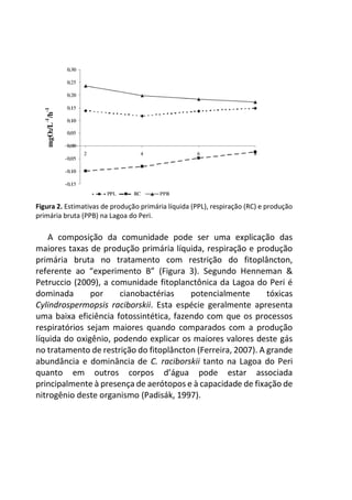 Figura 2. Estimativas de produção primária líquida (PPL), respiração (RC) e produção
primária bruta (PPB) na Lagoa do Peri.
A composição da comunidade pode ser uma explicação das
maiores taxas de produção primária líquida, respiração e produção
primária bruta no tratamento com restrição do fitoplâncton,
referente ao “experimento B” (Figura 3). Segundo Henneman &
Petruccio (2009), a comunidade fitoplanctônica da Lagoa do Peri é
dominada por cianobactérias potencialmente tóxicas
Cylindrospermopsis raciborskii. Esta espécie geralmente apresenta
uma baixa eficiência fotossintética, fazendo com que os processos
respiratórios sejam maiores quando comparados com a produção
líquida do oxigênio, podendo explicar os maiores valores deste gás
no tratamento de restrição do fitoplâncton (Ferreira, 2007). A grande
abundância e dominância de C. raciborskii tanto na Lagoa do Peri
quanto em outros corpos d’água pode estar associada
principalmente à presença de aerótopos e à capacidade de fixação de
nitrogênio deste organismo (Padisák, 1997).
 