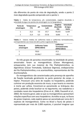 Ecologia de Campo: Ecossistemas Terrestres, de Águas Continentais e Marinhos
PPG Ecologia UFSC 2012
125
são diferentes do ponto de vista de degradação, sendo o ponto 2
mais degradado quando comparado com o ponto 1.
Tabela 1 - Dados de temperatura, pH, condutividade, oxigênio dissolvido e
velocidade da água nos pontos de amostragem no rio Sangradouro.
Ponto de
amostragem
Temperatura
(°C)
pH
Condutividade
( µS)
Oxigênio
dissolvido
(%)
Velocidade
da água
(m/s)
1 21,5 7,0 67,7 95,633 0,104
2 21,4 6,3 217,8 8,666 0
Tabela 2 - Valores médios de coliformes totais e coliformes termotolerantes,
correspondentes aos meses de abril, junho e agosto de 2012.
Ponto de
amostragem
Coliformes Totais
(NPM/100ml)
Coliformes
Termotolerantes
(NPM/100ml)
1 720,0 37,5
2 10.206,7 1303,2
Os três grupos de parasitos encontrados na totalidade de peixes
amostrados foram os monogenéticos (Classe Monogenea),
ectoparasitos (em sua maioria) do Filo Plathyhelminthes; os
digenéticos (Classe Trematoda, Subclasse Digenea), endoparasitos
do Filo Plathyhelminthes; e os acantocéfalos, representantes do Filo
Acantocephala.
Os monogenéticos são caracterizados pela presença de aparelho
de fixação localizado geralmente na parte posterior do corpo, o
háptor. Provocam uma série de reações no hospedeiro, podendo
culminar em produção excessiva de muco, o que levaria os mesmos
à morte por asfixia. Encontram-se parasitando as brânquias dos
peixes, podendo ainda localizar-se no tegumento, nas nadadeiras e
cavidades nasais dos hospedeiros (Eiras et al., 2006; Pavanelli et al.,
2002). De maneira geral, sabe-se que os monogenéticos apresentam
relações específicas com seus hospedeiros. Acredita-se que, na fauna
de peixes tropicais, cada espécie possa ser parasitada por cerca de 5
espécies de monogenéticos. Como no Brasil a fauna de peixes é
representada por mais de 2.000 espécies, é possível imaginar que
 