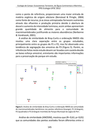 Ecologia de Campo: Ecossistemas Terrestres, de Águas Continentais e Marinhos
PPG Ecologia UFSC 2012
145
como o ponto de referência, proporcionam uma maior entrada de
matéria orgânica de origem alóctone (Benstead & Pringle, 2004)
como fonte de recurso, já as áreas antropizadas fornecem nutrientes
através dos efluentes e produção primária devido à abertura de
dossel e aumento da intensidade luminosa, assim ambas apresentam
grande quantidade de alimento para a comunidade de
macroinvertebrados justificando as maiores abundâncias (Nerbonne
& Vondracek, 2001).
A análise de similaridade de Bray-Curtis e ordenação NMDS não
revelou uma clara separação entre os grupos estudados,
principalmente entre os grupos do P1 e P2, mas foi observada uma
tendência de segregação das amostras do P3 (Figura 5). Porém, as
inferências feitas neste estudo devem ser levadas com cautela devido
ao baixo esforço amostral, entretanto são importantes informações
para a preservação do parque em estudo.
Figura 5. Analise de similaridade de Bray-Curtis e ordenação NMDS da comunidade
de macroinvertebrados bentônicos nos pontos referência (losango), P1 (triângulo),
P2 (quadrado) e P3 (triângulo invertido) do Parque Municipal da Lagoa do Peri.
Análise de similaridade (ANOSIM), mostrou que (R= 0,61; p= 0,01)
que as comunidades dos pontos avaliados foram diferentes entre si
 
