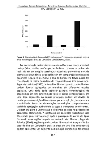 Ecologia de Campo: Ecossistemas Terrestres, de Águas Continentais e Marinhos
PPG Ecologia UFSC 2012
157
Figura 4. Abundância de Copepoda (Nº indivíduos/m3) nos pontos amostrais entre a
praia da Armação e a Ilha do Campeche, Santa Catarina, Brasil.
Foi encontrada maior biomassa e abundância no ponto amostral
mais próximo da Ilha do Campeche. Embora o transecto tenha sido
realizado em uma região costeira, caracterizada por valores altos de
biomassa e abundância de zooplâncton em comparação com regiões
oceânicas (Lopes et al., 2006), a Ilha do Campeche talvez possa ter
contribuído na maior densidade de zooplâncton na área amostrada.
Segundo Levinton (1995) tanto o fitoplâncton quanto o zooplâncton
podem formar agregados ou manchas em diferentes escalas
espaciais. Uma rede pode capturar grandes concentrações de
organismos em um determinado local e baixas concentrações em
uma área adjacente. As causas principais podem ser devido às
mudanças nas condições físicas como, por exemplo, luz, temperatura
e salinidade, áreas de alimentação, reprodução, comportamento
social de agregação, turbulência da água e transporte de correntes.
O autor cita para o último caso a influência de ilhas no processo de
agregação planctônica. A obstrução de correntes superficiais por
ilhas pode gerar vórtices logo após a passagem do corpo de água
formando uma região propícia ao acúmulo de plâncton. Segundo
Palacios (2002), regiões que circundam ilhas oceânicas (que não é o
caso da Ilha do Campeche, pois se trata de uma ilha continental)
podem apresentar um aumento da biomassa planctônica, fenômeno
0
100
200
300
400
500
600
1 2 3 4
Nºindivíduos/m3
Pontos amostrais
 