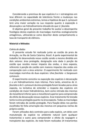 Considerando a premissa de que espécies k e r estrategistas em
tese diferem na capacidade de tolerância frente a mudanças nas
condições ambientais extremas, temos a hipótese de que S. cymosum
terá uma maior variação na sua resposta quanto à exposição à
dessecação e ao hidrodinamismo elevado do que U. fasciata.
O objetivo geral do presente trabalho foi avaliar o desempenho
fisiológico destas espécies de macroalgas marinhas ecologicamente
antagônicas, utilizando-se como descritor deste comportamento a
taxa de transporte de elétrons.
Material e Métodos
Coleta de dados
O presente estudo foi realizado junto ao costão da praia da
Armação, na ilha de Santa Catarina, Brasil. A parte experimental do
trabalho foi desenvolvida nesse costão sendo o mesmo dividido em
dois setores: área protegida, designação esta dada à porção do
costão que recebia menor impacto das ondas, e área exposta,
referente à porção do costão com maiores impactos das ondas em
comparação com a área anterior. O experimento foi realizado com
macroalgas marinhas de duas espécies: Ulva fascilata e Sargassum
cymosum.
O experimento consistia na exposição das espécies à dessecação
e a um hidrodinamismo mais intenso. Para tanto, amostras de U.
fasciata e de S. cymosum da área protegida foram levadas para a área
exposta, na tentativa de entender a resposta das espécies em
condições de maior hidrodinâmica, bem como retirada das mesmas
do mesolitoral inferior para o mesolitoral superior para compreensão
do efeito da dessecação nessas espécies. Esse tratamento foi testado
tanto na área protegida quanto na área exposta. Todas as macroalgas
foram retiradas do costão protegido. Para fixação delas nos pontos
escolhidos foi feita amarração das mesmas em pequenas rochas do
próprio costão.
Foram utilizados dois controles para cada espécie, um deles com
manutenção da espécie no ambiente natural (sem qualquer
tratamento) e outro para compreender o efeito da raspagem e
transplante das espécies. Ao todo foram realizados 14 tratamentos
 