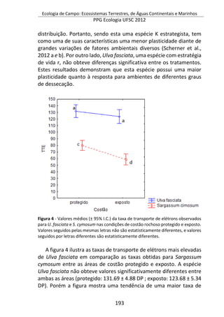 Ecologia de Campo: Ecossistemas Terrestres, de Águas Continentais e Marinhos
PPG Ecologia UFSC 2012
193
distribuição. Portanto, sendo esta uma espécie K estrategista, tem
como uma de suas características uma menor plasticidade diante de
grandes variações de fatores ambientais diversos (Scherner et al.,
2012 a e b). Por outro lado, Ulva fasciata, uma espécie com estratégia
de vida r, não obteve diferenças significativa entre os tratamentos.
Estes resultados demonstram que esta espécie possui uma maior
plasticidade quanto à resposta para ambientes de diferentes graus
de dessecação.
Figura 4 - Valores médios (± 95% I.C.) da taxa de transporte de elétrons observados
para U. fasciata e S. cymosum nas condições de costão rochoso protegido e exposto.
Valores seguidos pelas mesmas letras não são estatisticamente diferentes, e valores
seguidos por letras diferentes são estatisticamente diferentes.
A figura 4 ilustra as taxas de transporte de elétrons mais elevadas
de Ulva fasciata em comparação as taxas obtidas para Sargassum
cymosum entre as áreas de costão protegido e exposto. A espécie
Ulva fasciata não obteve valores significativamente diferentes entre
ambas as áreas (protegido: 131.69 ± 4.88 DP ; exposto: 123.68 ± 5.34
DP). Porém a figura mostra uma tendência de uma maior taxa de
 