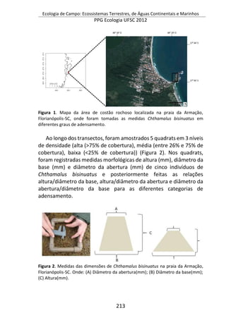 Ecologia de Campo: Ecossistemas Terrestres, de Águas Continentais e Marinhos
PPG Ecologia UFSC 2012
213
Figura 1. Mapa da área de costão rochoso localizada na praia da Armação,
Florianópolis-SC, onde foram tomadas as medidas Chthamalus bisinuatus em
diferentes graus de adensamento.
Ao longo dos transectos, foram amostrados 5 quadrats em 3 níveis
de densidade (alta (>75% de cobertura), média (entre 26% e 75% de
cobertura), baixa (<25% de cobertura)) (Figura 2). Nos quadrats,
foram registradas medidas morfológicas de altura (mm), diâmetro da
base (mm) e diâmetro da abertura (mm) de cinco indivíduos de
Chthamalus bisinuatus e posteriormente feitas as relações
altura/diâmetro da base, altura/diâmetro da abertura e diâmetro da
abertura/diâmetro da base para as diferentes categorias de
adensamento.
Figura 2. Medidas das dimensões de Chthamalus bisinuatus na praia da Armação,
Florianópolis-SC. Onde: (A) Diâmetro da abertura(mm); (B) Diâmetro da base(mm);
(C) Altura(mm).
 