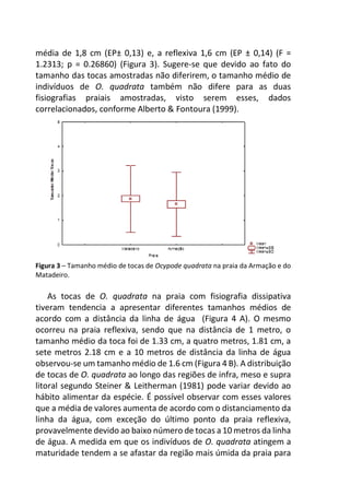 média de 1,8 cm (EP± 0,13) e, a reflexiva 1,6 cm (EP ± 0,14) (F =
1.2313; p = 0.26860) (Figura 3). Sugere-se que devido ao fato do
tamanho das tocas amostradas não diferirem, o tamanho médio de
indivíduos de O. quadrata também não difere para as duas
fisiografias praiais amostradas, visto serem esses, dados
correlacionados, conforme Alberto & Fontoura (1999).
Figura 3 – Tamanho médio de tocas de Ocypode quadrata na praia da Armação e do
Matadeiro.
As tocas de O. quadrata na praia com fisiografia dissipativa
tiveram tendencia a apresentar diferentes tamanhos médios de
acordo com a distância da linha de água (Figura 4 A). O mesmo
ocorreu na praia reflexiva, sendo que na distância de 1 metro, o
tamanho médio da toca foi de 1.33 cm, a quatro metros, 1.81 cm, a
sete metros 2.18 cm e a 10 metros de distância da linha de água
observou-se um tamanho médio de 1.6 cm (Figura 4 B). A distribuição
de tocas de O. quadrata ao longo das regiões de infra, meso e supra
litoral segundo Steiner & Leitherman (1981) pode variar devido ao
hábito alimentar da espécie. É possível observar com esses valores
que a média de valores aumenta de acordo com o distanciamento da
linha da água, com exceção do último ponto da praia reflexiva,
provavelmente devido ao baixo número de tocas a 10 metros da linha
de água. A medida em que os indivíduos de O. quadrata atingem a
maturidade tendem a se afastar da região mais úmida da praia para
 