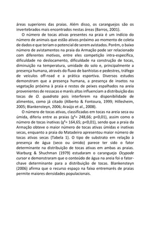 áreas superiores das praias. Além disso, os caranguejos são os
invertebrados mais encontrados nestas áreas (Barros, 2001).
O número de tocas ativas presentes na praia é um indício do
número de animais que estão ativos próximo ao momento de coleta
de dados e que teriam o potencial de serem avistados. Porém, o baixo
número de avistamentos na praia da Armação pode ser relacionado
com diferentes motivos, entre eles competição intra-específica,
dificuldade no deslocamento, dificuldade na construção de tocas,
diminuição na temperatura, umidade do solo e, principalmente a
presença humana, através do fluxo de banhistas e pedestres, tráfego
de veículos off-road e a prática esportiva. Diversos estudos
demonstram que a presença humana, a presença de insetos na
vegetação próxima à praia e restos de peixes espalhados na areia
provenientes de ressacas e marés altas influenciam a distribuição das
tocas de O. quadrata pois interferem na disponibilidade de
alimentos, como já citado (Alberto & Fontoura, 1999; Hillesheim,
2005; Blankensteyn, 2006; Araújo et al., 2008).
O número de tocas ativas, classificadas em tocas na areia seca ou
úmida, diferiu entre as praias (χ²= 248,66; p<0,01), assim como o
número de tocas inativas (χ²= 164,65; p<0,01), sendo que a praia da
Armação obteve o maior número de tocas ativas úmidas e inativas
secas, enquanto a praia do Matadeiro apresentou maior número de
tocas ativas secas (Tabela 1). O tipo de substrato em relação à
presença de água (seco ou úmido) parece ter sido o fator
determinante na distribuição de tocas ativas em ambas as praias.
Warburg & Shuchman (1979) estudaram o caranguejo Ocypode
cursor e demonstraram que o conteúdo de água na areia foi o fator-
chave determinante para a distribuição de tocas. Blankensteyn
(2006) afirma que o recurso espaço na faixa entremarés de praias
permite maiores densidades populacionais.
 