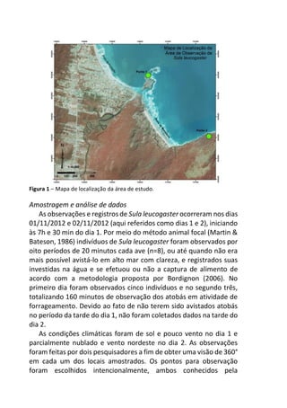 Figura 1 – Mapa de localização da área de estudo.
Amostragem e análise de dados
As observações e registros de Sula leucogaster ocorreram nos dias
01/11/2012 e 02/11/2012 (aqui referidos como dias 1 e 2), iniciando
às 7h e 30 min do dia 1. Por meio do método animal focal (Martin &
Bateson, 1986) indivíduos de Sula leucogaster foram observados por
oito períodos de 20 minutos cada ave (n=8), ou até quando não era
mais possível avistá-lo em alto mar com clareza, e registrados suas
investidas na água e se efetuou ou não a captura de alimento de
acordo com a metodologia proposta por Bordignon (2006). No
primeiro dia foram observados cinco indivíduos e no segundo três,
totalizando 160 minutos de observação dos atobás em atividade de
forrageamento. Devido ao fato de não terem sido avistados atobás
no período da tarde do dia 1, não foram coletados dados na tarde do
dia 2.
As condições climáticas foram de sol e pouco vento no dia 1 e
parcialmente nublado e vento nordeste no dia 2. As observações
foram feitas por dois pesquisadores a fim de obter uma visão de 360°
em cada um dos locais amostrados. Os pontos para observação
foram escolhidos intencionalmente, ambos conhecidos pela
 