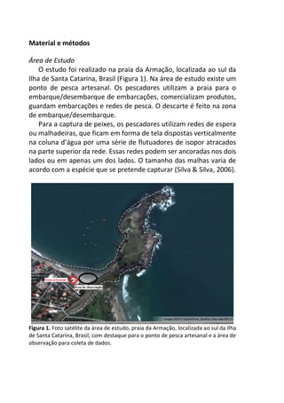 Material e métodos
Área de Estudo
O estudo foi realizado na praia da Armação, localizada ao sul da
Ilha de Santa Catarina, Brasil (Figura 1). Na área de estudo existe um
ponto de pesca artesanal. Os pescadores utilizam a praia para o
embarque/desembarque de embarcações, comercializam produtos,
guardam embarcações e redes de pesca. O descarte é feito na zona
de embarque/desembarque.
Para a captura de peixes, os pescadores utilizam redes de espera
ou malhadeiras, que ficam em forma de tela dispostas verticalmente
na coluna d’água por uma série de flutuadores de isopor atracados
na parte superior da rede. Essas redes podem ser ancoradas nos dois
lados ou em apenas um dos lados. O tamanho das malhas varia de
acordo com a espécie que se pretende capturar (Silva & Silva, 2006).
Figura 1. Foto satélite da área de estudo, praia da Armação, localizada ao sul da Ilha
de Santa Catarina, Brasil, com destaque para o ponto de pesca artesanal e a área de
observação para coleta de dados.
 
