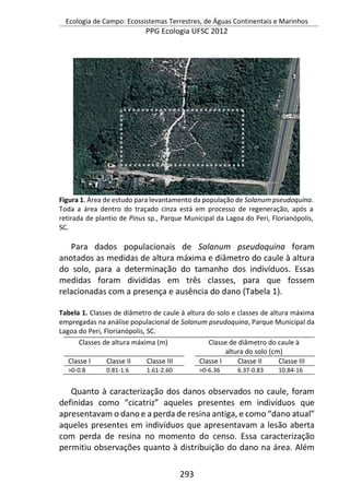 Ecologia de Campo: Ecossistemas Terrestres, de Águas Continentais e Marinhos
PPG Ecologia UFSC 2012
293
Figura 1. Área de estudo para levantamento da população de Solanum pseudoquina.
Toda a área dentro do traçado cinza está em processo de regeneração, após a
retirada de plantio de Pinus sp., Parque Municipal da Lagoa do Peri, Florianópolis,
SC.
Para dados populacionais de Solanum pseudoquina foram
anotados as medidas de altura máxima e diâmetro do caule à altura
do solo, para a determinação do tamanho dos indivíduos. Essas
medidas foram divididas em três classes, para que fossem
relacionadas com a presença e ausência do dano (Tabela 1).
Tabela 1. Classes de diâmetro de caule à altura do solo e classes de altura máxima
empregadas na análise populacional de Solanum pseudoquina, Parque Municipal da
Lagoa do Peri, Florianópolis, SC.
Classes de altura máxima (m) Classe de diâmetro do caule à
altura do solo (cm)
Classe I Classe II Classe III Classe I Classe II Classe III
>0-0.8 0.81-1.6 1.61-2.60 >0-6.36 6.37-0.83 10.84-16
Quanto à caracterização dos danos observados no caule, foram
definidas como “cicatriz” aqueles presentes em indivíduos que
apresentavam o dano e a perda de resina antiga, e como “dano atual”
aqueles presentes em indivíduos que apresentavam a lesão aberta
com perda de resina no momento do censo. Essa caracterização
permitiu observações quanto à distribuição do dano na área. Além
 