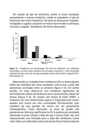Em relação ao tipo de herbivoria, ambas as áreas estudadas
apresentaram a mesma tendência, sendo os raspadores o tipo de
herbivoria com maior freqüência. Na praia se destacaram raspador,
mastigador e sugador, enquanto na mata o tipo minador se destacou
mais que o sugador. Galhadores não foram observados.
Figura 3 – Freqüência em porcentagem do tipo de herbivoria nos indivíduos
amostrados na praia (faixa litorânea da formação arbustiva) e mata (formação
arbórea) das duas áreas de restinga estudadas, Parque Municipal da Lagoa do Peri,
Florianópolis, SC.
Observando-se a relação entre a herbivoria (%) e a dureza (g) das
folhas dos indivíduos das áreas estudadas, nota-se que a praia não
apresentou correlação entre as variáveis (Figura 4 A). Em contra
partida, na mata observa-se uma tendência significativa de
diminuição dos valores de herbivoria com o aumento dos valores de
dureza (Figura 4 B). De acordo com Brown & Ewell (1987), a
herbivoria em uma determinada espécie é frequentemente menor
quando esta ocorre em uma comunidade floristicamente mais
complexa do que quando ela ocorre em um grupamento
monoespecífico. Como observado, as áreas de estudo não
apresentaram diferença significativa no IH. A ausência de correlação
observada na praia reforça a idéia de que a dureza foliar não está
representando uma limitação para a ação dos herbívoros. Como
visto, folhas com diferentes valores de dureza foram herbivoradas de
 