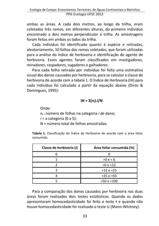 Ecologia de Campo: Ecossistemas Terrestres, de Águas Continentais e Marinhos
PPG Ecologia UFSC 2012
33
ambas as áreas. A cada dois metros, ao longo da trilha, eram
coletados três ramos, em diferentes alturas, do primeiro indivíduo
encontrado a dois metros perpendicular à trilha. As amostragens
foram feitas em ambos os lados da trilha.
Cada indivíduo foi identificado quanto à espécie e retiradas,
aleatoriamente, 10 folhas dos ramos coletados, que foram utilizadas
para a análise do índice de herbivoria e identificação do agente de
herbivoria. Esses agentes foram classificados em mastigadores,
minadores, raspadores, sugadores e galhadores.
Para cada folha retirada por indivíduo foi feita uma estimativa
visual dos danos causados por herbivoria, para se calcular a classe de
herbivoria de acordo com a tabela 1. O Índice de Herbivoria (IH) para
cada indivíduo foi calculado a partir da equação abaixo (Dirzo &
Domingues, 1995):
IH = Ʃ(ni).i/N
Onde:
ni = número de folhas na categoria i de dano;
i = a categoria (0 a 5);
N = número total de folhas amostradas.
Tabela 1. Classificação do Índice de Herbivoria de acordo com a área foliar
consumida.
Classe de herbivoria (i) Área foliar consumida (%)
0 0
1 >0 e < 6
2 >6 e <12
3 >12 e <25
4 >25 e <50
5 >50 e <100
Para a comparação dos danos causados por herbivoria nas duas
áreas foram realizados dois testes estatísticos. Quando os dados
apresentaram homocedasticidade foi feito o teste t e quando não
houve homocedasticidade foi realizado o teste U (Mann-Whitney).
 