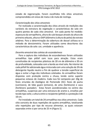 Ecologia de Campo: Ecossistemas Terrestres, de Águas Continentais e Marinhos
PPG Ecologia UFSC 2012
65
estado de regeneração. Foram escolhidos três sítios amostrais
compreendidos em áreas de mata e de mata de restinga.
Caracterização dos sítios amostrais
Foi realizada a caracterização dos sítios através de medições das
variáveis da estrutura da vegetação e características do solo em
quatro pontos de cada sítio amostral. Em cada ponto foi medido:
espessura da serrapilheira, altura do sub-bosque através da altura do
primeiro arbusto, altura e DAP (diâmetro à altura do peito) do estrato
arbóreo. Para a determinação da cobertura de dossel utilizou-se o
método de densiometria. Foram utilizados como descritores das
características do solo: cor, umidade e aparência.
Desenho amostral das coletas de escarabeíneos
Para a captura dos indivíduos de escarabeíneos foram utilizadas
armadilhas tipo pitfall com iscas para atração. Estas eram
constituídas de recipientes plásticos de 20 cm de diâmetro e 20 cm
de profundidade, colocadas com a borda ao nível solo. No interior de
cada pitfall foi adicionada água misturada com uma solução de 3% de
detergente líquido neutro a fim de quebrar a tensão superficial da
água e evitar a fuga dos indivíduos coletados. As armadilhas foram
dispostas com proteção contra a chuva, tendo como suporte
pequenas estacas de madeira. Cada isca foi composta por 20g de
fezes oriundas do Zoológico de Pomerode (SC): fezes de puma
(carnívoro), de lobo guará (onívoro), de anta (herbívoro) e vaca
(herbívoro pastador). Estas foram acondicionadas no centro das
armadilhas, suspensas por uma estrutura de arame e, envoltas por
tecido tipo voile; a altura entre o recipiente (pitfall) e a proteção é de
10 cm.
Foi instalado um total de 24 armadilhas nos sítios amostrais. Cada
sítio consistiu de duas repetições de quatro armadilhas, totalizando
oito repetições por tipo de recurso alimentar, as quais estavam
separadas entre si por cerca de 25 m (Figura 1).
 