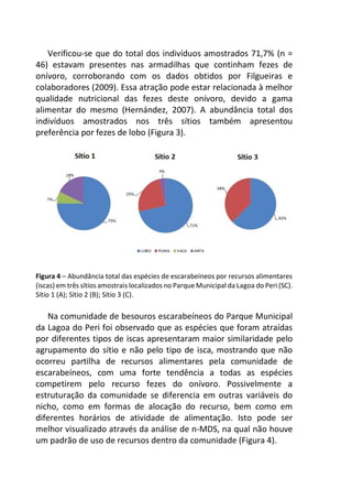 Verificou-se que do total dos indivíduos amostrados 71,7% (n =
46) estavam presentes nas armadilhas que continham fezes de
onívoro, corroborando com os dados obtidos por Filgueiras e
colaboradores (2009). Essa atração pode estar relacionada à melhor
qualidade nutricional das fezes deste onívoro, devido a gama
alimentar do mesmo (Hernández, 2007). A abundância total dos
indivíduos amostrados nos três sítios também apresentou
preferência por fezes de lobo (Figura 3).
Figura 4 – Abundância total das espécies de escarabeíneos por recursos alimentares
(iscas) em três sítios amostrais localizados no Parque Municipal da Lagoa do Peri (SC).
Sítio 1 (A); Sítio 2 (B); Sítio 3 (C).
Na comunidade de besouros escarabeíneos do Parque Municipal
da Lagoa do Peri foi observado que as espécies que foram atraídas
por diferentes tipos de iscas apresentaram maior similaridade pelo
agrupamento do sítio e não pelo tipo de isca, mostrando que não
ocorreu partilha de recursos alimentares pela comunidade de
escarabeíneos, com uma forte tendência a todas as espécies
competirem pelo recurso fezes do onívoro. Possivelmente a
estruturação da comunidade se diferencia em outras variáveis do
nicho, como em formas de alocação do recurso, bem como em
diferentes horários de atividade de alimentação. Isto pode ser
melhor visualizado através da análise de n-MDS, na qual não houve
um padrão de uso de recursos dentro da comunidade (Figura 4).
 