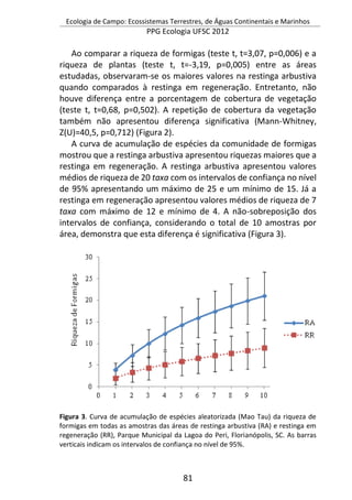 Ecologia de Campo: Ecossistemas Terrestres, de Águas Continentais e Marinhos
PPG Ecologia UFSC 2012
81
Ao comparar a riqueza de formigas (teste t, t=3,07, p=0,006) e a
riqueza de plantas (teste t, t=-3,19, p=0,005) entre as áreas
estudadas, observaram-se os maiores valores na restinga arbustiva
quando comparados à restinga em regeneração. Entretanto, não
houve diferença entre a porcentagem de cobertura de vegetação
(teste t, t=0,68, p=0,502). A repetição de cobertura da vegetação
também não apresentou diferença significativa (Mann-Whitney,
Z(U)=40,5, p=0,712) (Figura 2).
A curva de acumulação de espécies da comunidade de formigas
mostrou que a restinga arbustiva apresentou riquezas maiores que a
restinga em regeneração. A restinga arbustiva apresentou valores
médios de riqueza de 20 taxa com os intervalos de confiança no nível
de 95% apresentando um máximo de 25 e um mínimo de 15. Já a
restinga em regeneração apresentou valores médios de riqueza de 7
taxa com máximo de 12 e mínimo de 4. A não-sobreposição dos
intervalos de confiança, considerando o total de 10 amostras por
área, demonstra que esta diferença é significativa (Figura 3).
Figura 3. Curva de acumulação de espécies aleatorizada (Mao Tau) da riqueza de
formigas em todas as amostras das áreas de restinga arbustiva (RA) e restinga em
regeneração (RR), Parque Municipal da Lagoa do Peri, Florianópolis, SC. As barras
verticais indicam os intervalos de confiança no nível de 95%.
 