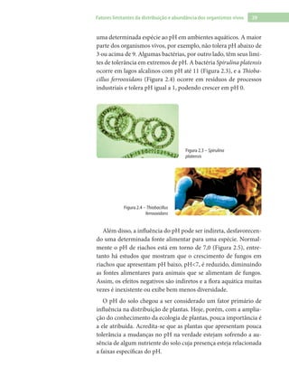 29Fatores limitantes da distribuição e abundância dos organismos vivos
uma determinada espécie ao pH em ambientes aquáticos. A maior
parte dos organismos vivos, por exemplo, não tolera pH abaixo de
3 ou acima de 9. Algumas bactérias, por outro lado, têm seus limi-
tes de tolerância em extremos de pH. A bactéria Spirulina platensis
ocorre em lagos alcalinos com pH até 11 (Figura 2.3), e a Thioba-
cillus ferrooxidans (Figura 2.4) ocorre em resíduos de processos
industriais e tolera pH igual a 1, podendo crescer em pH 0.
Figura 2.3 – Spirulina
platensis
Figura 2.4 – Thiobacillus
ferrooxidans
Além disso, a influência do pH pode ser indireta, desfavorecen-
do uma determinada fonte alimentar para uma espécie. Normal-
mente o pH de riachos está em torno de 7,0 (Figura 2.5), entre-
tanto há estudos que mostram que o crescimento de fungos em
riachos que apresentam pH baixo, pH<7, é reduzido, diminuindo
as fontes alimentares para animais que se alimentam de fungos.
Assim, os efeitos negativos são indiretos e a flora aquática muitas
vezes é inexistente ou exibe bem menos diversidade.
O pH do solo chegou a ser considerado um fator primário de
influência na distribuição de plantas. Hoje, porém, com a amplia-
ção do conhecimento da ecologia de plantas, pouca importância é
a ele atribuída. Acredita-se que as plantas que apresentam pouca
tolerância a mudanças no pH na verdade estejam sofrendo a au-
sência de algum nutriente do solo cuja presença esteja relacionada
a faixas específicas do pH.
 