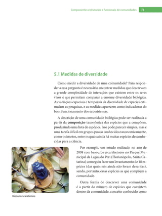 73Componentes estruturais e funcionais de comunidades
5.1 Medidas de diversidade
Como medir a diversidade de uma comunidade? Para respon-
der a essa pergunta é necessário encontrar medidas que descrevam
a grande complexidade de interações que existem entre os seres
vivos e que permitam comparar a enorme diversidade biológica.
As variações espaciais e temporais da diversidade de espécies esti-
mulam as pesquisas, e as medidas aparecem como indicadoras do
bom funcionamento dos ecossistemas.
A descrição de uma comunidade biológica pode ser realizada a
partir da composição taxonômica das espécies que a compõem,
produzindo uma lista de espécies. Isso pode parecer simples, mas é
uma tarefa difícil em grupos pouco conhecidos taxonomicamente,
como os insetos, entre os quais ainda há muitas espécies desconhe-
cidas para a ciência.
Por exemplo, um estudo realizado no ano de
2008 com besouros escarabeíneos no Parque Mu-
nicipal da Lagoa do Peri (Florianópolis, Santa Ca-
tarina) conseguiu fazer um levantamento de 18 es-
pécies (das quais seis ainda não foram descritas),
sendo, portanto, essas espécies as que compõem a
comunidade.
Outra forma de descrever uma comunidade
é a partir do número de espécies que coexistem
dentro da comunidade, conceito conhecido como
Besouro escarabeíneo
 