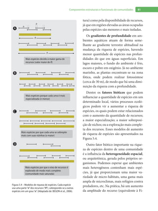 81Componentes estruturais e funcionais de comunidades
tura) como pela disponibilidade de recursos,
já que em regiões elevadas as áreas ocupadas
pelas espécies são menores e mais isoladas.
Os gradientes de profundidade em am-
bientes aquáticos atuam de forma seme-
lhante ao gradiente terrestre altitudinal na
mudança da riqueza de espécies, havendo
menor quantidade de espécies nas profun-
didades do que em águas superficiais. Em
lagos maiores, o fundo do ambiente é frio,
escuro e pobre em oxigênio. Já no ambiente
marinho, as plantas encontram-se na zona
fótica, onde podem realizar fotossíntese
(cerca de 30 m), de modo que há uma dimi-
nuição da riqueza com a profundidade.
Dentre os fatores bióticos que podem
influenciar a quantidade de espécies em um
determinado local, vários processos ecoló-
gicos podem vir a aumentar a riqueza de
espécies, os quais podem estar relacionados
com o aumento da quantidade de recursos;
a maior especialização; a maior sobreposi-
ção de nichos; ou a exploração mais comple-
ta dos recursos. Esses modelos de aumento
de riqueza de espécies são apresentados na
Figura 5.4.
Outro fator biótico importante na rique-
za de espécies dentro de uma comunidade
é a influência da heterogeneidade espacial,
ou arquitetônica, gerada pelos próprios or-
ganismos. Podemos esperar que ambientes
mais heterogêneos contenham mais espé-
cies, já que proporcionam uma maior va-
riedade de micro-hábitats, uma gama mais
ampla de microclimas, mais refúgios contra
predadores, etc. Na prática, há um aumento
da amplitude do recurso (equivalente à Fi-
A
B
C
D
n
o
R
R
Mais espécies devido à maior gama de
recursos (valor maior de R)
Mais espécies porque cada uma é mais
especializada (n menor)
Mais espécies por que cada uma se sobrepõe
mais com suas vizinhas (o maior)
Mais espécies por que o eixo de recursos é
explorado de modo mais completo
(comunidade mais saturada)
Figura 5.4 – Modelos de riqueza de espécies. Cada espécie
usa uma parte“n”dos recursos (“R”), sobrepondo-se a outras
espécies em um grau“o”. (Adaptado de: BEGON et al., 2006).
 