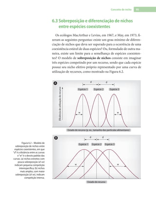 95Conceito de nicho
6.3 Sobreposição e diferenciação de nichos
entre espécies coexistentes
Os ecólogos MacArthur e Levins, em 1967, e May, em 1973, fi-
zeram as seguintes perguntas: existe um grau mínimo de diferen-
ciação de nichos que deva ser superado para a ocorrência de uma
coexistência estável de duas espécies? Ou, formulado de outra ma-
neira, existe um limite para a semelhança de espécies coexisten-
tes? O modelo de sobreposição de nichos consiste em imaginar
três espécies competindo por um recurso, sendo que cada espécie
possui seu nicho efetivo próprio representado por uma curva de
utilização de recursos, como mostrado na Figura 6.2.
w w
Estado do recurso
d
Espécie 1 Espécie 2 Espécie 3
d
w w
Espécie 1 Espécie 2 Espécie 3
Estado do recurso (p. ex., tamanho das partículas alimentares)
Eﬁciênciadeutilizaçãodorecurso
dd
A
B
Figura 6.2 – Modelo de
sobreposição de nichos entre
espécies coexistentes, em que
“d”é a distância entre as curvas
e“w”é o desvio padrão das
curvas. (a) nichos estreitos com
pouca sobreposição (d>w)
indicam pequena competição
interespecífica; (b) nichos
mais amplos, com maior
sobreposição (d<w), indicam
competição intensa.
 