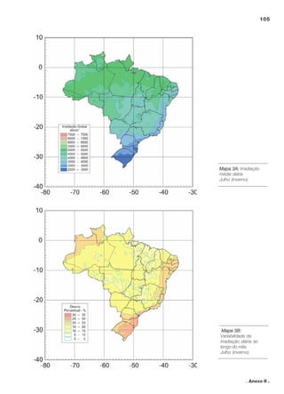 105

Mapa 3A: Irradiação
média diária
Julho (inverno).

Mapa 3B:
Variabilidade da
irradiação diária ao
longo do mês
Julho (inverno).

. Anexo II .

 