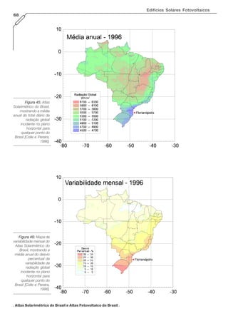 Edifícios Solares Fotovoltaicos
68

Figura 45: Atlas
Solarimétrico do Brasil,
mostrando a média
anual do total diário da
radiação global
incidente no plano
horizontal para
qualquer ponto do
Brasil [Colle e Pereira,
1996].

Figura 46: Mapa de
variabilidade mensal do
Atlas Solarimétrico do
Brasil, mostrando a
média anual do desvio
percentual da
variabilidade da
radiação global
incidente no plano
horizontal para
qualquer ponto do
Brasil [Colle e Pereira,
1996].

. Atlas Solarimétrico do Brasil e Atlas Fotovoltaico do Brasil .

 
