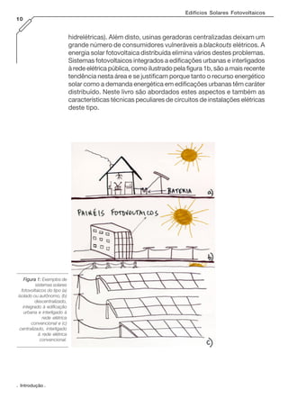 . Introdução .
Edifícios Solares Fotovoltaicos
10
hidrelétricas). Além disto, usinas geradoras centralizadas deixam um
grande número de consumidores vulneráveis a blackouts elétricos. A
energia solar fotovoltaica distribuída elimina vários destes problemas.
Sistemas fotovoltaicos integrados a edificações urbanas e interligados
à rede elétrica pública, como ilustrado pela figura 1b, são a mais recente
tendência nesta área e se justificam porque tanto o recurso energético
solar como a demanda energética em edificações urbanas têm caráter
distribuído. Neste livro são abordados estes aspectos e também as
características técnicas peculiares de circuitos de instalações elétricas
deste tipo.
Figura 1:Figura 1:Figura 1:Figura 1:Figura 1: Exemplos de
sistemas solares
fotovoltaicos do tipo (a)
isolado ou autônomo, (b)
descentralizado,
integrado à edificação
urbana e interligado à
rede elétrica
convencional e (c)
centralizado, interligado
à rede elétrica
convencional.
 